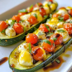 To make Margherita Zucchini Boats, you will need: - 4 medium zucchinis - 1 cup cherry tomatoes, halved - 1 cup fresh mozzarella balls, halved - 1/4 cup fresh basil, chopped - 2 tablespoons olive oil - 1 teaspoon garlic powder - Salt and pepper, to taste - Balsamic glaze (for drizzling) You can change up the recipe by adding: - Cooked Italian sausage for protein - Sliced olives for extra flavor - Red pepper flakes for some heat - Grated Parmesan cheese for a savory touch These tools will help you make the recipe: - A sharp knife for slicing the zucchinis - A spoon for scooping out the insides - A mixing bowl for your filling - A baking sheet for cooking the boats - Parchment paper to line your baking sheet {{ingredient_image_1}} First, preheat your oven to 375°F (190°C). Take four medium zucchinis and slice each one in half lengthwise. Use a spoon to scoop out the center. This creates a boat shape. Make sure to keep the scooped-out flesh for later. Set the zucchini halves aside. In a bowl, combine one cup of halved cherry tomatoes and one cup of halved fresh mozzarella balls. Add the reserved zucchini flesh and 1/4 cup of chopped fresh basil. Drizzle two tablespoons of olive oil over the mix. Sprinkle one teaspoon of garlic powder, along with salt and pepper to taste. Toss everything together gently until well mixed. Spoon the filling evenly into each zucchini boat. Make sure to fill them generously. Place the filled boats on a baking sheet lined with parchment paper. Bake them in the oven for 20 to 25 minutes. Look for the zucchinis to be tender and the cheese to be bubbly and golden. Once done, take them out and let them cool for a few minutes. Drizzle with balsamic glaze before serving. Cooking zucchini boats takes about 20 to 25 minutes. Keep an eye on them. If your oven runs hot, check them at 15 minutes. This helps avoid overcooking. You want the zucchini soft but not mushy. The cheese should bubble and turn golden. If you like it crispier, add a few extra minutes. Always adjust to your taste! Serve these zucchini boats warm for the best flavor. They look great on a colorful platter. Garnish with fresh basil leaves for a pop of color. You can pair them with a side salad or garlic bread. This makes a light meal or a fun appetizer. Everyone loves them! For gooey, melted cheese, use fresh mozzarella. It melts beautifully and tastes great. Make sure to cut the cheese into small pieces. This helps it melt evenly. Drizzle a little olive oil over the cheese before baking. This adds extra flavor and keeps it moist. If you want a crispy top, broil the boats for a minute after baking. Just watch closely to avoid burning! Pro Tips Choose Firm Zucchini: Select zucchinis that are firm and free of blemishes for the best texture and flavor. Season Generously: Don’t skimp on the salt and pepper; seasoning enhances the natural flavors of the vegetables. Experiment with Fillings: Feel free to add other ingredients like olives or cooked sausage to the filling for extra flavor. Serve Immediately: These zucchini boats are best enjoyed fresh from the oven while the cheese is gooey and delicious. {{image_2}} You can make Margherita Zucchini Boats even tastier with vegetarian swaps. Add roasted bell peppers or spinach to the filling. These veggies bring extra flavor and color. You can also use different cheeses. Try goat cheese or feta for a tangy twist. If you want, mix in some cooked quinoa for extra protein. This makes the dish heartier and more filling. To make these zucchini boats vegan, swap mozzarella for vegan cheese. Many brands offer great meltable options. You can also skip the cheese and use a rich avocado spread instead. This adds creaminess without dairy. For extra flavor, add nutritional yeast to the filling. It adds a cheesy taste without using real cheese. Want to jazz up your zucchini boats? Try adding a sprinkle of red pepper flakes for heat. Chopped olives can add a briny touch. You can also drizzle a bit of pesto on top for added depth. For a sweeter touch, roasted garlic can be a nice addition. Experiment with different herbs, too! Thyme, oregano, or even parsley can change the whole vibe of the dish. Store your Margherita zucchini boats in an airtight container. They stay fresh for about 3 days in the fridge. Make sure the boats cool down before sealing. This helps keep them from getting soggy. You can freeze these zucchini boats if you want to save some for later. First, let them cool completely. Then, place them in a freezer-safe container or wrap them tightly in plastic wrap. They can last up to 3 months in the freezer. When you're ready to eat, thaw them in the fridge overnight. To reheat your zucchini boats, preheat your oven to 350°F (175°C). Place the boats on a baking sheet. Bake for about 15-20 minutes. This warms them evenly. If you're in a hurry, you can use the microwave. Heat them for 1-2 minutes, but the oven makes them taste better. Just be careful not to overheat them, or the zucchini may get mushy. Yes, you can use other veggies. Bell peppers, eggplant, or even large mushrooms work well. These options add different flavors and textures. Each choice may need slight cooking time changes. Experiment and see what you like best! If you need a mozzarella substitute, try using goat cheese or feta. Both add a nice tang. You can also use dairy-free cheese if you want a vegan option. Just pick a cheese that melts well for the best results. These zucchini boats last about 3 to 5 days in the fridge. Store them in an airtight container. If you want to keep them longer, consider freezing them. Just remember to reheat them well before serving. In this post, we covered all you need for great zucchini boats. We discussed the key ingredients, optional add-ins, and the tools you'll need. I shared simple steps for preparation and baking, plus tips for perfect results. Variations can cater to any diet, and I included storage and reheating options. Now, you can enjoy delicious zucchini boats anytime. Customize them, share them, or store them for later. Experiment and make this dish your own!