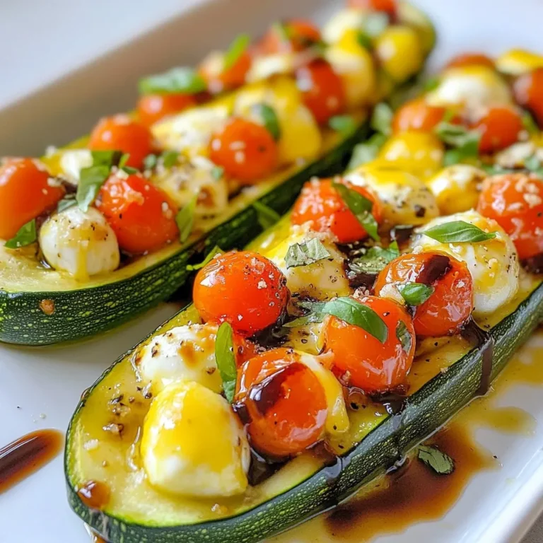 To make Margherita Zucchini Boats, you will need: - 4 medium zucchinis - 1 cup cherry tomatoes, halved - 1 cup fresh mozzarella balls, halved - 1/4 cup fresh basil, chopped - 2 tablespoons olive oil - 1 teaspoon garlic powder - Salt and pepper, to taste - Balsamic glaze (for drizzling) You can change up the recipe by adding: - Cooked Italian sausage for protein - Sliced olives for extra flavor - Red pepper flakes for some heat - Grated Parmesan cheese for a savory touch These tools will help you make the recipe: - A sharp knife for slicing the zucchinis - A spoon for scooping out the insides - A mixing bowl for your filling - A baking sheet for cooking the boats - Parchment paper to line your baking sheet {{ingredient_image_1}} First, preheat your oven to 375°F (190°C). Take four medium zucchinis and slice each one in half lengthwise. Use a spoon to scoop out the center. This creates a boat shape. Make sure to keep the scooped-out flesh for later. Set the zucchini halves aside. In a bowl, combine one cup of halved cherry tomatoes and one cup of halved fresh mozzarella balls. Add the reserved zucchini flesh and 1/4 cup of chopped fresh basil. Drizzle two tablespoons of olive oil over the mix. Sprinkle one teaspoon of garlic powder, along with salt and pepper to taste. Toss everything together gently until well mixed. Spoon the filling evenly into each zucchini boat. Make sure to fill them generously. Place the filled boats on a baking sheet lined with parchment paper. Bake them in the oven for 20 to 25 minutes. Look for the zucchinis to be tender and the cheese to be bubbly and golden. Once done, take them out and let them cool for a few minutes. Drizzle with balsamic glaze before serving. Cooking zucchini boats takes about 20 to 25 minutes. Keep an eye on them. If your oven runs hot, check them at 15 minutes. This helps avoid overcooking. You want the zucchini soft but not mushy. The cheese should bubble and turn golden. If you like it crispier, add a few extra minutes. Always adjust to your taste! Serve these zucchini boats warm for the best flavor. They look great on a colorful platter. Garnish with fresh basil leaves for a pop of color. You can pair them with a side salad or garlic bread. This makes a light meal or a fun appetizer. Everyone loves them! For gooey, melted cheese, use fresh mozzarella. It melts beautifully and tastes great. Make sure to cut the cheese into small pieces. This helps it melt evenly. Drizzle a little olive oil over the cheese before baking. This adds extra flavor and keeps it moist. If you want a crispy top, broil the boats for a minute after baking. Just watch closely to avoid burning! Pro Tips Choose Firm Zucchini: Select zucchinis that are firm and free of blemishes for the best texture and flavor. Season Generously: Don’t skimp on the salt and pepper; seasoning enhances the natural flavors of the vegetables. Experiment with Fillings: Feel free to add other ingredients like olives or cooked sausage to the filling for extra flavor. Serve Immediately: These zucchini boats are best enjoyed fresh from the oven while the cheese is gooey and delicious. {{image_2}} You can make Margherita Zucchini Boats even tastier with vegetarian swaps. Add roasted bell peppers or spinach to the filling. These veggies bring extra flavor and color. You can also use different cheeses. Try goat cheese or feta for a tangy twist. If you want, mix in some cooked quinoa for extra protein. This makes the dish heartier and more filling. To make these zucchini boats vegan, swap mozzarella for vegan cheese. Many brands offer great meltable options. You can also skip the cheese and use a rich avocado spread instead. This adds creaminess without dairy. For extra flavor, add nutritional yeast to the filling. It adds a cheesy taste without using real cheese. Want to jazz up your zucchini boats? Try adding a sprinkle of red pepper flakes for heat. Chopped olives can add a briny touch. You can also drizzle a bit of pesto on top for added depth. For a sweeter touch, roasted garlic can be a nice addition. Experiment with different herbs, too! Thyme, oregano, or even parsley can change the whole vibe of the dish. Store your Margherita zucchini boats in an airtight container. They stay fresh for about 3 days in the fridge. Make sure the boats cool down before sealing. This helps keep them from getting soggy. You can freeze these zucchini boats if you want to save some for later. First, let them cool completely. Then, place them in a freezer-safe container or wrap them tightly in plastic wrap. They can last up to 3 months in the freezer. When you're ready to eat, thaw them in the fridge overnight. To reheat your zucchini boats, preheat your oven to 350°F (175°C). Place the boats on a baking sheet. Bake for about 15-20 minutes. This warms them evenly. If you're in a hurry, you can use the microwave. Heat them for 1-2 minutes, but the oven makes them taste better. Just be careful not to overheat them, or the zucchini may get mushy. Yes, you can use other veggies. Bell peppers, eggplant, or even large mushrooms work well. These options add different flavors and textures. Each choice may need slight cooking time changes. Experiment and see what you like best! If you need a mozzarella substitute, try using goat cheese or feta. Both add a nice tang. You can also use dairy-free cheese if you want a vegan option. Just pick a cheese that melts well for the best results. These zucchini boats last about 3 to 5 days in the fridge. Store them in an airtight container. If you want to keep them longer, consider freezing them. Just remember to reheat them well before serving. In this post, we covered all you need for great zucchini boats. We discussed the key ingredients, optional add-ins, and the tools you'll need. I shared simple steps for preparation and baking, plus tips for perfect results. Variations can cater to any diet, and I included storage and reheating options. Now, you can enjoy delicious zucchini boats anytime. Customize them, share them, or store them for later. Experiment and make this dish your own!