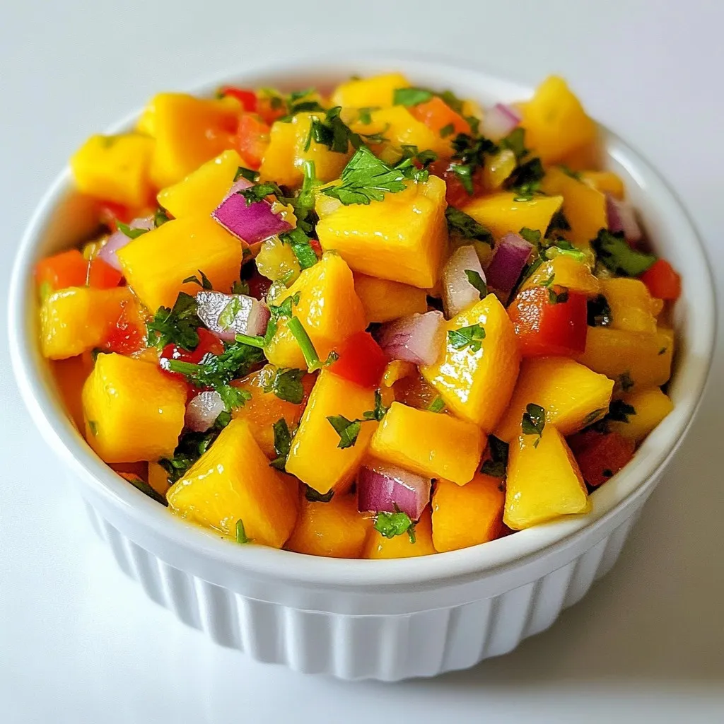 - 1 ripe mango, diced - 1 small habanero pepper, minced (adjust for heat preference) - 1/2 red onion, finely chopped - 1/2 red bell pepper, diced - 1 garlic clove, minced - 2 tablespoons fresh cilantro, chopped - Juice of 1 lime - Salt to taste The right ingredients make this salsa pop with flavor. A ripe mango is sweet and juicy. Its bright yellow color adds beauty to your dish. The habanero pepper brings heat. It has a fruity flavor, too. You can adjust the amount for your taste. Red onion offers a sharp taste, while red bell pepper adds crunch. Garlic gives depth to the mix. Fresh cilantro adds a refreshing touch. The lime juice brightens everything up. Salt helps to enhance all the flavors. Together, these ingredients create a delightful salsa. - Mixing bowl - Knife and cutting board - Measuring spoons You need a few simple tools to make this salsa. A mixing bowl helps combine all your fresh ingredients. A knife and cutting board are essential for chopping. Make sure your knife is sharp for easy dicing. Measuring spoons ensure you add the right amount of lime juice and salt. These tools make the process smooth and fun. {{ingredient_image_1}} How to dice the mango To dice the mango, start by peeling it. Hold the mango upright on a cutting board. Cut down along the pit to remove the flesh. Then, slice the flesh into small cubes by cutting vertically and horizontally. Finally, scoop the cubes into a mixing bowl. Minced habanero pepper details When using a habanero, wear gloves to protect your hands. Cut the top off and slice it in half. Remove the seeds for less heat. Mince the pepper finely and add it to the bowl with the diced mango. Adjust the amount based on your heat preference. Chopping red onion and red bell pepper For the red onion, slice it in half and peel off the skin. Chop it into small pieces. For the red bell pepper, cut it in half, remove the seeds, and dice it into small cubes. Combine both the onion and bell pepper in the bowl. Combining ingredients in a bowl Now that your ingredients are ready, add the minced garlic and chopped cilantro to the bowl. Squeeze the juice of one lime over all the ingredients. This adds a fresh zing to your salsa. Gently toss everything together until well mixed. Importance of seasoning with salt Season the salsa with salt to enhance its flavors. Start with a small pinch and mix it in. Taste your salsa and adjust the salt as needed. Remember, a little salt can make a big difference in flavor. Recommended resting time Let the salsa sit for at least 15 minutes before serving. This resting time allows the flavors to blend together. It makes the salsa taste even better when served. Tips for serving Serve the salsa with tortilla chips or on tacos. You can also use it as a topping for grilled chicken or fish. For a fun twist, try serving it in small cups for a party. Enjoy the zesty and flavorful delight! To change the heat of your salsa, you can add or reduce habanero. For a milder taste, remove the seeds. The seeds hold a lot of heat. You can also use half a pepper instead of a whole one. This makes the salsa more friendly for sensitive taste buds. You can make your salsa even better by adding more ingredients. Try adding diced pineapple for a sweet twist. A splash of apple cider vinegar can bring a nice zing. Fresh herbs like mint or basil can also add a new layer of flavor. For spices, consider adding cumin or smoked paprika. These will deepen the taste and give a unique twist. When serving salsa, use a colorful bowl to make it pop. Pair it with tortilla chips or grilled meats for a great mix. You can also use small glasses for individual servings. For a nice touch, garnish with extra cilantro or lime wedges. This makes your dish look more appealing and fun! Pro Tips Choose the Right Mango: For the best flavor, select a ripe mango that gives slightly when pressed. This indicates it's juicy and sweet. Adjusting Heat Level: If you're not a fan of too much heat, consider using only half of the habanero or substituting it with a milder pepper like jalapeño. Fresh Ingredients Matter: Using fresh cilantro and lime juice will significantly enhance the overall flavor of the salsa, making it taste vibrant and refreshing. Rest for Flavor: Allowing the salsa to sit for at least 15 minutes before serving lets the flavors meld together beautifully, enhancing the taste. {{image_2}} You can mix up the flavors of your Mango Habanero Salsa by swapping some ingredients. - Alternatives to mango: Try using ripe peaches or pineapple for a sweet twist. These fruits add a fun and juicy flavor. - Other peppers to consider: If you want less heat, use jalapeños instead. For more spice, try Thai bird's eye chilies. Pair this salsa with many dishes for a burst of flavor. - Best dishes to pair with salsa: It goes great with grilled chicken, fish tacos, or chips. You can also serve it on top of grilled steak for a fresh kick. - Creative uses in recipes: Add it to salads for a zesty dressing or mix it into rice for an exciting side dish. Using seasonal fruits makes your salsa even more special. - Using seasonal fruits: In summer, add diced strawberries or ripe tomatoes. In fall, think about apples or pears for a unique taste. - Adapting for holidays or gatherings: For festive times, add pomegranate seeds or cranberries. This will give your salsa a holiday flair that everyone will love. To keep your leftover salsa fresh, store it in the fridge. Use an airtight container. This helps keep the flavors strong and prevents spills. If you have a glass jar, that's a great choice too. The salsa can stay fresh for days if stored right. Yes, you can freeze mango habanero salsa! Just make sure to use a freezer-safe container. Leave some space at the top for the salsa to expand. When you want to use it, thaw it overnight in the fridge. You can also place it in cold water for a quicker thaw. Once thawed, stir it well before using. This will help the flavors mix back together. In the fridge, your mango habanero salsa lasts about 3 to 5 days. After that, check for signs of spoilage. If you see mold or notice an off smell, it’s best to throw it away. Fresh salsa should smell vibrant and fruity. Always trust your senses! Mango habanero salsa adds a zesty kick to many dishes. You can use it as a dip for tortilla chips. It also pairs well with grilled chicken or fish. Try it on tacos for a fresh twist. This salsa complements rice bowls and salads nicely too. The sweet mango balances the heat of the habanero. You can even drizzle it over roasted vegetables for extra flavor. Yes, you can swap mango for other fruits. Pineapple adds a tropical twist. Peaches or nectarines work well too. You can even try using papaya for a different taste. Each fruit brings its own flavor and sweetness. Just keep the habanero for that spicy kick. Adjust the other ingredients to match the fruit you pick. Mango habanero salsa has a good heat level. Habanero peppers are quite spicy, so use them with care. If you want less heat, remove the seeds before chopping. You can also use less pepper in the recipe. For a milder salsa, consider using jalapeños instead. Always taste as you mix to find your perfect balance. This blog post covered how to make mango habanero salsa. Fresh ingredients like ripe mango and habanero pepper create bold flavors. I shared step-by-step directions for preparation and mixing. Tips to adjust heat levels and enhance taste were provided. You learned fun serving ideas and how to store salsa properly, too. In the end, this salsa is versatile, tasty, and easy to make. Enjoy crafting your unique batch!