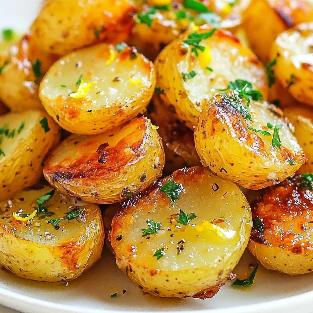 - 2 pounds baby potatoes - 4 cloves garlic - 1/4 cup olive oil - 2 tablespoons fresh lemon juice - Zest of 1 lemon - 1 teaspoon dried oregano - 1 teaspoon paprika - Salt and pepper to taste - Fresh parsley, chopped (for garnish) - Mixing bowl - Baking sheet - Parchment paper - Measuring cups and spoons Gathering your ingredients is the first step to making these tasty lemon garlic roasted potatoes. Start with 2 pounds of baby potatoes. They are small and cook evenly. Cut them in half so they roast well. Next, get 4 cloves of garlic and mince them. Garlic adds a lovely flavor. You will also need 1/4 cup of olive oil. This will help the potatoes get crispy. You’ll want fresh lemon juice and zest for that bright taste. Measure out 2 tablespoons of lemon juice and zest one lemon. Add 1 teaspoon each of dried oregano and paprika to give it a nice kick. Don’t forget salt and pepper to taste. Finally, chop some fresh parsley for garnish. It makes the dish look great and adds freshness. For tools, you will need a mixing bowl to combine everything. A baking sheet lined with parchment paper helps with cleanup. Use measuring cups and spoons to get the amounts just right. With these ingredients and tools, you're ready to make a delicious dish! {{ingredient_image_1}} - Halve the baby potatoes. - Mince the garlic. - Measure out the olive oil and lemon juice. Start by cutting the baby potatoes in half. This helps them cook evenly. Next, mince the garlic. Fresh garlic adds a strong flavor. Finally, measure out the olive oil and lemon juice. These liquids help the potatoes get crispy. - Combine ingredients in a mixing bowl. - Toss until evenly coated. In a large bowl, add the halved potatoes, minced garlic, olive oil, lemon juice, lemon zest, oregano, paprika, salt, and pepper. Mix all the ingredients together. Toss the potatoes until they are fully coated. This step ensures every bite is full of flavor. - Spread on a baking sheet. - Roast in the oven. - Stir halfway through cooking. Line a baking sheet with parchment paper. This makes cleanup easy. Spread the potatoes in a single layer. Place the baking sheet in the oven. Roast at 425°F (220°C) for 25-30 minutes. Stir the potatoes halfway through to ensure they roast evenly. You’ll know they’re done when they're golden brown and crispy. To get that nice crispy texture, space your potatoes on the baking sheet. If they are too close, they will steam, not roast. Aim for a single layer. This helps them brown evenly. The size of your potatoes matters too. If you use larger potatoes, they may need more time. Cut them smaller if you want them to cook faster. You can switch up the flavors by adding herbs or spices. Try rosemary or thyme for a fresh twist. For a kick, add red pepper flakes. You can also marinate the potatoes in different sauces. A balsamic glaze or a spicy mustard can add a whole new level of taste. These roasted potatoes go great with many main dishes. They pair well with grilled chicken or fish. You can serve them with a fresh salad for a light meal. For leftovers, keep them in the fridge. Reheat them in the oven to keep them crispy. You can also toss them into a breakfast hash or a veggie bowl. Pro Tips Choose the Right Potatoes: For the best texture and flavor, use waxy baby potatoes like Yukon Gold or fingerlings, as they hold their shape well during roasting. Preheat the Baking Sheet: Place your baking sheet in the oven while it's preheating. This helps to give the potatoes a nice crispiness right from the start. Experiment with Seasonings: Don’t hesitate to customize the spices! Try adding rosemary or thyme for a different flavor profile. Let Them Rest: Allow the roasted potatoes to sit for a few minutes after removing them from the oven. This helps to enhance their flavor as they cool slightly. {{image_2}} You can make lemon garlic roasted potatoes even better. Try adding fresh herbs like rosemary or thyme. These herbs bring a nice fragrance and taste. Simply chop them up and mix them in with your potatoes. Use about one to two teaspoons of each herb. This twist adds depth to the flavor and makes the dish more special. If you like a kick, add heat to your roasted potatoes. Red pepper flakes or chili powder work well. Just sprinkle in about half a teaspoon, or more if you enjoy spicy food. This addition gives a bold flavor that complements the lemon and garlic. You’ll enjoy a nice balance with each bite. For a cheesy twist, consider adding cheese on top. Parmesan or feta cheese melts nicely and adds a savory touch. Grate or crumble cheese over the potatoes before roasting. You can use about half a cup of cheese. This variation creates a creamy texture that pairs beautifully with the crispy potatoes. To store leftovers, place the cooled potatoes in an airtight container. You can keep them in the fridge for up to three days. After that, they may lose their taste and texture. Always check for any off smells or signs of spoilage before using. For reheating, the oven works best. Preheat it to 400°F (200°C). Spread the potatoes on a baking sheet and heat for about 10-15 minutes. This method helps them stay crispy. If you're short on time, you can use a microwave, but it may cause sogginess. If you choose this method, heat them in short bursts. Check every 30 seconds to avoid overcooking. Enjoy your lemon garlic roasted potatoes warm! Yes, you can use regular potatoes. Just cut them into smaller pieces. Baby potatoes cook faster than regular ones. If you use larger potatoes, increase the cooking time. Always check for doneness by piercing with a fork. Look for a golden brown color. The potatoes should be crispy on the outside. You can also poke them with a fork. If it slides in easily, the potatoes are done. Stir them halfway through cooking for even browning. You can prep these potatoes ahead of time. Cut and coat them a few hours before cooking. Store them in the fridge until you are ready to roast. To reheat, simply put them back in the oven. This keeps them crispy and tasty. You now have a complete guide to making delicious roasted baby potatoes. We covered all the essential ingredients, tools, and step-by-step instructions. Remember to space your potatoes on the baking sheet for that perfect crunch. You can also explore fun variations, like spicy or cheesy options, to suit your taste. Don't forget the storage tips for maximizing flavor. Try these methods, and enjoy your tasty potatoes! You will impress your friends and family with this simple dish. Happy cooking!