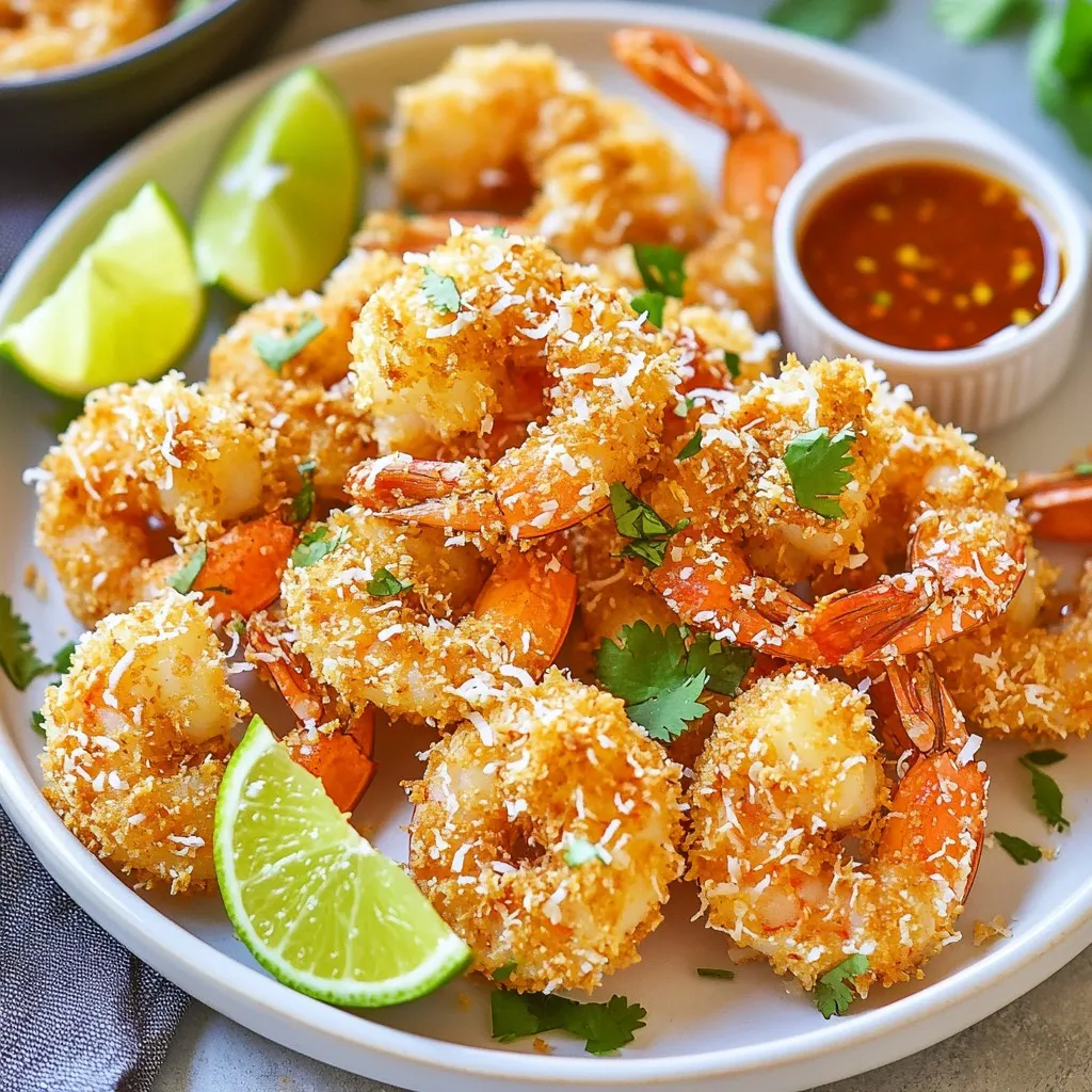 - 1 pound large shrimp, peeled and deveined - 1 cup shredded coconut (unsweetened) - 1 cup panko breadcrumbs - 1/2 cup all-purpose flour - 2 large eggs - 1 teaspoon garlic powder - 1 teaspoon paprika - Salt and pepper to taste - Cooking spray for air frying When I make air fryer coconut shrimp, I focus on using fresh and high-quality ingredients. The shrimp should be large, peeled, and deveined for the best results. This helps them cook evenly and gives a nice bite. The coating is key to achieving that crunchy texture. I love using unsweetened shredded coconut. It provides a rich flavor without extra sweetness. Panko breadcrumbs add an airy crispness that’s hard to resist. For seasoning, I use all-purpose flour, garlic powder, and paprika. This mix gives the shrimp a great taste. I also add salt and pepper to balance the flavors. The eggs bind everything together, ensuring the coating sticks well. Finally, don't forget the cooking spray. It helps the shrimp brown nicely in the air fryer. With these ingredients, you can create a delightful snack that’s crispy and packed with flavor. {{ingredient_image_1}} - In a shallow bowl, mix together 1/2 cup of all-purpose flour, 1 teaspoon of garlic powder, 1 teaspoon of paprika, salt, and pepper. This is your seasoned flour. - In a second bowl, crack and beat 2 large eggs until they are well mixed. - In a third bowl, combine 1 cup of shredded coconut and 1 cup of panko breadcrumbs. This mixture is your coconut coating. - Take one pound of large shrimp, peeled and deveined. Start by coating the shrimp in the seasoned flour. Shake off any extra flour. - Next, dip the floured shrimp into the beaten eggs. Let any excess egg drip off. - Finally, coat the shrimp in the coconut and panko mixture. Press gently so the coating sticks well. - Preheat your air fryer to 400°F (200°C). - Place the coated shrimp in a single layer in the air fryer basket. Make sure they do not touch. - Lightly spray the shrimp with cooking spray. This helps them brown evenly. - Cook the shrimp for about 8-10 minutes. Flip them halfway through for even cooking. They should be golden and cooked through. - Once done, take the shrimp out and let them cool slightly before serving. To get that perfect crispiness, you must avoid sogginess. Here are some tips: - Use dry shrimp: Pat the shrimp with paper towels before coating. This helps remove excess moisture. - Layering matters: Do not stack the shrimp in the air fryer. Keep them in a single layer for even cooking. Cooking spray is key! It promotes browning and gives a nice crunch. Lightly spray the shrimp before cooking. This small step makes a big difference. Dipping sauces enhance the flavor of coconut shrimp. Here are my top picks: - Sweet chili sauce: Its sweet and spicy balance pairs well with the shrimp. - Tartar sauce: A creamy option for those who love a classic touch. For presentation, serve the shrimp on a nice platter. Add lime wedges and fresh cilantro for color. This not only looks great but also adds fresh flavor. To ensure even cooking, follow these tips: - Preheat your air fryer: This step helps the shrimp cook evenly. - Don’t overcrowd: Air needs space to circulate. This ensures all sides get crispy. For air fryer models, I recommend brands like Philips or Ninja. They offer great performance and even heating. Choose one that fits your kitchen and cooking style. Pro Tips Use Fresh Shrimp: Fresh shrimp will provide the best flavor and texture. If using frozen shrimp, ensure they are fully thawed and patted dry before breading. Adjust Coconut Sweetness: If you prefer a sweeter coconut shrimp, consider using sweetened shredded coconut or serving with a sweet dipping sauce. Don’t Overcrowd the Air Fryer: For optimal cooking, arrange the shrimp in a single layer without overlapping. This allows for even cooking and crispiness. Experiment with Seasonings: Feel free to customize the seasoning in the flour mixture by adding spices like cayenne pepper for heat or lemon zest for brightness. {{image_2}} You can change up the flavor of your coconut shrimp easily. Try adding spices to the breading mix. A touch of cayenne pepper adds heat. Some fresh herbs like cilantro or parsley can bring a fresh taste. Using different types of shrimp also helps. You can use smaller shrimp for bite-sized snacks. Larger shrimp give a more satisfying crunch. Just remember to adjust the cooking time based on size. If you need gluten-free options, swap the regular flour and breadcrumbs. Use almond flour in place of all-purpose flour. For the coating, crushed gluten-free cereal works well too. For vegan alternatives, use chickpea flour instead of eggs. You can also coat the shrimp in coconut milk. This keeps the shrimp moist and helps the breading stick. Coconut shrimp pairs well with many sides. Try serving it with rice or a fresh salad. A tangy mango salsa adds a nice touch too. You can also explore complementary recipes. A zesty coleslaw or roasted veggies make great companions. Consider making a dipping sauce, like sweet chili or a spicy aioli. These add extra flavor and excitement to your meal! After you enjoy your air fryer coconut shrimp, store any leftovers in the fridge. Place the shrimp in an airtight container. This keeps them fresh and tasty. Try to eat them within three days for the best flavor. When reheating, I recommend using the air fryer. Set it to 350°F (175°C) and heat for about 5 minutes. This helps restore the crispiness. You can also use a microwave, but it may make the shrimp soggy. If you want to save shrimp for later, freezing is a great option. First, let the shrimp cool completely. Then, place them in a single layer on a baking sheet. Freeze for about one hour. After that, transfer them to a freezer-safe bag. This helps prevent sticking. When you’re ready to eat, thaw them in the fridge overnight. To reheat, use the air fryer at 350°F (175°C) for about 8-10 minutes. In the refrigerator, your coconut shrimp can last for about three days. Be sure to check for signs of spoilage. If the shrimp smell off or look discolored, it’s best to throw them away. Always trust your senses when it comes to food safety. Keeping shrimp properly stored helps maintain their delicious flavor. To make air fryer coconut shrimp gluten-free, you can swap regular flour and breadcrumbs. Use almond flour or coconut flour instead of all-purpose flour. For breading, use gluten-free panko breadcrumbs. These options keep the texture crispy while ensuring no gluten is present. To prevent sticking, I recommend using parchment paper or silicone mats. Cut the parchment to fit your air fryer basket. This helps make cleanup easy and stops the shrimp from sticking. Also, spray a light coat of cooking spray on the basket before adding shrimp. This adds a nice crisp and keeps everything moving smoothly. Yes, you can prepare air fryer coconut shrimp ahead of time. You can coat the shrimp and store them in the fridge for a few hours. When you're ready to cook, just pull them out and air fry as usual. If you want to freeze, lay them flat on a baking sheet first and freeze for an hour. Once frozen, transfer to a bag. Reheat directly in the air fryer for best results. This blog covered how to make crispy air fryer coconut shrimp. We explored ingredients, step-by-step cooking, and helpful tips for perfect results. Remember to choose the right coating and seasonings for taste. You can also try variations to suit your diet or add flair. With proper storage, leftovers can be enjoyed later. Use the FAQs to guide your cooking journey. Enjoy your shrimp and share your delicious results!