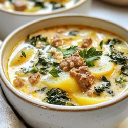 - 1 lb turkey sausage, crumbled - 1 medium onion, diced - 3 cloves garlic, minced - 4 cups chicken broth - 2 large potatoes, thinly sliced - 1 cup kale, chopped - 1 cup heavy cream - 2 tablespoons olive oil To create a rich and hearty soup, start with turkey sausage. It adds great flavor without excess fat. The vegetables bring color and texture. Onions and garlic provide a warm base. Thinly sliced potatoes make the soup filling. Chopped kale adds nutrition and a pop of green. Finally, chicken broth and heavy cream create a creamy, savory blend. - 1 teaspoon red pepper flakes (adjust for spice preference) - Salt and pepper to taste - Fresh parsley, chopped (for garnish) Now, let’s season the soup. Red pepper flakes give it a nice kick. Adjust the amount based on your spice level. Salt and pepper enhance all the flavors, so taste as you go. Fresh parsley adds a burst of color and freshness when sprinkled on top. It makes the soup look as good as it tastes! {{ingredient_image_1}} Start by heating 2 tablespoons of olive oil in a large pot over medium heat. The oil should shimmer but not smoke. Next, add 1 pound of crumbled turkey sausage. Cook it for about 5 to 7 minutes. Stir the sausage often. You want it browned and fully cooked. Use a spoon to break it into small pieces as it cooks. This step adds great flavor to the soup. Once the sausage is ready, it’s time to add the aromatics. Toss in 1 medium diced onion and 3 cloves of minced garlic. Sauté them together for about 3 to 4 minutes. You want the onion to turn translucent and fragrant. This step fills your kitchen with a lovely aroma and builds the soup's base flavor. Now, pour in 4 cups of chicken broth. Add 2 large potatoes, thinly sliced. Bring this mixture to a boil. After it boils, reduce the heat and cover the pot. Let it simmer for about 15 to 20 minutes. You want the potatoes to become tender. This part is crucial. Tender potatoes create a creamy texture in the soup. Next, it’s time for the fun part. Stir in 1 cup of chopped kale and 1 cup of heavy cream. Also, add 1 teaspoon of red pepper flakes if you like some heat. Let the soup simmer for another 5 minutes. This allows all the flavors to meld together. The kale will wilt, adding color and nutrition to the dish. Finally, taste the soup. Adjust the seasoning with salt and pepper as needed. If you want more heat, you can add extra red pepper flakes. Ladle the soup into bowls and garnish with freshly chopped parsley. Serve it warm with crusty bread on the side. Enjoy your savory copycat Zuppa Toscana with turkey sausage! Turkey sausage is a great choice for this soup. It has less fat than pork sausage. This means fewer calories and a lighter flavor. It still gives you that savory taste you want in Zuppa Toscana. When you cook it, make sure to break it up well. This helps it brown evenly and adds more flavor to the soup. For the best taste, look for turkey sausage that is seasoned. A good blend of spices will make your soup pop. If you only have plain turkey sausage, you can add your own spices. A bit of garlic powder or Italian seasoning can work wonders. You can make this soup your own by adjusting the spice levels. If you like heat, add more red pepper flakes. Start with a little, taste, and add more if you want. Always taste before serving; this way, you can get it just right. Adding extra vegetables is also easy. Carrots or celery give a nice crunch. You can toss in some spinach or even zucchini. Feel free to use what you have on hand. This makes the soup more colorful and packed with nutrients. Pro Tips Use Fresh Ingredients: Always opt for fresh kale and potatoes to enhance the flavors of your soup. Fresh ingredients can significantly elevate the taste and texture. Adjust Creaminess: For a lighter version, substitute heavy cream with half-and-half or a non-dairy alternative. This will reduce the calorie count while still keeping the soup rich. Flavor Boost: Consider adding a splash of white wine to the broth after sautéing the sausage for an extra depth of flavor. Let it reduce before adding the broth. Perfect Seasoning: Always taste your soup before serving. Adjust the salt, pepper, and red pepper flakes to suit your preference for spice and seasoning. {{image_2}} To make this Zuppa Toscana gluten-free, use gluten-free sausage. Check labels to ensure no gluten is present. You can also swap regular chicken broth with a gluten-free version. This way, you keep the creamy goodness without the gluten. If you want a dairy-free soup, substitute heavy cream with coconut milk or almond milk. Both options add a nice creaminess. You might want to add a touch of nutritional yeast for a cheesy flavor. This keeps the soup rich, while still being dairy-free. For a vegan version, use plant-based sausage instead of turkey. Many brands offer tasty options that mimic the texture and flavor of meat. Swap heavy cream for cashew cream or silken tofu blended until smooth. This will give you that creamy texture and rich taste, making the soup enjoyable for everyone. You can store this soup in the fridge for up to three days. Make sure to let it cool before putting it in an airtight container. This helps keep the soup fresh and tasty. When you are ready to eat it, just take it out and reheat. If you want to save the soup for later, freezing is a great option. To freeze it, let the soup cool completely. Then, pour it into freezer-safe containers. Leave some space at the top since it will expand when frozen. You can store it in the freezer for up to three months. For the best flavor, reheat the soup on the stove. Pour the soup into a pot and heat it over medium heat. Stir it often to make sure it warms evenly. If the soup is too thick, add a bit of chicken broth or water to reach your desired consistency. You can also use a microwave to reheat it, but be careful not to overheat. Yes, you can use regular sausage. It will change the flavor and fat content. Turkey sausage is leaner and lighter. If you use pork sausage, the soup will be richer and more savory. Keep in mind it may also be higher in calories. Adjust the seasoning if needed, as regular sausage may be saltier. To add spice, you have a few options. Increase the red pepper flakes in the recipe. You can also add fresh jalapeños or a dash of hot sauce. Another way is to stir in cayenne pepper. Start small and taste as you go. You want to hit that perfect spice level! Zuppa Toscana pairs well with crusty bread. A fresh salad is also a nice touch. You can serve it with garlic bread for a tasty treat. For a heartier meal, try a side of roasted vegetables. These options make your meal feel complete and satisfying. This soup combines turkey sausage, fresh veggies, and creamy broth for great flavor. You learned how to cook it step-by-step, from browning the sausage to adjusting seasonings. Remember to try different ingredients and spices to make it your own. Store it well to enjoy later; it tastes even better the next day! Cooking is fun and creative, so don’t hesitate to experiment. Enjoy your bowl of happiness!