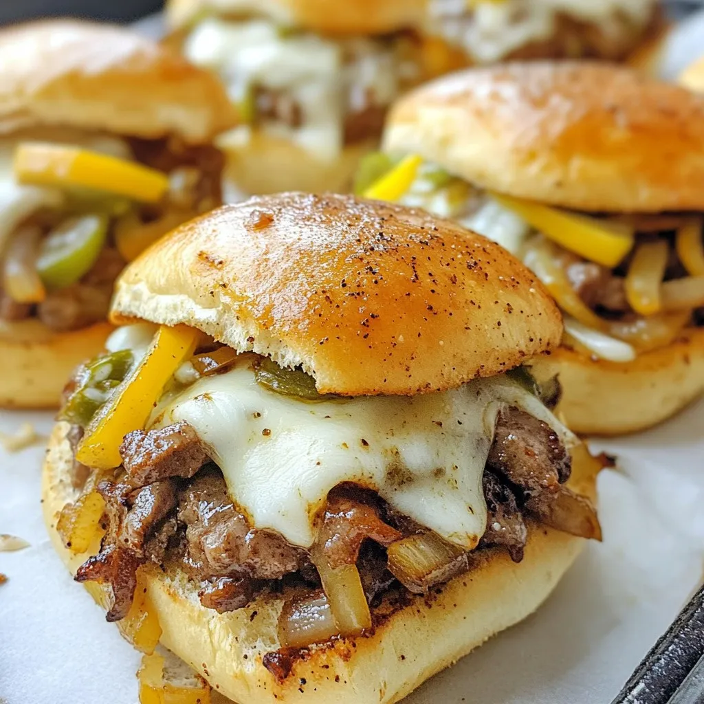 - 1 lb thinly sliced beef (sirloin or ribeye) - 1 tablespoon olive oil - 1 medium onion, thinly sliced - 1 bell pepper (any color), thinly sliced - 8 slices provolone cheese - 12 slider buns The main part of this dish is the beef. Thin slices of sirloin or ribeye work best. They cook quickly and stay tender. The olive oil helps to sauté the veggies. Use a medium onion and a bell pepper for sweetness and crunch. Provolone cheese adds that creamy, melty goodness. Finally, the slider buns hold it all together. Choose soft, fresh buns for a perfect bite. - 2 tablespoons mayonnaise - 1 teaspoon garlic powder - Sliced jalapeños for heat You can add mayonnaise to the buns for extra flavor. Garlic powder gives a nice kick to the beef. If you like spice, add sliced jalapeños. They bring heat and a fun crunch. - Salt and pepper to taste Don’t forget to season your beef! Salt and pepper enhance the flavors. Adjust to your taste. A little seasoning goes a long way in making these sliders tasty. {{ingredient_image_1}} - Sauté onions and peppers: In a large skillet, heat 1 tablespoon of olive oil over medium heat. When the oil shimmers, add 1 thinly sliced onion and 1 thinly sliced bell pepper. Cook until they soften, about 5-7 minutes. Remove them from the skillet and set aside. - Cook the beef: In the same skillet, turn the heat to medium-high. Add 1 pound of thinly sliced beef, like sirloin or ribeye. Season with 1 teaspoon of garlic powder, salt, and pepper. Cook until the beef is browned, about 4-5 minutes. Add the sautéed onions and peppers back to the skillet. Stir to mix and heat through. - Prepare the baking dish: Preheat your oven to 350°F (175°C). Slice 12 slider buns in half horizontally. Place the bottom halves in a greased baking dish. - Layering ingredients on buns: Spread 2 tablespoons of mayonnaise evenly over the bottom halves. Place 4 slices of provolone cheese on the buns. Then, add the beef, onion, and pepper mix. Finally, top with the remaining 4 slices of provolone cheese before placing the top halves of the slider buns on. - Cover and bake: Cover the baking dish with foil. Bake in your preheated oven for 15 minutes. - Finishing touches: Remove the foil and bake for an additional 5-10 minutes. This will make the cheese bubbly and slightly golden. Slice the sliders and serve warm. For extra heat, add sliced jalapeños on top if you like. For the best cheesesteak sliders, I recommend using thinly sliced beef. Sirloin and ribeye are top choices. These cuts have great flavor and tenderness. Look for meat that is fresh and well-marbled. This marbling adds juiciness to your sliders. If you want, ask your butcher to slice it thin for you. A good cut makes a big difference in taste. While provolone cheese is classic, you can try other options too. Cheddar offers a sharper taste. American cheese melts well and adds creaminess. For a kick, consider pepper jack. It brings heat and flavor. You can mix and match cheeses for a unique twist. Just remember, choose cheeses that melt nicely for that gooey texture. Cooking your beef just right is key. Overcooking can lead to dry meat. Keep your skillet hot but not too hot. Cook the beef for about 4-5 minutes. It should be browned but still juicy. Stir in the onions and peppers for flavor. They should be tender and sweet. This balance makes your sliders delicious and satisfying. Pro Tips Meat Temperature: Ensure your beef is at room temperature before cooking for even browning and tenderness. Cheese Choice: Provolone works great, but mixing in some cheddar or mozzarella can add extra flavor and creaminess. Fresh Ingredients: Use fresh vegetables for sautéing; they enhance the flavor and texture of your sliders. Keep Them Warm: Serve immediately after baking to keep the sliders warm and the cheese gooey. You can cover them with a clean kitchen towel if they need to sit for a bit. {{image_2}} To add heat, include sliced jalapeños and a dash of hot sauce. This twist brings bold flavor. You can mix jalapeños in with the onions and peppers while cooking. This step lets the spicy taste blend in. For more heat, top the sliders with extra jalapeños before serving. This will excite your taste buds. For a meatless choice, use mushrooms and bell peppers instead. Slice the mushrooms thinly and sauté them until they soften. Mix in the bell peppers for that sweet crunch. This creates a hearty filling that everyone will love. Add spices like smoked paprika to enhance the flavor. Even meat lovers will enjoy this veggie option. The bread you choose can change the sliders' taste. Try brioche buns for a touch of sweetness. Hoagie rolls can also work well, giving a classic feel. Whole wheat buns add a healthier twist. Each type of bread brings its own flavor and texture. Experiment with what you like best! To store your leftover Philly cheesesteak sliders, first let them cool. Place them in an airtight container. Keep them in the fridge for up to three days. This way, they stay fresh and tasty. If you use a glass container, it helps to keep flavors locked in. You can also wrap them tightly in plastic wrap before placing them in the container. To reheat your sliders, use the oven for the best taste. Preheat your oven to 350°F (175°C). Place the sliders on a baking sheet. Cover them with foil to keep them moist. Heat for about 10-15 minutes. You can also use a microwave for a quick option. Just place them on a microwave-safe plate. Heat for 30 seconds, then check. If they need more time, heat in 10-second bursts. To freeze your sliders, wrap each one in plastic wrap. Then, place them in a freezer bag. Remove as much air as possible from the bag before sealing. You can freeze them for up to three months. When you want to enjoy them, take them out and thaw in the fridge overnight. Then, reheat them using the oven or microwave. This keeps the taste and texture just right. Yes, you can prepare these sliders ahead of time. Here are some tips: - Cook the beef and veggies: You can sauté the beef, onions, and peppers a day early. Let them cool, then store them in an airtight container in the fridge. - Assemble before baking: You can layer the sliders in the baking dish without baking them. Cover the dish tightly with foil and store it in the fridge for up to 24 hours. - Bake when ready: When you're ready to serve, just bake them straight from the fridge. Add a few extra minutes to the baking time to heat them through. These sliders pair well with many tasty sides: - French fries: Crispy fries add a fun crunch. - Coleslaw: The cool, creamy slaw balances the warm sliders. - Potato chips: Simple and easy, chips give a great crunch. - Pickles: Tangy pickles offer a nice contrast to the rich flavors. You can change the sliders to fit your taste: - Add toppings: Try jalapeños for heat or mushrooms for extra flavor. - Switch the cheese: Use cheddar or pepper jack cheese for a new spin. - Use different sauces: Instead of mayonnaise, try BBQ sauce or ranch dressing for added flavor. - Mix in spices: Add your favorite seasonings like paprika or Italian herbs to the beef. In this post, we covered how to make tasty Philly cheesesteak sliders. We discussed main ingredients like beef, onions, and provolone cheese. I shared tips on choosing the right meat and explored spicy or vegetarian alternatives. Proper storage and reheating methods ensure your leftovers stay fresh. These sliders are easy to customize, making them perfect for gatherings or a quick meal. Try these steps and enjoy a delicious bite at home. You’ll impress everyone with your cooking skills!