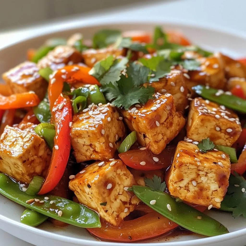 - 1 block (14 oz) firm tofu, pressed and cubed - 2 tablespoons cornstarch - 2 tablespoons vegetable oil - 1 red bell pepper, sliced - 1 cup snap peas, trimmed - 1 carrot, julienned - 3 green onions, chopped - 4 cloves garlic, minced - 1 teaspoon fresh ginger, grated - 3 tablespoons Sriracha sauce - 2 tablespoons soy sauce - 1 tablespoon honey or maple syrup - Salt and black pepper to taste - Sesame seeds, for garnish - Fresh cilantro, for garnish To make a spicy Sriracha tofu stir-fry, you need fresh ingredients. Start with firm tofu. It gives the best texture. Press it to remove water. This helps it get crispy when you fry it. Next, gather colorful veggies. Red bell pepper adds sweetness and crunch. Snap peas bring a fresh snap. Carrots add a nice color and slight sweetness. You’ll also need some seasoning. Garlic and ginger give great flavor. Soy sauce adds saltiness. Sriracha brings the heat. You can choose honey or maple syrup for a touch of sweetness. Finally, don’t forget the garnishes. Sesame seeds add a nice crunch. Fresh cilantro gives a pop of color and flavor. These ingredients make your stir-fry vibrant and tasty. They work well together for a satisfying meal. {{ingredient_image_1}} First, press the tofu to remove extra water. This helps the tofu get crispy. Cut the tofu into 1-inch cubes. Then, toss the cubes in cornstarch. Make sure each piece gets coated evenly. This coating gives the tofu a nice crunch when cooked. Heat 1 tablespoon of vegetable oil in a skillet over medium-high heat. Once the oil is hot, add the tofu cubes in a single layer. Fry the tofu until it turns golden brown. This takes about 2-3 minutes per side. Remove the tofu from the skillet and set it aside. In the same skillet, add another tablespoon of oil. Now, toss in the sliced red bell pepper, snap peas, and julienned carrot. Stir-fry the veggies for 3-4 minutes. You want them tender but still crisp. Next, add the minced garlic and grated ginger. Cook for another minute until they smell great. Return the crispy tofu to the skillet with the veggies. Pour in the Sriracha sauce, soy sauce, and honey or maple syrup. Toss everything together. Make sure the tofu and veggies are well-coated in the sauce. Cook for an additional 1-2 minutes. This lets the flavors mix well. Finally, season with salt and black pepper to taste. Pressing tofu is key. It removes water and makes it crisp. To press, wrap the tofu in a towel and set a weight on top. After 15-30 minutes, it’s ready. The ideal cooking temperature for tofu is medium-high. This heats the oil and helps the tofu brown nicely. Want more flavor? Add a splash of lime juice or rice vinegar to your sauce. You can also use garlic powder, ginger powder, or even sesame oil. To adjust spice levels, add more or less Sriracha. If it’s too hot, sweeten with extra honey or maple syrup. A large skillet or wok works best for stir-frying. This allows even cooking and easy tossing. If you don’t have a wok, a non-stick skillet is a good choice. For alternative cooking methods, try baking or air frying the tofu for a healthier twist. Pro Tips Press the Tofu: Make sure to press the tofu for at least 30 minutes to remove excess moisture. This step is crucial for achieving a crispy texture when frying. Customize the Heat: If you prefer a milder dish, reduce the amount of Sriracha sauce or add a bit of coconut milk to balance the spice. Add More Vegetables: Feel free to incorporate other vegetables like broccoli, zucchini, or mushrooms for added flavor and nutrition. Garnish for Flavor: Don't skip the sesame seeds and fresh cilantro. They add not only visual appeal but also a burst of flavor to the dish! {{image_2}} You can swap tofu for other proteins. Tempeh and seitan work well in this dish. They both soak up flavors nicely. If you prefer meat, try adding shrimp or chicken. Just ensure you cook them fully before mixing them in. Feel free to add more veggies to your stir-fry. Broccoli, bell peppers, or even zucchini add great flavor and color. You can also swap in seasonal vegetables to keep things fresh. For example, try asparagus in spring or squash in fall. Explore different sauces to change the flavor. Hoisin sauce or teriyaki sauce can give a sweet twist. For a vegan option, use maple syrup in place of honey. This keeps the dish plant-based while still being tasty. To keep your Spicy Sriracha Tofu Stir-Fry fresh, store leftovers in the fridge. Place the stir-fry in an airtight container. This helps prevent moisture loss and keeps flavors intact. Use glass or BPA-free plastic containers for safe storage. Make sure the stir-fry cools down to room temperature before sealing it. This keeps it safe and tasty for up to four days. You can freeze the stir-fry if you have extra. First, let it cool completely. Then, transfer it to a freezer-safe container or bag. Remove as much air as possible to avoid freezer burn. When you want to eat it, thaw it overnight in the fridge. Reheat it in a skillet over medium heat. You may notice a change in texture after freezing. The tofu might be softer, but the flavors will still be great! Yes, you can easily make this dish vegan. Simply swap honey for maple syrup. This change keeps the sweetness without using animal products. You can also use agave nectar or brown sugar if you prefer. To reduce spiciness, use less Sriracha sauce. Start with one tablespoon or even half. You can also add more vegetables like bell peppers or carrots. These will balance the heat. Another option is to include coconut milk, which adds creaminess and cuts spice. This dish lasts about 3 to 4 days in the fridge. Store it in an airtight container for best results. When reheating, add a splash of water to keep it moist. The veggies may soften, but the flavors will stay good. This blog post covered how to make a tasty tofu stir-fry. We discussed key ingredients and provided step-by-step instructions to achieve great flavor and texture. I shared valuable tips for perfecting your dish, suggested variations, and offered storage advice. In conclusion, making this stir-fry is simple and fun. You can easily customize it to suit your tastes. Enjoy creating this healthy meal and impress your friends and family with your cooking skills!