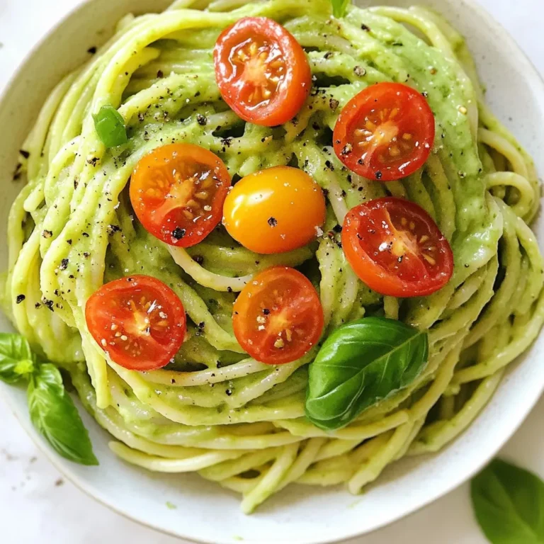 - 2 ripe avocados, peeled and pitted - 2 tablespoons olive oil - 2 cloves garlic, minced - 1/4 cup fresh basil leaves, chopped - 1/4 teaspoon red chili flakes - 1/4 cup grated Parmesan cheese - Cherry tomatoes, halved for garnish - Blender or food processor - Large pot - Measuring cups and spoons Gathering the right ingredients is key for creamy avocado pasta. Start with ripe avocados. They should feel soft but not mushy. Olive oil adds healthy fats and richness. Minced garlic gives the dish a nice kick. Fresh basil brings a burst of flavor. You can spice it up with red chili flakes. If you love cheese, add grated Parmesan. It adds creaminess and depth. For garnish, cherry tomatoes add color and sweetness. Next, you need some tools. A blender or food processor helps make the sauce smooth. A large pot is needed for cooking pasta. Measuring cups and spoons help you get the right amounts. With these ingredients and tools, you’re ready to make a delicious meal! {{ingredient_image_1}} 1. Start by filling a large pot with water. Add a good amount of salt. 2. Place the pot on the stove and turn the heat to high. 3. Wait for the water to boil. This takes a few minutes. 4. Once boiling, add your spaghetti. Stir it well. 5. Cook the pasta according to the package instructions. Aim for al dente, which means firm to the bite. 6. When the pasta is ready, save about 1/2 cup of pasta water. 7. Drain the pasta in a colander and set it aside. 1. While the pasta cooks, take your ripe avocados and peel them. 2. Remove the pits and scoop the flesh into a blender. 3. Add olive oil, minced garlic, lemon juice, and chopped basil. 4. If you like some heat, add red chili flakes. 5. Season with a pinch of salt and pepper. 6. Blend the mixture until it becomes creamy. 7. If it's too thick, add a little reserved pasta water to thin it out. 1. In a large bowl, combine the drained pasta with the avocado sauce. 2. Toss the pasta gently to coat it well with the sauce. 3. If you want a creamier texture, mix in more pasta water. 4. Taste and adjust the seasoning if needed. 5. If you like, add grated Parmesan cheese for extra creaminess. 6. Serve the pasta right away, garnished with cherry tomatoes on top. To make great creamy avocado pasta, pick ripe avocados. Ripe avocados feel soft when gently squeezed but should not be mushy. Look for a dark skin color. If you see any wrinkles, it may be too ripe. When cutting avocados, use a sharp knife. Cut the avocado in half, twist to separate, and remove the pit with a spoon or knife. Scoop the flesh out with a spoon. This keeps it neat and easy. Seasonings can make your dish pop. You can add more garlic or lemon juice for extra zest. Taste your sauce before mixing it with the pasta. Adjust salt and pepper as needed. For garnishes, try fresh basil or cherry tomatoes. A sprinkle of red chili flakes adds a nice kick. You can also use grated Parmesan cheese for a rich flavor. To achieve al dente pasta, cook it just until firm but not hard. Follow the package instructions closely. Keep an eye on the time. Always reserve pasta water before draining. This starchy water helps thin the sauce. Use it if the sauce is too thick. Just add a little at a time until you reach the desired creaminess. Pro Tips Choose Ripe Avocados: For the best flavor and creaminess, ensure your avocados are perfectly ripe. They should feel slightly soft when gently squeezed. Customize Your Pasta: Feel free to substitute spaghetti with whole wheat, gluten-free, or any pasta of your choice for a healthier or dietary-friendly option. Adjust Thickness: If your avocado sauce is too thick, gradually add the reserved pasta water until you reach the desired creamy consistency. Add Protein: For a more filling meal, consider adding grilled chicken, shrimp, or chickpeas to the dish before serving. {{image_2}} You can use any pasta you like for creamy avocado pasta. If you prefer gluten-free, choose gluten-free pasta made from rice or corn. It cooks just like regular pasta. You can also try whole wheat pasta for a nuttier taste. For a twist, use spiralized zucchini or spaghetti squash. Both options add great flavor and nutrition. Make the sauce your own by adding herbs or spices. Fresh herbs like parsley or cilantro work well. For a kick, try adding a pinch of cayenne pepper or smoked paprika. You can also mix in proteins like grilled chicken or shrimp to make it heartier. These additions turn your dish into a filling meal. Serve creamy avocado pasta with a side salad for a refreshing meal. A simple green salad with lemon vinaigrette pairs nicely. You can also add garlic bread for crunch. For a fun presentation, serve the pasta in a large bowl topped with cherry tomatoes and basil. This not only looks great but also adds extra flavor. To keep your creamy avocado pasta fresh, store it in the fridge. Use an airtight container. This helps keep the flavors intact and prevents browning. It’s best to eat leftovers within two days for the best taste. When reheating, use low heat. Microwaving works, but add a splash of water. This keeps the sauce creamy. Stir often to avoid hot spots. If using the stove, gently heat in a pan. Watch closely to prevent overcooking the pasta. You can freeze the pasta, but the sauce may change texture. The avocados might not hold well. If you freeze, use a freezer-safe container. To thaw, place in the fridge overnight. Reheat gently as mentioned before. Enjoy it fresh whenever possible! To boost flavor, add spices and herbs. You can try these: - Basil: Use fresh or dried for a sweet touch. - Oregano: This adds a warm, earthy flavor. - Thyme: A hint of thyme pairs well with avocados. - Chili flakes: For some heat, add red chili flakes. - Black pepper: Freshly cracked pepper adds depth. Feel free to mix and match these ingredients. Experiment with your favorite spices to find your perfect blend. Yes, you can swap out some ingredients. Here are some ideas: - Avocado: Use creamy tahini or Greek yogurt for a different base. - Cheese: Try nutritional yeast for a dairy-free option. - Pasta: Any pasta works, including gluten-free or whole grain. These substitutions keep the dish tasty and fun. Don’t hesitate to explore! Creamy avocado pasta lasts about 2 days in the fridge. To keep it fresh: - Store in an airtight container. - Keep it cool to maintain flavor and texture. If you notice browning, a squeeze of lemon juice can help. Enjoy your leftovers within a couple of days for the best taste! This blog post covered how to make creamy avocado pasta. We discussed the key ingredients, tools, and step-by-step instructions. I shared tips to enhance flavor and achieve perfect pasta. You can customize your dish with various ingredients and serve it creatively. In the end, this simple meal is quick, healthy, and adaptable. Enjoy experimenting with different flavors and combinations!