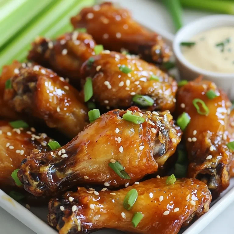 To make these tasty wings, gather these main ingredients: - 2 pounds chicken wings - 1/4 cup honey - 1/4 cup Sriracha sauce - 2 tablespoons soy sauce - 1 tablespoon olive oil - 1 teaspoon garlic powder - 1 teaspoon ground ginger - Salt and pepper to taste These items create a sweet and spicy sauce that makes the wings pop with flavor. To make your wings look great and taste even better, consider these garnishes: - Sesame seeds - Chopped green onions You can sprinkle these on top right before serving. They add a nice crunch and color. For best results, stick to the amounts listed. If you want more heat, add more Sriracha. If you like it sweeter, add more honey. Use measuring cups and spoons for accuracy. This way, you will get the best flavor every time. {{ingredient_image_1}} Start by preheating your oven to 400°F (200°C). This heat will make the wings crispy. Next, line a baking sheet with aluminum foil. This step helps with easy cleanup. Place a wire rack on top of the baking sheet. The rack lets air flow around the wings for even cooking. In a large mixing bowl, combine the following ingredients: - 1/4 cup honey - 1/4 cup Sriracha sauce - 2 tablespoons soy sauce - 1 tablespoon olive oil - 1 teaspoon garlic powder - 1 teaspoon ground ginger - Salt and pepper to taste Whisk the mixture until it’s well blended. The sauce should be smooth and sticky. This is where the magic happens. You get the sweet and spicy flavor that makes these wings special. Add 2 pounds of chicken wings to the sauce. Toss them well until every wing is coated. The sauce should stick nicely to the wings. Once coated, arrange the wings on the wire rack. Make sure they lie flat and do not touch each other. This space helps them cook evenly. Place the baking sheet in the oven and bake the wings for 40-45 minutes. Flip the wings halfway through cooking. This step ensures both sides get crispy. Keep an eye on them. When they turn golden brown, they are ready. Once done, let the wings rest for a few minutes. This helps them stay juicy. If you like, drizzle some leftover sauce over the wings before serving. To get crispy chicken wings, start by using a wire rack. This helps air flow around the wings. Dry the wings well before marinating them. Remove extra moisture with paper towels. Bake at 400°F (200°C) for 40-45 minutes for that golden brown look. Flip them halfway through for even crispiness. For extra crunch, broil for a few minutes at the end. You can change the heat level to fit your taste. Add more Sriracha for a spicy kick. If you prefer it mild, use less Sriracha. Try mixing in lime juice for a zesty touch. You can also add a splash of pineapple juice for sweetness. Experiment with spices like smoked paprika or cayenne pepper for a unique flavor twist. One common mistake is overcrowding the wings. They need space for even cooking and crisping. Avoid skipping the drying step; it’s key for crispiness. Don’t forget to flip the wings halfway through. Lastly, resist the urge to open the oven too often. This lets heat escape and slows down cooking. Pro Tips Marinate for Extra Flavor: For deeper flavor, marinate the chicken wings in the sauce for at least 1 hour, or overnight in the refrigerator. Crispier Wings: To achieve extra crispy wings, broil them for the last 3-5 minutes of cooking while keeping a close eye to avoid burning. Adjust the Heat: Modify the amount of Sriracha based on your heat preference; add more for extra spice or reduce it for a milder flavor. Perfect Serving: Serve the wings immediately after baking for the best texture, and accompany them with dipping sauces like ranch or blue cheese for added enjoyment. {{image_2}} To kick up the heat, add more Sriracha. You can mix in red pepper flakes too. This gives the wings an extra spicy punch. If you love heat, this version is for you. You can also serve them with a side of spicy dip. It balances the sweet and spicy flavors well. For a fresh twist, add citrus juice. Lime or orange juice brightens the wings. Mix it into the sauce before tossing the wings. This adds a nice zing and cuts the sweetness. You can also zest the fruit for extra flavor. This version is perfect for summer cookouts. If you want crispy wings fast, try the air fryer. Coat the wings as usual. Then, place them in the air fryer basket. Cook at 400°F for about 25-30 minutes. Flip them halfway for even crispiness. This method uses less oil but still gives great taste. Enjoy all the flavor with less mess! To store leftover chicken wings, let them cool first. Place them in an airtight container. This keeps the wings fresh and juicy. You can also wrap them tightly in plastic wrap. Store the container in the fridge. They will last for up to three days. When you are ready to enjoy them again, reheating is key. For the best taste, use the oven. Preheat the oven to 350°F (175°C). Place the wings on a baking sheet. Heat them for about 10-15 minutes. This keeps them crispy. You can also use a microwave. Heat them in 30-second bursts. This method is quick but may make the wings soggy. If you want to store the wings longer, freezing is a great option. First, let them cool completely. Then, arrange them in a single layer on a baking sheet. Freeze until solid, about 1-2 hours. Once frozen, transfer the wings to a freezer bag. Squeeze out all the air and seal it tightly. They can last for up to three months in the freezer. When you are ready to eat them, thaw in the fridge before reheating. Yes, you can use frozen chicken wings. Just remember to thaw them first. Thawing helps the wings cook evenly. You can place them in the fridge overnight or use cold water. Once thawed, follow the same steps in the recipe. This will help you get the perfect Sriracha Honey Chicken Wings. Sriracha Honey Chicken Wings taste great with many dipping sauces. Here are some ideas: - Ranch dressing: Creamy and cool, it balances the spice. - Blue cheese dressing: Its sharp taste adds depth to the wings. - Sweet chili sauce: This brings extra sweetness and a bit more heat. - Soy sauce: A simple option that enhances the flavor. Feel free to mix and match to find your favorite! Yes, you can make these wings in advance. Cook them fully, then let them cool. Store the wings in an airtight container in the fridge. They can last for up to three days. When you're ready to eat, reheat them in the oven. This keeps them crispy and tasty! You now know how to make Sriracha Honey Chicken Wings with all the key details. We covered ingredients, steps, tips, and variations to spice up your wings. Remember, achieving crispy wings is all about your technique. Don't shy away from adding your twist to the recipe. Store leftovers properly to enjoy them later. These wings are sure to impress at any gathering. Enjoy making and sharing your tasty chicken wings!