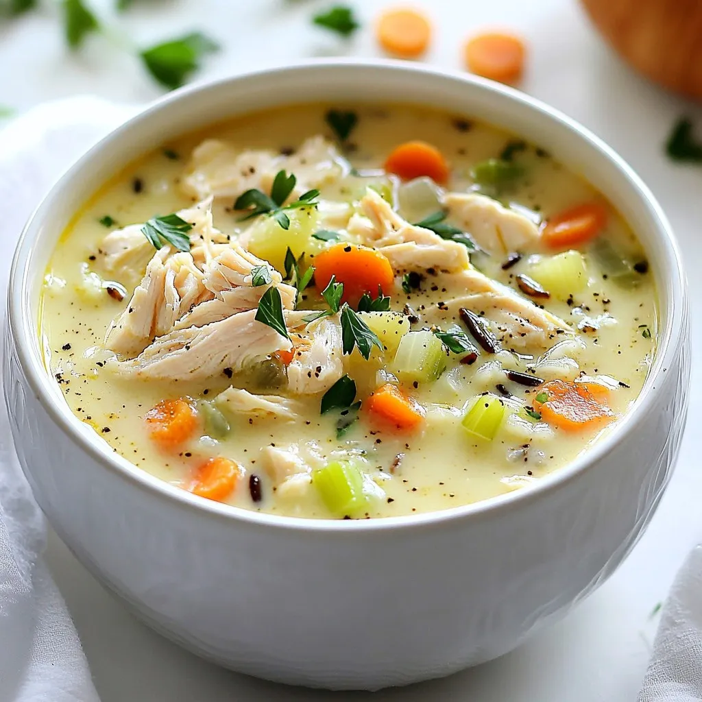 - 1 pound boneless, skinless chicken breasts - 1 cup wild rice, rinsed and drained - 1 medium onion, diced - 3 cloves garlic, minced - 3 medium carrots, diced - 3 celery stalks, diced - 4 cups low-sodium chicken broth - 1 cup coconut milk (or heavy cream) - 1 teaspoon dried thyme - 1 teaspoon dried rosemary - 1 teaspoon salt (adjust to taste) - 1/2 teaspoon black pepper - 2 tablespoons olive oil - Fresh parsley, chopped for garnish - Additional seasoning {{ingredient_image_1}} First, set your Instant Pot to sauté mode. Add two tablespoons of olive oil. Once the oil is hot, add one diced onion, three diced carrots, and three diced celery stalks. Sauté these veggies for about five minutes. You want them to soften and turn a bit sweet. Now, add three minced garlic cloves. Sauté for one more minute. The smell will be fantastic! Next, take one pound of boneless, skinless chicken breasts. Season them with one teaspoon of salt, one teaspoon of black pepper, one teaspoon of dried thyme, and one teaspoon of dried rosemary. Place the chicken on top of the sautéed veggies. Add one cup of wild rice that you rinsed and drained. Then, pour in four cups of low-sodium chicken broth. Stir gently to mix everything together. Close the lid of the Instant Pot. Make sure the valve is set to sealing. Select the manual or pressure cook setting. Cook the soup on high pressure for 25 minutes. When the time is up, let the pressure release naturally for about ten minutes. After that, do a quick release for any remaining pressure. Carefully take out the chicken breasts. Use two forks to shred them into bite-sized pieces. Return the shredded chicken back into the pot. Now, stir in one cup of coconut milk or heavy cream. Let the soup heat through for another five minutes on sauté mode. Taste the soup and adjust the seasoning if you need to. Serve it hot, garnished with fresh chopped parsley. Enjoy this warm, creamy delight! To make your soup taste great, use fresh herbs like thyme and rosemary. These add a nice touch. You can also try adding a splash of lemon juice for brightness. Adjust the salt and pepper to suit your taste. This step is important for a balanced flavor. For creaminess, coconut milk works well, but heavy cream is also nice. If you want a thicker soup, let it cook a bit longer. If it’s too thick, just add more broth or water. Wild rice should be tender but not mushy. Rinsing it helps keep the texture just right. When using the Instant Pot, make sure to set the valve to sealing. This helps build pressure. After cooking, allow for a natural pressure release for about 10 minutes. This keeps the soup from being too watery. Common mistakes include overfilling the pot or not sealing it properly. Always follow the fill line for best results. Pro Tips Use Fresh Herbs: Fresh herbs like thyme and rosemary can elevate the flavors of your soup, making it more aromatic and delicious. Customize the Creaminess: For a lighter option, use coconut milk, or for a richer taste, heavy cream works beautifully in this soup. Adjusting the Seasoning: Always taste your soup before serving; adding a touch more salt or pepper can significantly enhance the overall flavor. Store Leftovers Properly: Let any leftovers cool completely before transferring to an airtight container. This soup can be refrigerated for up to 3 days or frozen for up to 3 months. {{image_2}} You can change the rice for this soup. White rice or brown rice works well too. Just keep in mind that cooking times may differ. If you prefer another protein, turkey is a great choice. It gives a nice flavor and works well in soups. Adding more veggies can boost the taste. Spinach or peas are great additions. They add color and nutrition. You can also change the spices. A bit of curry powder can add warmth and depth. Experiment with your favorite herbs to find new flavors. If you need a gluten-free soup, use gluten-free broth. This soup can be vegan too! Replace chicken with chickpeas or tofu. Use vegetable broth instead of chicken broth. Coconut milk gives a great creamy texture without dairy. To store leftovers, let the soup cool first. Place it in an airtight container. Seal it well to keep out air. You can store it in the fridge for up to four days. When reheating, use the stove or microwave. Stir often to heat evenly. Adding a splash of broth can help if it thickens. For freezing, let the soup cool completely. Use freezer-safe bags or containers. Remove as much air as possible. The soup can last up to three months in the freezer. To thaw, move it to the fridge overnight. For reheating, use the stove or microwave. Heat until bubbling, stirring often. In the fridge, the soup lasts about four days. Always check for signs of spoilage. If it smells bad or has a strange color, don’t eat it. For safe consumption, reheat to at least 165°F. This kills any bacteria and keeps your meal safe. Cooking chicken in an Instant Pot takes about 25 minutes on high pressure. This time ensures the chicken is tender and fully cooked. The pot will also need time to come to pressure and release pressure, adding around 20 minutes more to your total. Yes, you can use brown rice. However, brown rice takes longer to cook. You should adjust the cooking time to about 35 minutes on high pressure. Wild rice gives a unique flavor and texture, but brown rice is a good option if that is what you have. No, it is not necessary to use cream or coconut milk. You can skip it for a lighter soup. If you want creaminess, consider using a thick vegetable puree or a splash of milk. These alternatives can still provide great taste. Yes, you can make this soup in a slow cooker. Sauté the vegetables in a pan first, then add all ingredients to the slow cooker. Cook on low for 6-8 hours or on high for 3-4 hours. The result will be just as tasty! This blog covered key ingredients for a delicious Instant Pot soup. You learned about main and optional ingredients, step-by-step cooking methods, and tips for great flavor and texture. We also explored variations and storage methods to keep your soup fresh. Incorporating different ingredients allows you to make this soup your own. Follow the tips for perfect results, and don’t hesitate to get creative. Enjoy your cooking adventure!