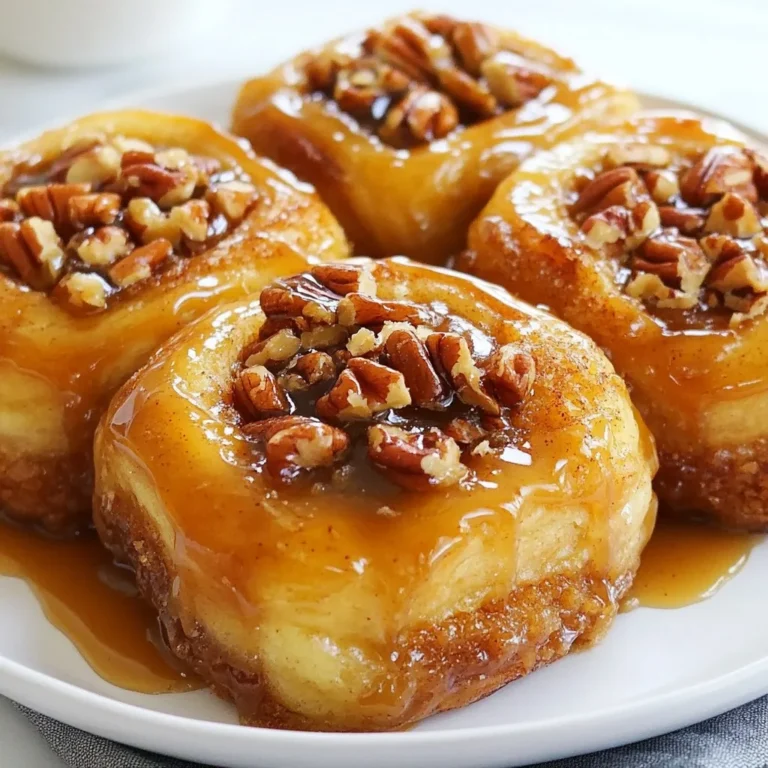 To make the best caramel pecan sticky buns, you need these simple ingredients: - 2 cups all-purpose flour - 1/4 cup granulated sugar - 1 packet (2 1/4 teaspoons) active dry yeast - 1/2 cup warm milk (about 110°F) - 1/4 cup unsalted butter, melted - 1 large egg - 1/2 teaspoon salt - 1 tablespoon ground cinnamon - 1/2 cup brown sugar, packed - 1/4 cup butter, softened - 1 cup pecans, chopped - 1 cup caramel sauce (store-bought or homemade) Each ingredient plays a vital role. The flour gives the buns structure, while sugar adds sweetness. Yeast helps the dough rise, making it fluffy. Warm milk activates the yeast, ensuring a good rise. Butter enriches the dough, adding flavor and moisture. The egg binds everything together. Salt enhances the flavor, while cinnamon adds warmth and spice. Brown sugar adds a rich, caramel-like flavor. Softened butter spreads easily on the dough, and pecans give a crunchy texture. Finally, caramel sauce drizzles over the top, making these buns truly indulgent. Gather these ingredients, and you're ready to create a delicious treat that everyone will love! {{ingredient_image_1}} First, take a small bowl. Add warm milk and yeast. Make sure the milk is about 110°F. Stir it gently and let it sit for five minutes. You will know it is ready when it gets foamy on top. This foam shows that the yeast is alive and ready to help our buns rise. Next, grab a large mixing bowl. Combine 2 cups of flour, 1/4 cup of granulated sugar, and 1/2 teaspoon of salt. Mix these dry ingredients well. Now, make a well in the center. Pour in the yeast mixture, 1/4 cup of melted butter, and 1 large egg. Stir until a dough forms. Knead the dough on a floured surface for about 5 to 7 minutes. It should feel smooth and elastic when done. Now, place the dough in a greased bowl. Cover it with a kitchen towel. Let it rise in a warm spot for about 1 hour. The dough should double in size. Once it has risen, punch it down gently to remove air. Roll it out into a rectangle about 12 by 18 inches. This size is perfect for our sticky buns. To make soft and fluffy buns, kneading and rising time matter. Knead the dough for about 5-7 minutes. This helps develop gluten, which gives the buns their structure. After kneading, let the dough rise in a warm area for about 1 hour until it doubles in size. This rise allows the yeast to work and creates that soft texture we love. You can use store-bought or homemade caramel sauce. Store-bought is quick and easy. Just pour it over your buns before baking. Homemade sauce has a rich flavor, but it takes time to make. If you choose homemade, wait until the sauce cools slightly before using. Either choice will give you delicious sticky buns. Measuring the cinnamon and sugar right is key. Use 1 tablespoon of cinnamon and 1/2 cup of brown sugar. Mix them well before sprinkling. Even distribution is important, so every bite is sweet and spicy. Use a spoon to sprinkle evenly over the dough. This will ensure that each bun has the perfect taste. Pro Tips Proof Your Yeast: Always ensure your yeast is fresh and active by proofing it in warm milk before adding it to the dough. Roll Tightly: When rolling the dough, make sure to roll it tightly to create those delicious swirls and prevent the filling from spilling out. Don’t Skip the Second Rise: Allowing the rolls to rise again after cutting helps achieve a light and fluffy texture in the final buns. Caramel Temperature: If using homemade caramel, ensure it's at room temperature before drizzling to avoid melting the dough. {{image_2}} You can switch out pecans for other nuts. Walnuts add a nice crunch and earthy taste. Almonds bring a sweet, light flavor. Just chop them up and use the same amount as you would pecans. This change keeps the texture and taste fun and exciting. Want to boost the flavor? Try adding vanilla or orange zest. A teaspoon of vanilla adds warmth and depth. Orange zest gives a bright, fresh twist. Just mix these in when you combine the other ingredients. These small changes can make your sticky buns even more special. Get creative with toppings! Flavored syrups like maple or chocolate drizzles can add a new layer of taste. You can drizzle the syrup on top after baking. This makes the buns extra decadent. Try different combinations to find your favorite. It’s a fun way to explore flavors! You can store sticky buns at room temperature or in the fridge. If you keep them at room temperature, place them in an airtight container. This helps keep them soft. They can last this way for about 2-3 days. If you want them to stay fresh longer, store them in the fridge. Cold storage can extend their life by a few extra days. Just remember that cold can make them a bit firmer. To freeze sticky buns, wrap them tightly in plastic wrap. Then, place them in a freezer-safe bag or container. This will help keep them fresh for about 2-3 months. When you want to enjoy them, take out the desired number of buns. Let them thaw in the fridge overnight. For a warm treat, you can reheat them in the oven at 350°F for about 10-15 minutes. This will help restore their soft texture. Sticky buns last about 2-3 days at room temperature. If you store them in the fridge, they can last up to a week. However, the longer they sit, the less fresh they taste. To enjoy their full flavor and softness, eat them within the first few days after baking. This way, you get the best taste and texture from your delicious caramel pecan sticky buns. Yes, you can make sticky buns ahead of time. After preparing the dough, let it rise. Once it doubles in size, shape the buns. Place them in the baking dish, cover, and chill overnight in the fridge. The next morning, let them rise for about 30 minutes before baking. This method saves time and adds a nice flavor. If you don’t have pecans, try walnuts or almonds. Both nuts add a great crunch and flavor. You can also use seeds, like sunflower or pumpkin seeds, for a nut-free option. Just chop them up and use them in the same way as pecans. To know if sticky buns are done, look for a golden brown color. The edges should be firm and not doughy. You can also use a toothpick; if it comes out clean, they are ready. Baking should take about 25-30 minutes at 350°F. For best results, keep an eye on them near the end. You learned how to make delicious sticky buns from scratch. We covered ingredients, step-by-step methods, and helpful tips. Remember to knead well and let the dough rise properly for the best texture. Experiment with different nuts or flavors to make the recipe your own. Lastly, store your sticky buns right to keep them fresh. With these techniques, you'll impress anyone who tries them. Enjoy your baking journey!