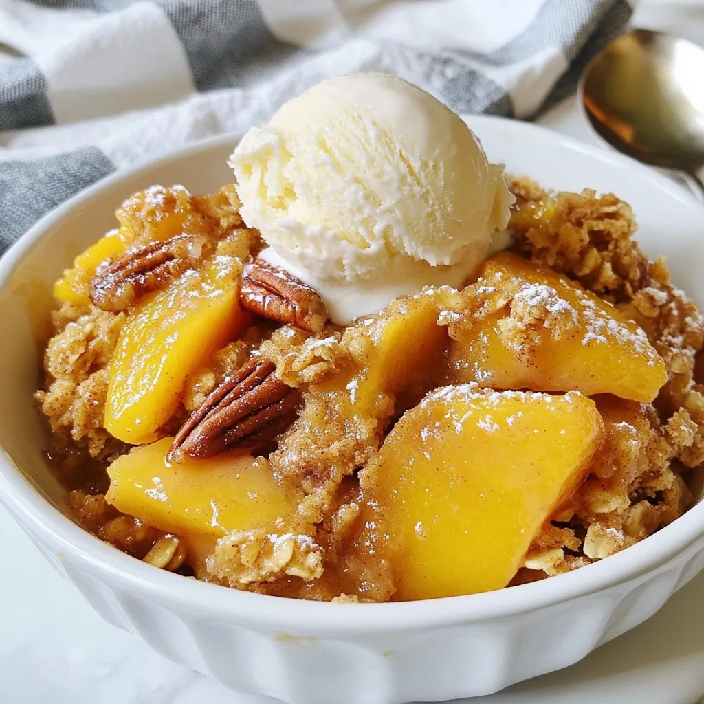 To make a delicious peach cobbler dump cake, you need some key ingredients. Here’s what you will use: - 2 cans (15 oz each) sliced peaches in syrup, drained (or 4 cups fresh peaches, sliced) - 1 cup brown sugar - 1 teaspoon cinnamon - 1 box (15.25 oz) yellow cake mix - 1 cup rolled oats - 1 cup unsalted butter, melted These ingredients create a sweet and fruity base. The peaches provide a juicy burst of flavor. Brown sugar adds depth, while cinnamon gives warmth. You can make your dessert even better with a few optional ingredients: - ½ cup chopped pecans (optional) - Vanilla ice cream (for serving, optional) Adding pecans gives a nice crunch. They enhance the taste with a nutty flavor. Topping your warm cobbler with vanilla ice cream creates a creamy balance. When serving your peach cobbler dump cake, consider these pairings: - Fresh whipped cream - A drizzle of caramel sauce - A sprinkle of cinnamon sugar These additions can elevate your dessert experience. They complement the sweet and fruity flavors perfectly. Enjoy customizing your dish with these tasty options! {{ingredient_image_1}} First, gather your ingredients. You will need: - 2 cans (15 oz each) sliced peaches in syrup, drained - 1 cup brown sugar - 1 teaspoon cinnamon - 1 box (15.25 oz) yellow cake mix - 1 cup rolled oats - 1 cup unsalted butter, melted - ½ cup chopped pecans (optional) - Vanilla ice cream (for serving, optional) Next, preheat your oven to 350°F (175°C). This step is key for even baking. In a large bowl, mix the drained peaches with the brown sugar and cinnamon. Stir well so every peach is coated. This will add sweetness and warmth to your dessert. Now it’s time to layer your ingredients. Spread the peach mixture in a greased 9x13 inch baking dish. Make sure it covers the bottom evenly. Next, take the dry yellow cake mix and sprinkle it over the peaches. This forms a nice base. Then, add the rolled oats and chopped pecans. If you want a crunchy texture, the pecans are a great choice. Finally, drizzle the melted butter over everything. This will help create a golden crust. Put the dish in your preheated oven. Bake for about 45-50 minutes. Keep an eye on it! You want the top to be golden brown and bubbly. Once it's done, take it out and let it cool for a few minutes. This waiting time helps set the layers. Serve warm, and add a scoop of vanilla ice cream if you like. Enjoy the sweet and comforting flavors of your peach cobbler dump cake! To get the best flavor from your Peach Cobbler Dump Cake, use ripe peaches. Fresh peaches bring a bright taste. If using canned peaches, choose those in syrup for extra sweetness. Adding brown sugar and cinnamon enhances the peach flavor. Make sure you mix these well. This helps coat each peach slice. You can change this recipe to fit your taste. Try using different fruits like blueberries or apples. They each add a new twist. Want a nutty flavor? Add more pecans or walnuts. If you enjoy a crunch, mix in some granola with the oats. You can also swap out the yellow cake mix for a spice cake mix for a warm flavor. Avoid overmixing the peach mixture. This can break down the fruit too much. It is best to gently stir until coated. Don’t forget to grease your baking dish. This prevents sticking and makes serving easier. Be sure to check the cake towards the end of baking. Oven times may vary, so look for a golden brown top. Pro Tips Use Fresh Peaches: For the best flavor, opt for ripe, fresh peaches in season. They will add a natural sweetness and vibrant taste to your cobbler. Customize the Topping: Feel free to mix in other nuts or seeds with the pecans, like walnuts or sunflower seeds, for added texture and flavor. Serving Suggestions: Serve with whipped cream or yogurt in addition to vanilla ice cream for a delightful twist on the classic dessert. Storing Leftovers: If you have any leftovers, store them in an airtight container in the fridge for up to 3 days. Reheat in the oven for the best texture. {{image_2}} You can switch up the fruit in this recipe. Try using sliced apples, cherries, or berries. Each fruit brings its own flavor and charm. Apples add a nice crunch, while cherries give a sweet-tart kick. Berries create a burst of color and berry flavor. You can even mix different fruits for a fun twist. If you need a gluten-free version, use a gluten-free cake mix. Many brands offer great options. For a vegan twist, swap the butter for coconut oil or a vegan butter substitute. You can use almond milk instead of traditional milk, too. This way, everyone can enjoy this tasty dessert! Add-ins make the dump cake even better. Consider mixing in some shredded coconut for sweetness. You can also add chocolate chips for a rich touch. If you love nuts, try walnuts or almonds. These additions give the cake a fun crunch and depth of flavor. To keep your Peach Cobbler Dump Cake fresh, store it in an airtight container. This helps prevent it from drying out. Place the cake in the fridge if you plan to eat it in a few days. Make sure it cools down before you store it. If you cover it too soon, it can get soggy. When you want to enjoy leftovers, preheat your oven to 350°F (175°C). Place the desired portion in an oven-safe dish. Cover it with foil to keep moisture in. Heat for about 15-20 minutes, or until warm. You can also use the microwave for quick reheating. Just heat for 30 seconds to 1 minute. Remember to check if it is hot throughout. If you want to save Peach Cobbler Dump Cake for later, freezing is a great option. First, let it cool completely. Then, cut it into pieces. Wrap each piece tightly in plastic wrap or foil. Place the wrapped pieces in a freezer bag. Label the bag with the date. You can freeze it for up to three months. When you are ready to eat, thaw in the fridge overnight before reheating. Yes, you can use fresh peaches. If you choose fresh, slice about four cups. Peaches are sweet and juicy, making them perfect for this dish. Just peel and slice them before mixing with sugar and cinnamon. Fresh fruit adds a nice touch. You can prep the peach mixture a day early. Mix the peaches, brown sugar, and cinnamon. Store it in the fridge until you're ready to bake. Just add the cake mix and other layers when you want to bake. This keeps it fresh and tasty. If you don’t have yellow cake mix, use white or vanilla cake mix. You can also make your own mix with flour, sugar, and baking powder. Try a spice cake mix for a fun twist! This gives you options to fit your taste. Peach cobbler dump cake is simple and fun to make. You learned about the main and optional ingredients that give your cake flavor. I shared step-by-step instructions for easy baking and tips for great taste. You can try different fruits and make it gluten-free or vegan. Store your leftovers properly to keep them fresh, and reheating is easy. Finally, the FAQs cover common questions to help you feel confident. Now, grab your ingredients and enjoy making this sweet treat!