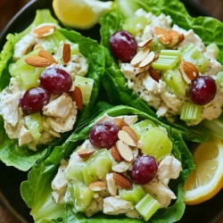 - 2 cups cooked chicken, shredded or diced - 1 cup plain Greek yogurt - 1/2 cup celery, finely diced - 1/2 cup red grapes, halved - 1/4 cup almonds, chopped - 1 tablespoon Dijon mustard - 1 tablespoon honey - 1 tablespoon fresh lemon juice - Salt and pepper to taste - 1 head of romaine or butter lettuce, leaves separated In this chicken salad, the basics shine. You need cooked chicken as the main protein. I prefer using shredded or diced chicken. The Greek yogurt replaces heavy mayo and adds creaminess. Finely diced celery gives a nice crunch. Halved red grapes add sweetness. Lastly, chopped almonds give a great nutty flavor. - Fresh herbs like parsley or dill - Chopped bell peppers or cucumbers You can make this dish even better by adding fresh herbs. Parsley or dill work well. You can also toss in some chopped bell peppers or cucumbers for extra texture and flavor. - Best types of lettuce: romaine or butter lettuce - Serve with lemon wedges or extra grapes For wrapping, romaine or butter lettuce is the best choice. They hold the filling well without breaking. You can serve these wraps with lemon wedges for a fresh touch. Extra grapes on the side add sweetness for a perfect bite. {{ingredient_image_1}} - Combine Chicken and Greek Yogurt Start with a large bowl. Add 2 cups of cooked chicken, either shredded or diced. Pour in 1 cup of plain Greek yogurt. Mix well until the chicken is fully coated. - Mix in Vegetables and Nuts Next, add 1/2 cup of finely diced celery, 1/2 cup of halved red grapes, and 1/4 cup of chopped almonds. Stir everything together until combined. - Prepare the Dressing In a small bowl, whisk together 1 tablespoon of Dijon mustard, 1 tablespoon of honey, and 1 tablespoon of fresh lemon juice. Pour this dressing over the chicken mixture. Stir well and season with salt and pepper to taste. - Spoon the Mixture into Lettuce Leaves Take a lettuce leaf from your head of romaine or butter lettuce. Spoon a generous amount of the chicken salad into the center of the leaf. - Rolling or Folding Techniques You can either roll the leaf around the filling or fold it over to secure the mixture. Both methods work well for holding all the tasty goodness inside. - Plating and Garnishing Arrange the wraps on a serving platter. For a pop of color, garnish with extra grapes or a sprinkle of chopped almonds. - Serving Suggestions Serve your wraps with lemon wedges for a zesty kick. Enjoy these wraps as a light meal or a fun snack! You can adjust this recipe to fit your taste. Want it sweeter? Add more honey. Prefer a crunch? Toss in extra almonds. Don't like grapes? Try diced apples or raisins instead. You can also add herbs like dill or parsley for fresh flavor. Making this dish ahead is a breeze. Prepare the chicken salad and store it in the fridge for up to two days. Just before serving, fill the lettuce leaves. This keeps the wraps crisp and fresh. Using rotisserie chicken is a quick and easy option. Just shred the meat and mix it with the yogurt. It saves time and adds great flavor. You can also cook chicken from scratch. Grill, bake, or boil it, then shred it for this recipe. Store any leftovers in an airtight container. Keep the chicken salad separate from the lettuce. This will help the lettuce stay crisp. The salad can last for three days in the fridge. Avoid reheating the chicken salad, as it tastes best cold. Pro Tips Select the Right Chicken: For the best flavor and texture, use rotisserie chicken or leftover grilled chicken. <strong.Add Crunch: In addition to almonds, consider adding chopped apples or walnuts for extra crunch and flavor. <strong.Making Ahead: This chicken salad can be made a day in advance. Just keep it covered in the fridge and add to lettuce wraps when ready to serve. <strong.Variation Ideas: Experiment with different herbs like dill or parsley to give your chicken salad a fresh twist. {{image_2}} You can switch up the protein in your salad. Try using tuna or chickpeas. Both options add great flavor and texture. Tuna offers a rich taste, while chickpeas are perfect for a plant-based meal. If you want more protein, consider adding hard-boiled eggs. Chop them finely and mix them in. They add creaminess and extra protein to your wraps. The dressing can change the whole dish. You can stick with yogurt-based dressings for a light touch. They keep it creamy and fresh. Another option is a creamy avocado dressing. This adds richness and a unique flavor. Just mash ripe avocados and mix with lemon juice and yogurt. It&rsquo;s simple and tasty! While romaine or butter lettuce works well, you can explore other greens. Try using collard greens or Swiss chard. These leaves are sturdy and can hold more filling. You can even use cabbage for a crunchy twist. Each green adds a different flavor and texture. Enjoy experimenting with what you have on hand! To keep your Greek yogurt chicken salad fresh, store it in the fridge. Use an airtight container. It will stay good for up to three days. Always check for any signs of spoilage before eating. You can freeze the chicken salad for later use. Place it in a freezer-safe container. Make sure to leave some space at the top for expansion. It will last about two months in the freezer. To enjoy, let it thaw in the fridge overnight. For the best taste and freshness, eat the salad within three days. If you follow proper storage tips, it will taste great. Use fresh ingredients to enhance the flavor and texture. You can use sour cream or buttermilk. Both provide a similar creamy texture. If you want a dairy-free option, try silken tofu blended until smooth. This gives a nice consistency while keeping it healthy. Yes! To make it vegan, use chickpeas or shredded jackfruit instead of chicken. Replace Greek yogurt with a dairy-free yogurt, like coconut or almond yogurt. This keeps the taste while making it plant-based. To keep lettuce fresh, store it in a cool, dry place. Try wrapping the lettuce in a damp paper towel and placing it in a plastic bag. This helps keep the leaves crisp and ready to use. Some great sides include fresh fruit, veggie sticks, or a light soup. A simple green salad also works well. These sides add more color and nutrition to your meal. Absolutely! You can prepare the chicken salad a day before. Store it in the fridge in an airtight container. Just assemble the wraps right before serving for the best crunch. This blog post explored the tasty Greek Yogurt Chicken Salad Lettuce Wraps. We looked at the main ingredients: chicken, yogurt, fresh veggies, nuts, and ideal seasonings. I shared step-by-step instructions for making the wraps and tips for customizations. Plus, we discussed storage and variations, if you want to switch things up. Remember, you can use different proteins or dressings. Make these wraps your own. Enjoy this healthy dish anytime!