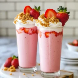 - 1 cup fresh strawberries, hulled and sliced - 1/2 cup cream cheese, softened - 1/2 cup Greek yogurt - 1/2 cup milk (dairy or non-dairy) - 2 tablespoons honey or maple syrup - 1 teaspoon vanilla extract - 1/4 cup graham cracker crumbs - Ice cubes (optional) For this smoothie, I use 1 cup of fresh strawberries. Make sure to hull and slice them. The cream cheese should be softened to mix well, so take it out ahead of time. I add 1/2 cup of Greek yogurt for creaminess and protein. You can use any milk you like, with 1/2 cup as the requirement. Sweetness is key, so I use 2 tablespoons of honey or maple syrup, depending on your taste. A splash of vanilla extract adds a lovely flavor. The graham cracker crumbs give a cheesecake feel, and I use 1/4 cup. If you want a thicker smoothie, toss in a few ice cubes. You can personalize this smoothie. Try adding a banana for extra creaminess. A tablespoon of peanut butter makes it richer. For a fruity twist, use other berries like blueberries or raspberries. You can also sprinkle cinnamon for a warm flavor. {{ingredient_image_1}} Start by gathering all your ingredients. You need: - 1 cup fresh strawberries, hulled and sliced - 1/2 cup cream cheese, softened - 1/2 cup Greek yogurt - 1/2 cup milk (dairy or non-dairy) - 2 tablespoons honey or maple syrup - 1 teaspoon vanilla extract - 1/4 cup graham cracker crumbs - Ice cubes (optional) Wash the strawberries well. Remove the green tops and cut them into slices. Soften the cream cheese by letting it sit out for a bit. This makes it easier to mix. In a blender, add the sliced strawberries, softened cream cheese, Greek yogurt, and milk. Then, pour in the honey or maple syrup. Add the vanilla extract next. Blend on high until the mixture is smooth and creamy. You want to ensure there are no lumps. If you like a thicker smoothie, toss in some ice cubes. Blend again until you reach your desired thickness. Once blended, stir in the graham cracker crumbs. Reserve a tablespoon for later. Blend briefly just to mix. Pour the smoothie into tall glasses. For a fun touch, sprinkle the reserved graham cracker crumbs on top. This adds a nice crunch. You can also add a fresh strawberry on the rim of the glass. A swirl of yogurt on top looks great too. Enjoy your creamy, refreshing treat! To make this smoothie smooth, blend it well. Start with fresh strawberries for a bright taste. Use softened cream cheese so it mixes easily. Greek yogurt adds creaminess and protein. Adjust the sweetness with honey or maple syrup. If you want it thicker, add ice cubes. Blend until everything is well combined. You can swap fresh strawberries for frozen ones if needed. Use plant-based cream cheese for a dairy-free option. Greek yogurt can be replaced with regular yogurt. For a sweeter mix, try agave syrup instead of honey. You can also use almond milk or oat milk if you prefer non-dairy. Serve your smoothie in tall glasses for a nice look. Add a fresh strawberry on the rim for color. A swirl of yogurt on top makes it pop. Sprinkle leftover graham cracker crumbs for crunch. You can also use a fun straw to make it more inviting. Pro Tips Freshness is Key: Always use ripe, fresh strawberries for the best flavor and sweetness in your smoothie. Mixing Options: For a dairy-free version, substitute the cream cheese and yogurt with vegan alternatives. Sweetness Adjustment: Taste the smoothie before adding all the sweetener; adjust according to your preference. Garnishing Ideas: Add a mint leaf or a drizzle of chocolate sauce for an extra touch of elegance when serving. {{image_2}} To make a dairy-free strawberry cheesecake smoothie, swap dairy ingredients. Use non-dairy cream cheese and yogurt. Almond or coconut milk works great here. This way, you still enjoy a creamy texture without dairy. It keeps the taste delicious and fresh. You can mix in other fruits for fun flavors. Try bananas for creaminess. Raspberries add a tart kick. Blueberries give a nice sweetness. Each fruit brings its own twist, keeping your smoothie exciting. Blend your favorite fruits with the basic recipe for a unique treat. Love chocolate? Add cocoa powder or chocolate syrup to your smoothie. It gives a rich flavor that pairs well with strawberries. You can blend in some dark chocolate chips for added texture. This twist makes your smoothie feel like a dessert while still refreshing. If you have leftover smoothie, store it in a sealed jar. A glass jar works best. Keep it in the fridge. It stays fresh for up to two days. Give it a shake before you drink it again. This will help mix the ingredients back together. You can freeze your smoothie for later. Pour the leftover smoothie into ice cube trays. Once frozen, transfer the cubes to a sealed bag. They last for up to three months. When you're ready, blend the cubes into a new smoothie. This gives it a fun, icy texture. To keep your smoothie fresh, use ripe strawberries. Fresh fruit gives the best flavor. Store your smoothie in the coldest part of the fridge. Limit air exposure by sealing tightly. For the best taste, enjoy it right after making. To make this smoothie vegan, swap out the cream cheese for a plant-based cream cheese. Use coconut yogurt or almond yogurt instead of Greek yogurt. Opt for almond, oat, or soy milk in place of dairy milk. Finally, sweeten with maple syrup, as it's vegan-friendly. Yes, frozen strawberries work great! They add a nice chill to the smoothie. Just be aware that using frozen fruit may make your smoothie thicker. Blend everything well to ensure a smooth texture. You might want to add a bit more milk if it gets too thick. This smoothie offers a balance of nutrients. For two servings, it contains about 250 calories, with 8 grams of protein and 10 grams of fat. It has around 30 grams of carbs, mostly from the fruit. The honey or maple syrup adds some sugars, but you can adjust this based on your taste. To turn this smoothie into a meal replacement, add more protein. You can mix in a scoop of protein powder or nut butter. This addition boosts protein and keeps you full longer. You might also consider adding oats for extra fiber and staying power. In this blog post, we explored the essential ingredients for your smoothie and how to prepare it step-by-step. We also discussed tips for perfecting taste and texture, along with storage methods. Variations like dairy-free options and a chocolate-covered strawberry twist can add fun. Remember, making adjustments to your smoothie can enhance both its flavor and health benefits. Enjoy experimenting with different fruits and blends. Your smoothie journey begins now!