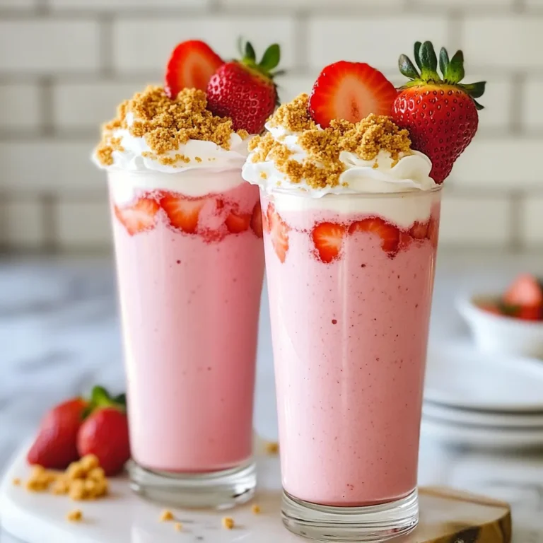 - 1 cup fresh strawberries, hulled and sliced - 1/2 cup cream cheese, softened - 1/2 cup Greek yogurt - 1/2 cup milk (dairy or non-dairy) - 2 tablespoons honey or maple syrup - 1 teaspoon vanilla extract - 1/4 cup graham cracker crumbs - Ice cubes (optional) For this smoothie, I use 1 cup of fresh strawberries. Make sure to hull and slice them. The cream cheese should be softened to mix well, so take it out ahead of time. I add 1/2 cup of Greek yogurt for creaminess and protein. You can use any milk you like, with 1/2 cup as the requirement. Sweetness is key, so I use 2 tablespoons of honey or maple syrup, depending on your taste. A splash of vanilla extract adds a lovely flavor. The graham cracker crumbs give a cheesecake feel, and I use 1/4 cup. If you want a thicker smoothie, toss in a few ice cubes. You can personalize this smoothie. Try adding a banana for extra creaminess. A tablespoon of peanut butter makes it richer. For a fruity twist, use other berries like blueberries or raspberries. You can also sprinkle cinnamon for a warm flavor. {{ingredient_image_1}} Start by gathering all your ingredients. You need: - 1 cup fresh strawberries, hulled and sliced - 1/2 cup cream cheese, softened - 1/2 cup Greek yogurt - 1/2 cup milk (dairy or non-dairy) - 2 tablespoons honey or maple syrup - 1 teaspoon vanilla extract - 1/4 cup graham cracker crumbs - Ice cubes (optional) Wash the strawberries well. Remove the green tops and cut them into slices. Soften the cream cheese by letting it sit out for a bit. This makes it easier to mix. In a blender, add the sliced strawberries, softened cream cheese, Greek yogurt, and milk. Then, pour in the honey or maple syrup. Add the vanilla extract next. Blend on high until the mixture is smooth and creamy. You want to ensure there are no lumps. If you like a thicker smoothie, toss in some ice cubes. Blend again until you reach your desired thickness. Once blended, stir in the graham cracker crumbs. Reserve a tablespoon for later. Blend briefly just to mix. Pour the smoothie into tall glasses. For a fun touch, sprinkle the reserved graham cracker crumbs on top. This adds a nice crunch. You can also add a fresh strawberry on the rim of the glass. A swirl of yogurt on top looks great too. Enjoy your creamy, refreshing treat! To make this smoothie smooth, blend it well. Start with fresh strawberries for a bright taste. Use softened cream cheese so it mixes easily. Greek yogurt adds creaminess and protein. Adjust the sweetness with honey or maple syrup. If you want it thicker, add ice cubes. Blend until everything is well combined. You can swap fresh strawberries for frozen ones if needed. Use plant-based cream cheese for a dairy-free option. Greek yogurt can be replaced with regular yogurt. For a sweeter mix, try agave syrup instead of honey. You can also use almond milk or oat milk if you prefer non-dairy. Serve your smoothie in tall glasses for a nice look. Add a fresh strawberry on the rim for color. A swirl of yogurt on top makes it pop. Sprinkle leftover graham cracker crumbs for crunch. You can also use a fun straw to make it more inviting. Pro Tips Freshness is Key: Always use ripe, fresh strawberries for the best flavor and sweetness in your smoothie. Mixing Options: For a dairy-free version, substitute the cream cheese and yogurt with vegan alternatives. Sweetness Adjustment: Taste the smoothie before adding all the sweetener; adjust according to your preference. Garnishing Ideas: Add a mint leaf or a drizzle of chocolate sauce for an extra touch of elegance when serving. {{image_2}} To make a dairy-free strawberry cheesecake smoothie, swap dairy ingredients. Use non-dairy cream cheese and yogurt. Almond or coconut milk works great here. This way, you still enjoy a creamy texture without dairy. It keeps the taste delicious and fresh. You can mix in other fruits for fun flavors. Try bananas for creaminess. Raspberries add a tart kick. Blueberries give a nice sweetness. Each fruit brings its own twist, keeping your smoothie exciting. Blend your favorite fruits with the basic recipe for a unique treat. Love chocolate? Add cocoa powder or chocolate syrup to your smoothie. It gives a rich flavor that pairs well with strawberries. You can blend in some dark chocolate chips for added texture. This twist makes your smoothie feel like a dessert while still refreshing. If you have leftover smoothie, store it in a sealed jar. A glass jar works best. Keep it in the fridge. It stays fresh for up to two days. Give it a shake before you drink it again. This will help mix the ingredients back together. You can freeze your smoothie for later. Pour the leftover smoothie into ice cube trays. Once frozen, transfer the cubes to a sealed bag. They last for up to three months. When you're ready, blend the cubes into a new smoothie. This gives it a fun, icy texture. To keep your smoothie fresh, use ripe strawberries. Fresh fruit gives the best flavor. Store your smoothie in the coldest part of the fridge. Limit air exposure by sealing tightly. For the best taste, enjoy it right after making. To make this smoothie vegan, swap out the cream cheese for a plant-based cream cheese. Use coconut yogurt or almond yogurt instead of Greek yogurt. Opt for almond, oat, or soy milk in place of dairy milk. Finally, sweeten with maple syrup, as it's vegan-friendly. Yes, frozen strawberries work great! They add a nice chill to the smoothie. Just be aware that using frozen fruit may make your smoothie thicker. Blend everything well to ensure a smooth texture. You might want to add a bit more milk if it gets too thick. This smoothie offers a balance of nutrients. For two servings, it contains about 250 calories, with 8 grams of protein and 10 grams of fat. It has around 30 grams of carbs, mostly from the fruit. The honey or maple syrup adds some sugars, but you can adjust this based on your taste. To turn this smoothie into a meal replacement, add more protein. You can mix in a scoop of protein powder or nut butter. This addition boosts protein and keeps you full longer. You might also consider adding oats for extra fiber and staying power. In this blog post, we explored the essential ingredients for your smoothie and how to prepare it step-by-step. We also discussed tips for perfecting taste and texture, along with storage methods. Variations like dairy-free options and a chocolate-covered strawberry twist can add fun. Remember, making adjustments to your smoothie can enhance both its flavor and health benefits. Enjoy experimenting with different fruits and blends. Your smoothie journey begins now!