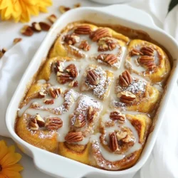 - 2 cans of refrigerated cinnamon rolls (with icing) - 6 large eggs - 1 cup milk (whole or your choice) - 1/4 cup maple syrup - 1 teaspoon vanilla extract - 1 teaspoon ground cinnamon - 1/4 teaspoon nutmeg - 1/2 cup pecans, chopped (optional) - Powdered sugar for dusting (optional) You can switch the milk. Use almond, soy, or oat milk if you like. For maple syrup, honey or agave nectar works too. You can replace eggs with flaxseed meal or applesauce if needed. Use a 9x13 inch baking dish. You&rsquo;ll need mixing bowls for the egg mix. A whisk and measuring cups help with precise amounts. {{ingredient_image_1}} First, preheat your oven to 350&deg;F (175&deg;C). This step warms up the oven for even baking. Next, grab a 9x13 inch baking dish and lightly grease it. Use butter or cooking spray for easy cleanup. This helps the cinnamon rolls not stick to the dish. Open the two cans of cinnamon rolls. Each roll needs to be cut into quarters. A sharp knife works best. By cutting them evenly, you help them bake at the same rate. Spread the cut pieces in the greased dish. Make sure they are in a single layer. In a large mixing bowl, add six large eggs. Pour in one cup of milk. You can use whole milk or any milk you like. Next, add 1/4 cup of maple syrup, one teaspoon of vanilla extract, one teaspoon of ground cinnamon, and 1/4 teaspoon of nutmeg. Whisk all the ingredients together until they are smooth and well mixed. This helps every bite taste great. Now, pour the egg mixture over the cinnamon roll pieces. Make sure to cover as many pieces as you can. Use a spatula to spread it out if needed. If you like pecans, sprinkle 1/2 cup of chopped pecans on top. Gently press the cinnamon roll pieces down into the liquid. This step helps them soak up the egg mixture. Place the baking dish in the preheated oven. Bake for 25-30 minutes. Keep an eye on it. You want the top to be golden brown and the center to be set. You can check doneness by inserting a toothpick. If it comes out clean, it&rsquo;s ready. Once done, remove it from the oven and let it cool for five minutes. To ensure even cooking, spread the cinnamon roll pieces well in the dish. Cut each roll into quarters to make sure they soak evenly. This helps every part cook the same way. Press them down gently in the egg mix. This step keeps them moist. To avoid dryness, don't bake too long. Check at 25 minutes. The top should be golden, and the center should not jiggle. If it's too dry, try adding an extra egg next time. This will keep it richer and moister. You can easily add fruits to your bake. Sliced apples or berries work great. Toss them with a bit of cinnamon for extra flavor. Place them on top of the cinnamon rolls before pouring the egg mixture. This will give your dish a nice, fruity twist. Consider nuts for a crunchy texture. Chopped pecans add a lovely flavor. Sprinkle them on top for a delightful crunch. You can also use walnuts or almonds if you prefer. Drizzling icing is simple. Heat the icing in the microwave for a few seconds. This makes it easier to spread. Then, use a spoon to drizzle it over the top. Start from the center and move outward. This method gives a nice look and covers more area. If you want more sweetness, dust with powdered sugar after icing. This adds a beautiful finish. Pro Tips Use Day-Old Cinnamon Rolls: Using slightly stale cinnamon rolls will help them absorb the egg mixture better, resulting in a more cohesive bake. Experiment with Toppings: Feel free to add your favorite toppings like chocolate chips, dried fruits, or different nuts to customize your bake. Let it Rest: Allow the dish to cool for a few minutes before serving; this helps the cinnamon rolls set and makes it easier to cut into squares. Make Ahead: Prepare the dish the night before, cover it, and refrigerate. Bake it in the morning for an easy breakfast option. {{image_2}} You can get creative with this dish! Adding chocolate chips gives a sweet twist. Toss in a cup of fresh berries for a fruity kick. Bananas or apples work great too. They add flavor and moisture, making every bite exciting. If you need gluten-free, use gluten-free cinnamon rolls. There are many tasty options available now. For a vegan version, replace eggs with flax eggs and use plant-based milk. Maple syrup stays the same, adding that sweet touch. Pair this dish with a hot cup of coffee or sweet tea. A dollop of whipped cream on top makes it extra special. Serve it with fresh fruit on the side for a balanced meal. You can also add crispy bacon for a savory contrast. To keep your Cinnamon Roll French Toast Bake fresh, store leftovers in an airtight container. I recommend using glass or plastic containers with tight lids. Make sure the dish has cooled to room temperature before sealing it. This helps avoid moisture buildup. Place the container in the fridge. It will stay fresh for 3 to 4 days. To reheat, the best method is to use the oven. Preheat your oven to 350&deg;F (175&deg;C). Place the leftover squares in a baking dish. Cover them with foil to keep them moist. Heat for about 15-20 minutes until warm. You can also use a microwave, but this may change the texture. Heat it in short bursts of 30 seconds, checking often. You can freeze this dish before or after baking. If freezing before baking, assemble it in your dish, cover it well, and freeze. When ready to bake, let it thaw in the fridge overnight. If you freeze it after baking, allow it to cool first. Wrap it tightly in plastic wrap, then foil, to prevent freezer burn. It can last for up to 2 months in the freezer. Yes, you can prepare this dish ahead of time. To do this, follow these tips: - Mix the egg mixture: Whisk the eggs, milk, syrup, vanilla, cinnamon, and nutmeg. - Prep the cinnamon rolls: Cut the rolls and place them in the baking dish. - Combine: Pour the egg mixture over the rolls. - Cover: Wrap the dish tightly with foil or plastic wrap. - Chill: Store it in the fridge overnight. When you are ready, bake it straight from the fridge. Just add a few extra minutes to the baking time. To check if your bake is ready, look for these signs: - The top should be golden brown. - The center should feel firm, not jiggly. - Insert a toothpick in the center; it should come out clean. These steps ensure you get a perfectly baked cinnamon roll French toast bake. Yes, you can switch it up! Here are some fun alternatives: - Brioche: This bread adds a rich flavor. - Challah: A sweet option that works well. - Bagels: For a unique twist, use bagels cut into pieces. Feel free to experiment with your favorite breads to create new tastes. This blog post walks you through making a delicious cinnamon roll bake. We covered the key ingredients, tools, and step-by-step instructions. You learned tips for baking and how to store leftovers properly. Feel free to customize the recipe with different flavors or dietary options. With these simple steps and tricks, you can create a delightful dish for any occasion. Enjoy your baking adventure and share the joy with others!