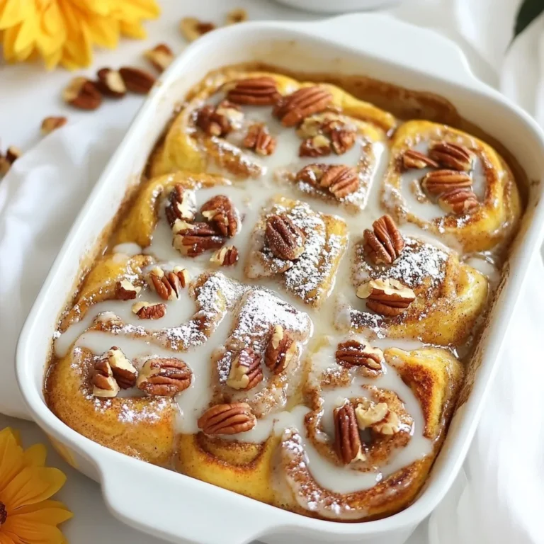 - 2 cans of refrigerated cinnamon rolls (with icing) - 6 large eggs - 1 cup milk (whole or your choice) - 1/4 cup maple syrup - 1 teaspoon vanilla extract - 1 teaspoon ground cinnamon - 1/4 teaspoon nutmeg - 1/2 cup pecans, chopped (optional) - Powdered sugar for dusting (optional) You can switch the milk. Use almond, soy, or oat milk if you like. For maple syrup, honey or agave nectar works too. You can replace eggs with flaxseed meal or applesauce if needed. Use a 9x13 inch baking dish. You’ll need mixing bowls for the egg mix. A whisk and measuring cups help with precise amounts. {{ingredient_image_1}} First, preheat your oven to 350°F (175°C). This step warms up the oven for even baking. Next, grab a 9x13 inch baking dish and lightly grease it. Use butter or cooking spray for easy cleanup. This helps the cinnamon rolls not stick to the dish. Open the two cans of cinnamon rolls. Each roll needs to be cut into quarters. A sharp knife works best. By cutting them evenly, you help them bake at the same rate. Spread the cut pieces in the greased dish. Make sure they are in a single layer. In a large mixing bowl, add six large eggs. Pour in one cup of milk. You can use whole milk or any milk you like. Next, add 1/4 cup of maple syrup, one teaspoon of vanilla extract, one teaspoon of ground cinnamon, and 1/4 teaspoon of nutmeg. Whisk all the ingredients together until they are smooth and well mixed. This helps every bite taste great. Now, pour the egg mixture over the cinnamon roll pieces. Make sure to cover as many pieces as you can. Use a spatula to spread it out if needed. If you like pecans, sprinkle 1/2 cup of chopped pecans on top. Gently press the cinnamon roll pieces down into the liquid. This step helps them soak up the egg mixture. Place the baking dish in the preheated oven. Bake for 25-30 minutes. Keep an eye on it. You want the top to be golden brown and the center to be set. You can check doneness by inserting a toothpick. If it comes out clean, it’s ready. Once done, remove it from the oven and let it cool for five minutes. To ensure even cooking, spread the cinnamon roll pieces well in the dish. Cut each roll into quarters to make sure they soak evenly. This helps every part cook the same way. Press them down gently in the egg mix. This step keeps them moist. To avoid dryness, don't bake too long. Check at 25 minutes. The top should be golden, and the center should not jiggle. If it's too dry, try adding an extra egg next time. This will keep it richer and moister. You can easily add fruits to your bake. Sliced apples or berries work great. Toss them with a bit of cinnamon for extra flavor. Place them on top of the cinnamon rolls before pouring the egg mixture. This will give your dish a nice, fruity twist. Consider nuts for a crunchy texture. Chopped pecans add a lovely flavor. Sprinkle them on top for a delightful crunch. You can also use walnuts or almonds if you prefer. Drizzling icing is simple. Heat the icing in the microwave for a few seconds. This makes it easier to spread. Then, use a spoon to drizzle it over the top. Start from the center and move outward. This method gives a nice look and covers more area. If you want more sweetness, dust with powdered sugar after icing. This adds a beautiful finish. Pro Tips Use Day-Old Cinnamon Rolls: Using slightly stale cinnamon rolls will help them absorb the egg mixture better, resulting in a more cohesive bake. Experiment with Toppings: Feel free to add your favorite toppings like chocolate chips, dried fruits, or different nuts to customize your bake. Let it Rest: Allow the dish to cool for a few minutes before serving; this helps the cinnamon rolls set and makes it easier to cut into squares. Make Ahead: Prepare the dish the night before, cover it, and refrigerate. Bake it in the morning for an easy breakfast option. {{image_2}} You can get creative with this dish! Adding chocolate chips gives a sweet twist. Toss in a cup of fresh berries for a fruity kick. Bananas or apples work great too. They add flavor and moisture, making every bite exciting. If you need gluten-free, use gluten-free cinnamon rolls. There are many tasty options available now. For a vegan version, replace eggs with flax eggs and use plant-based milk. Maple syrup stays the same, adding that sweet touch. Pair this dish with a hot cup of coffee or sweet tea. A dollop of whipped cream on top makes it extra special. Serve it with fresh fruit on the side for a balanced meal. You can also add crispy bacon for a savory contrast. To keep your Cinnamon Roll French Toast Bake fresh, store leftovers in an airtight container. I recommend using glass or plastic containers with tight lids. Make sure the dish has cooled to room temperature before sealing it. This helps avoid moisture buildup. Place the container in the fridge. It will stay fresh for 3 to 4 days. To reheat, the best method is to use the oven. Preheat your oven to 350°F (175°C). Place the leftover squares in a baking dish. Cover them with foil to keep them moist. Heat for about 15-20 minutes until warm. You can also use a microwave, but this may change the texture. Heat it in short bursts of 30 seconds, checking often. You can freeze this dish before or after baking. If freezing before baking, assemble it in your dish, cover it well, and freeze. When ready to bake, let it thaw in the fridge overnight. If you freeze it after baking, allow it to cool first. Wrap it tightly in plastic wrap, then foil, to prevent freezer burn. It can last for up to 2 months in the freezer. Yes, you can prepare this dish ahead of time. To do this, follow these tips: - Mix the egg mixture: Whisk the eggs, milk, syrup, vanilla, cinnamon, and nutmeg. - Prep the cinnamon rolls: Cut the rolls and place them in the baking dish. - Combine: Pour the egg mixture over the rolls. - Cover: Wrap the dish tightly with foil or plastic wrap. - Chill: Store it in the fridge overnight. When you are ready, bake it straight from the fridge. Just add a few extra minutes to the baking time. To check if your bake is ready, look for these signs: - The top should be golden brown. - The center should feel firm, not jiggly. - Insert a toothpick in the center; it should come out clean. These steps ensure you get a perfectly baked cinnamon roll French toast bake. Yes, you can switch it up! Here are some fun alternatives: - Brioche: This bread adds a rich flavor. - Challah: A sweet option that works well. - Bagels: For a unique twist, use bagels cut into pieces. Feel free to experiment with your favorite breads to create new tastes. This blog post walks you through making a delicious cinnamon roll bake. We covered the key ingredients, tools, and step-by-step instructions. You learned tips for baking and how to store leftovers properly. Feel free to customize the recipe with different flavors or dietary options. With these simple steps and tricks, you can create a delightful dish for any occasion. Enjoy your baking adventure and share the joy with others!