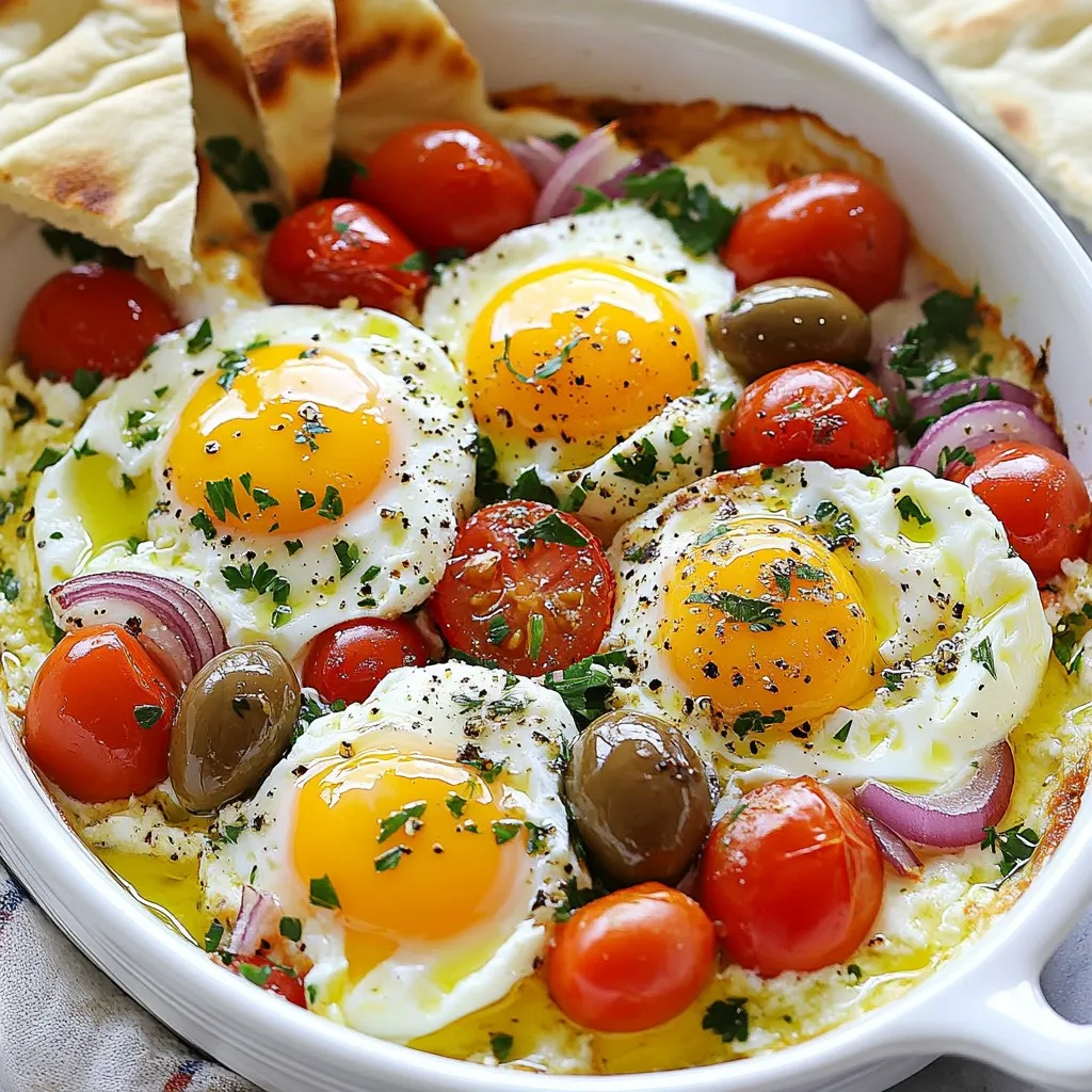 - 200g feta cheese, crumbled - 4 large eggs - 1 cup cherry tomatoes, halved - 1/2 red onion, thinly sliced - 1/2 cup Kalamata olives, pitted and halved These main ingredients create the base of this dish. The creamy feta adds a rich taste. The eggs provide protein and heartiness. Cherry tomatoes bring sweetness, while the red onion adds a nice crunch. Kalamata olives give a salty flavor, balancing the dish perfectly. - 2 tablespoons olive oil - 1 teaspoon dried oregano - Salt and pepper to taste The olive oil adds moisture and depth. Dried oregano gives that classic Mediterranean taste. Salt and pepper are key to enhancing all the flavors in this dish. You can adjust them based on your taste. - Pita bread - Crusty bread - Fresh parsley Pita or crusty bread is perfect for dipping into the baked dish. It adds a nice texture. Fresh parsley not only adds color but also freshness. You can sprinkle it on top for a burst of flavor. {{ingredient_image_1}} 1. Preheating the oven Start by preheating your oven to 375°F (190°C). This ensures even cooking for your dish. 2. Preparing the baking dish Grab a medium baking dish. Spread the halved cherry tomatoes and sliced red onion evenly across the bottom. This creates a colorful base for your dish. 1. Spreading cherry tomatoes and red onion The cherry tomatoes add sweetness, while the red onion brings a nice bite. Drizzle 1 tablespoon of olive oil over the veggies. Season with salt, pepper, and dried oregano. Toss them to coat well. 2. Crumbling feta and creating wells for eggs Now, crumble 200g of feta cheese evenly over the vegetables. Use the back of a spoon to make four small wells in the feta mixture. This is where you will crack the eggs. 1. Drizzling oils and seasoning Carefully crack one egg into each well. Drizzle the remaining tablespoon of olive oil over the eggs. Lightly season them with salt and pepper for extra flavor. 2. Baking time and doneness indicators Bake your dish in the preheated oven for 20-25 minutes. The egg whites should be set, while the yolks remain slightly runny. Adjust the time to fit your taste. Enjoy the wonderful aroma that fills your kitchen! To get the right egg consistency, watch the baking time closely. Bake for 20-25 minutes. The egg whites should be firm, but the yolks should stay runny. You can test this by gently shaking the dish. If the yolks jiggle slightly, they are just right. If you bake too long, the yolks will set hard, losing that creamy texture. To avoid overcooking, check your dish a few minutes early. Ovens can vary in temperature. If you see the whites are set but the yolks still jiggle, it’s time to take them out. Let them cool for a minute before serving. If you cannot find feta cheese, goat cheese works great too. It has a similar creamy texture and tangy flavor. You can also try ricotta for a milder taste. For other vegetable additions, consider spinach or bell peppers. Sauté them first for even more flavor. Zucchini or mushrooms can also add nice texture and taste. Serve the baked feta eggs hot from the oven. Pair them with warm pita bread or crusty bread. This makes dipping easy and fun. For garnishing, chop fresh parsley and sprinkle it on top. This adds color and a fresh taste. You can also add a drizzle of olive oil for extra richness. Pro Tips Choose Quality Feta: Opt for a good quality feta cheese, preferably made from sheep's milk for a creamier texture and richer flavor. Adjust Egg Cook Time: Keep an eye on the eggs while baking; if you prefer firmer yolks, extend the baking time by a few minutes. Experiment with Vegetables: Feel free to add other vegetables like bell peppers or spinach to customize the dish to your liking. Serve Immediately: This dish is best enjoyed right out of the oven while the eggs are still warm and the feta is melty. {{image_2}} You can easily boost the taste of Mediterranean Baked Feta Eggs. Adding fresh herbs like basil or thyme gives a bright twist. Try using spices like paprika or cayenne for a bit of heat. Each herb or spice adds a unique layer of flavor. You can also switch up the cheese! Feta is great, but you can try goat cheese or ricotta. Each cheese brings its own creaminess and taste to the dish. To make this dish vegetarian-friendly, just ensure all your ingredients are plant-based. The feta cheese is usually made from sheep's milk, so choose a dairy-free feta if needed. It’s easy to make this dish gluten-free too. Just serve it without bread or choose gluten-free options. You can enjoy the eggs and feta with fresh veggies or a salad instead. If you’re cooking for a crowd, simply scale up the recipe. Use a larger baking dish and add more eggs and cheese. You can also make individual ramekin servings. This way, everyone gets their own portion. Just adjust the baking time based on the size of the ramekins. Each person will love having their own personal dish of baked feta eggs. To keep your Mediterranean baked feta eggs fresh, store them in an airtight container. Refrigerate them within two hours of cooking. This helps prevent any bacteria growth. Your leftovers will stay good for about 3 days in the fridge. When it's time to enjoy your leftovers, the best way to reheat them is in the oven. Preheat your oven to 350°F (175°C). Place the dish in the oven for about 10-15 minutes. This method helps keep the eggs tender and the feta creamy. You can also use the microwave, but it may change the texture. If you do, heat in short bursts, checking often to avoid overcooking. You can freeze Mediterranean baked feta eggs, but it’s best to do so before baking. Prepare the dish, cover it tightly, and place it in the freezer. It will last about 2 months. When ready to bake, thaw it overnight in the fridge. Then, bake it as normal. This method keeps the eggs fluffy and the flavors fresh. Mediterranean Baked Feta Eggs is a flavorful dish that combines feta cheese, eggs, and fresh veggies. This dish has roots in Mediterranean cooking, where simple, fresh ingredients shine. The creamy feta pairs well with the soft-cooked eggs and juicy tomatoes. It offers a delightful mix of flavors and textures that brighten any breakfast. Yes, you can prepare this dish ahead of time. You can chop the veggies and crumble the feta the night before. Just store them in the fridge. When you are ready to bake, simply assemble the dish and add the eggs. You can also bake it and store leftovers in the fridge. It lasts for about three days. The best bread to serve with Mediterranean Baked Feta Eggs is warm pita bread or a crusty loaf. Both options soak up the egg and feta flavors well. Pita is soft and perfect for dipping, while crusty bread adds a nice crunch. You can also use sourdough or baguette for variety. Absolutely! You can add cooked sausage, bacon, or even diced ham. Just make sure to cook the meat first. Stir it in with the veggies before adding the feta and eggs. This will give your dish a heartier feel and add rich flavor. Adjust the seasoning to balance the added meat. Mediterranean Baked Feta Eggs is a tasty dish filled with fresh ingredients. We covered key ingredients like feta, eggs, and olives. I shared steps to prepare, bake, and serve this meal. You can add variations and tips to make it your own. This dish is perfect for any meal and easy to store. Enjoy making it your own!