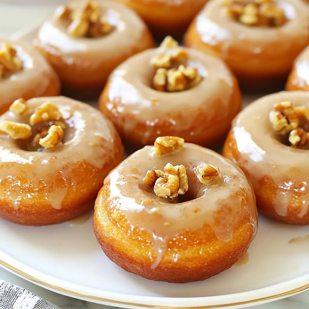 To make these tasty donuts, you'll need: - 1 cup all-purpose flour - 1 cup grated carrots (about 2 medium carrots) - 1/2 cup brown sugar, packed - 1/4 cup granulated sugar - 1/2 cup buttermilk - 1/4 cup unsalted butter, melted - 2 large eggs - 1 teaspoon vanilla extract - 1 teaspoon baking powder - 1/2 teaspoon baking soda - 1/2 teaspoon ground cinnamon - 1/4 teaspoon nutmeg - 1/4 teaspoon salt These ingredients come together to create a moist and spiced donut that highlights the carrots. The maple glaze is what makes these donuts special. For the glaze, you will need: - 1 cup powdered sugar - 2-3 tablespoons maple syrup - 1 tablespoon milk (or more as needed for desired consistency) - A pinch of salt This glaze adds a sweet maple flavor that pairs perfectly with the carrot base. You can take these donuts to the next level with some optional add-ins: - 1/2 cup chopped walnuts Adding walnuts gives a great crunch and a nutty flavor. You can mix them into the batter or sprinkle them on top of the glaze for extra texture. {{ingredient_image_1}} Start by preheating your oven to 350°F (175°C). This is key for even baking. Next, lightly grease your donut pan. This helps the donuts release easily after baking. In a mixing bowl, whisk together the dry ingredients. Use 1 cup of all-purpose flour, 1 teaspoon of baking powder, 1/2 teaspoon of baking soda, and a pinch of salt. Add 1/2 teaspoon of ground cinnamon and 1/4 teaspoon of nutmeg. This mix gives the donuts their warm flavor. Set this bowl aside. In another bowl, beat together the wet ingredients. Use 1/4 cup of melted unsalted butter, 1/2 cup of packed brown sugar, and 1/4 cup of granulated sugar. Add 1/2 cup of buttermilk, 2 large eggs, and 1 teaspoon of vanilla extract. Mix until everything is well combined. This step adds moisture and sweetness. Gradually add the dry mix to the wet mix. Stir gently until just combined. Then, fold in 1 cup of grated carrots and 1/2 cup of chopped walnuts, if you like. The carrots add sweetness and texture, while walnuts give a nice crunch. Fill each donut cavity in the pan about 2/3 full. Bake for 12-15 minutes. To check if they are done, insert a toothpick into the center. It should come out clean. Let the donuts cool in the pan for 5 minutes before moving them to a wire rack. This cooling step keeps them fluffy. While the donuts cool, make the maple glaze. In a small bowl, mix 1 cup of powdered sugar, 2-3 tablespoons of maple syrup, and 1 tablespoon of milk. Whisk until smooth. You can adjust thickness by adding more milk or sugar. Once the donuts are cool, dip the tops into the glaze. Let any extra glaze drip back into the bowl. Set the glazed donuts on the wire rack and let them set for a few minutes before serving. To get soft and fluffy donuts, use fresh ingredients. Old baking powder and baking soda can ruin your donuts. Mix the dry and wet ingredients gently. Overmixing makes them tough. Fill the donut pan to about two-thirds full. This gives your donuts room to rise without spilling over. Bake until golden and a toothpick comes out clean. Let them cool for a bit before glazing. If you like your donuts sweeter, add more brown sugar or maple syrup. You can also mix in some finely grated apple for natural sweetness. If you prefer a less sweet donut, cut back on the sugar by a few tablespoons. Remember, the glaze will add sweetness too. Taste as you go to find your perfect balance. To make a smooth glaze, start with powdered sugar. Mix it with maple syrup and a little milk. Whisk until there are no lumps. If your glaze is too thick, add more milk, one teaspoon at a time. If it's too thin, sprinkle in extra powdered sugar. The right glaze should coat the donuts nicely but not drip off too much. Dip the tops of the donuts and let the excess drip back in the bowl. This keeps the glaze thick and tasty! Pro Tips Use Fresh Carrots: For the best flavor and texture, use freshly grated carrots rather than pre-packaged shredded carrots. Don’t Overmix the Batter: Mix the wet and dry ingredients until just combined to ensure your donuts remain light and fluffy. Adjust Glaze Consistency: If your maple glaze is too thick, add a little more milk, or if it's too thin, add more powdered sugar to achieve your desired consistency. Experiment with Spices: Feel free to add other spices like ginger or allspice to customize the flavor of your donuts to your liking. {{image_2}} You can switch the all-purpose flour with whole wheat flour. This adds fiber and nutrients. For a gluten-free option, use almond flour or a gluten-free flour blend. Both work well! When it comes to sugars, you might use coconut sugar instead of brown sugar. This gives a natural sweetness. You can also try honey or agave syrup for a different taste. To boost the flavor, add more spices. Try adding ginger for warmth or allspice for depth. A pinch of cloves can also create a lovely aroma. You might also add orange zest for a bright, citrus note. It pairs nicely with the carrots and maple glaze. Experiment and find what you love! If you want vegan donuts, swap the eggs for flax eggs. Mix one tablespoon of flaxseed meal with three tablespoons of water. Let it sit for a few minutes to thicken. For the buttermilk, use almond milk mixed with a splash of vinegar. This mimics the tangy flavor. To make gluten-free donuts, follow the flour substitutions mentioned. Enjoy your treats without worry! To keep your maple glazed carrot cake donuts fresh, store them in an airtight container. This helps prevent them from drying out. You can keep them at room temperature for up to two days. If you want to keep them longer, the fridge is a good option. Just remember to seal them well to avoid moisture loss. For longer storage, you can freeze the donuts. Allow the donuts to cool completely before freezing. Wrap each donut tightly in plastic wrap. Then, place them in a freezer-safe bag or container. These donuts can last up to three months in the freezer. When you're ready to enjoy them, simply thaw them at room temperature. To enjoy your donuts warm, preheat your oven to 350°F (175°C). Place the donuts on a baking sheet for about five to ten minutes. This helps revive their soft texture. You can also microwave a donut for about 10-15 seconds. Be careful not to overheat, or they may become tough. Enjoy them fresh for a delightful treat! You can use milk mixed with vinegar or lemon juice. Mix 1 cup of milk with 1 tablespoon of vinegar or lemon juice. Let it sit for about five minutes. This will give you a nice buttermilk flavor for your donuts. Yes, store-bought maple syrup works well. Look for pure maple syrup for the best taste. Avoid syrup labeled as “pancake syrup” since it may have artificial flavors. Pure syrup will add the right sweetness to your glaze. Check the donuts at 12 minutes. Insert a toothpick into the center. If it comes out clean, the donuts are done. If not, bake for another minute or two. They should be golden brown and spring back when touched. Serve the donuts warm or at room temperature. Arrange them on a nice plate for a pretty display. You can sprinkle extra walnuts on top or drizzle more maple syrup for added flair. Pair them with coffee or tea for a delightful treat. You now know the ingredients needed for delicious donuts and how to prepare them. We covered how to mix, bake, and glaze with care. I shared tips for perfect texture and sweetness, plus variations to fit your needs. Donuts can be stored or frozen for later enjoyment. Remember, with a few tweaks, you can make them your own. Enjoy creating these tasty treats and share them with friends and family!