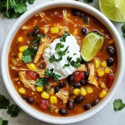- 1 lb boneless, skinless chicken breasts - 1 tablespoon olive oil - 1 medium onion, diced - 3 cloves garlic, minced - 1 can (10 oz) red enchilada sauce - 4 cups chicken broth - 1 can (15 oz) black beans, drained and rinsed - 1 can (15 oz) corn, drained - 1 teaspoon ground cumin - 1 teaspoon smoked paprika - 1 teaspoon chili powder - Salt and pepper to taste - 1 cup shredded Cheddar cheese - 1 cup sour cream - Fresh cilantro, for garnish - Lime wedges, for serving The heart of my Chicken Enchilada Soup lies in these simple ingredients. I start with 1 pound of boneless, skinless chicken breasts. They cook up tender and flavorful. A tablespoon of olive oil gets heated in a big pot. I add a diced onion and let it soften. It takes about 3 to 4 minutes. The onion builds a nice base for my soup. Next, I toss in 3 cloves of minced garlic. The smell is amazing! I use 10 ounces of red enchilada sauce to add rich flavor. I pour in 4 cups of chicken broth for a warm, comforting base. Then, I stir in a can of black beans and a can of corn. These add texture and nutrition. To spice things up, I include ground cumin, smoked paprika, and chili powder. A pinch of salt and pepper makes it just right. The toppings are where it gets fun. I sprinkle in 1 cup of shredded Cheddar cheese for a creamy finish. I serve it all with a dollop of sour cream and some fresh cilantro. Lime wedges on the side add a zesty kick. Each ingredient plays a role in making this soup a family favorite. {{ingredient_image_1}} First, heat 1 tablespoon of olive oil in a large pot over medium heat. Add in 1 medium diced onion. Sauté for about 3-4 minutes until the onion is soft and see-through. Next, add 3 cloves of minced garlic. Cook this for 1 more minute until you smell the garlic. Now, it’s time to add the chicken. Place 1 pound of boneless, skinless chicken breasts into the pot. Pour in 1 can of red enchilada sauce and 4 cups of chicken broth. Bring this mix to a gentle simmer. Season with 1 teaspoon each of ground cumin, smoked paprika, and chili powder. Add salt and pepper to taste. Let this cook for 20-25 minutes until the chicken is fully cooked. Once the chicken is cooked, take it out of the pot. Use two forks to shred the chicken into small pieces. Return the shredded chicken back to the pot. Now, stir in 1 can of black beans and 1 can of corn. Mix well and let it simmer for another 5-10 minutes. Right before serving, add in 1 cup of shredded Cheddar cheese. Stir until the cheese melts. Serve the soup warm, topped with a dollop of sour cream, fresh cilantro, and lime wedges on the side. To ensure even cooking of chicken, start with uniform pieces. Cut the chicken breasts into smaller, equal sizes. This way, they cook at the same rate. When you add the chicken to the pot, make sure the broth covers it. This helps it cook through without drying out. Next, for perfectly sautéing onions and garlic, use medium heat. Heat the olive oil first, then add the diced onions. Stir them until they turn soft and clear. This usually takes about 3 to 4 minutes. When the onions look good, add the minced garlic. Cook it just until fragrant, about one minute. This adds a nice depth of flavor to the soup. If you need alternatives for black beans and corn, try pinto beans or chickpeas. Both provide a nice texture and flavor. For corn, you can use diced bell peppers or zucchini. These options work well and keep the soup tasty. When adjusting spice levels, start with less chili powder. You can always add more later. If you prefer a milder taste, remove some of the spices. You could even swap chili powder for paprika for a sweeter flavor. For the best accompaniments, serve Chicken Enchilada Soup with tortilla chips or warm tortillas. These add a nice crunch and balance the soup's creaminess. For presentation, ladle the soup into bright bowls. Top each serving with a dollop of sour cream and a sprinkle of fresh cilantro. Add a few lime wedges on the side. This makes the dish pop and invites everyone to dig in. Pro Tips Use Rotisserie Chicken: For a quicker preparation, consider using pre-cooked rotisserie chicken. Just shred it and add it to the soup for a delicious shortcut. Spice It Up: Adjust the spice levels by adding diced jalapeños or a few dashes of hot sauce for those who enjoy a little extra heat in their soup. Garnish Wisely: Enhance the presentation and flavor by garnishing with sliced avocado, diced red onions, or crumbled tortilla chips for added crunch. Make It Ahead: This soup stores well, so consider making a double batch. It can be refrigerated for up to 3 days or frozen for up to 3 months. {{image_2}} You can easily switch up the ingredients in chicken enchilada soup. Adding vegetables boosts nutrition and flavor. Try diced bell peppers, zucchini, or spinach. These blend well and give extra color. Using different types of cheese can change the taste. While Cheddar is classic, consider Monterey Jack or Pepper Jack for a spicy kick. Each cheese adds a unique twist. If you need it gluten-free, check your enchilada sauce. Many brands are safe. You can also swap regular chicken broth for gluten-free options. For a dairy-free version, use cashew cream instead of sour cream. Nutritional yeast can mimic a cheesy flavor. This keeps the soup tasty for everyone. Vegetarians can enjoy this dish too. Substitute chicken with lentils or chickpeas. Use vegetable broth instead of chicken broth. You won’t miss the meat! To add smokiness, try chipotle peppers in adobo sauce. Just chop one or two and mix them in. They give a deep, rich flavor. For heat lovers, increase the chili powder or add jalapeños. Fresh herbs like cilantro or parsley elevate the dish. Sprinkle them on top before serving for a burst of freshness. You can store Chicken Enchilada Soup in the fridge for about 3 to 4 days. To keep it fresh, use an airtight container. This helps prevent the soup from absorbing other smells from your fridge. To freeze Chicken Enchilada Soup, let it cool completely first. Then, pour it into freezer bags or containers. Make sure to leave some space at the top for expansion. When you're ready to eat, take it out and thaw it in the fridge overnight. You can reheat it on the stove or in the microwave until hot. Making Chicken Enchilada Soup ahead of time makes meals easy. You can prepare it on a weekend. Portion the soup into single servings for quick lunches or dinners. Just grab a container, reheat, and enjoy! Cooking Chicken Enchilada Soup takes about 50 minutes. You spend 10 minutes prepping. The cooking time is around 40 minutes. First, you sauté the onions and garlic. Then, simmer the chicken with broth. Finally, you add the beans and corn for flavor. Yes, you can use rotisserie chicken! It's a great time-saver. Just shred the chicken and add it to the soup. This will cut your cooking time in half. You can skip cooking the chicken in the pot. This makes the soup even easier to prepare. The spice level can be adjusted to your taste. The recipe uses chili powder for heat. If you want less spice, use less chili powder. You can also add more cheese or sour cream to cool it down. For more heat, add jalapeños or hot sauce. Enjoy tweaking the spice to match your family's preferences! This Chicken Enchilada Soup is simple and delicious. We covered the key ingredients, from chicken to spices. I shared how to cook it step-by-step. Tips for substitutes and serving ideas will help you, too. Don't forget about storage and meal prep advice. You can enjoy this hearty soup anytime. Experiment with flavors to find what you love most. Cooking can be fun and rewarding. Enjoy every spoonful, and feel free to share your own tweaks!