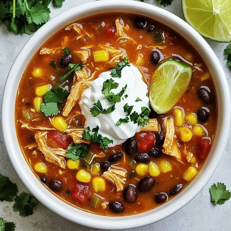 - 1 lb boneless, skinless chicken breasts - 1 tablespoon olive oil - 1 medium onion, diced - 3 cloves garlic, minced - 1 can (10 oz) red enchilada sauce - 4 cups chicken broth - 1 can (15 oz) black beans, drained and rinsed - 1 can (15 oz) corn, drained - 1 teaspoon ground cumin - 1 teaspoon smoked paprika - 1 teaspoon chili powder - Salt and pepper to taste - 1 cup shredded Cheddar cheese - 1 cup sour cream - Fresh cilantro, for garnish - Lime wedges, for serving The heart of my Chicken Enchilada Soup lies in these simple ingredients. I start with 1 pound of boneless, skinless chicken breasts. They cook up tender and flavorful. A tablespoon of olive oil gets heated in a big pot. I add a diced onion and let it soften. It takes about 3 to 4 minutes. The onion builds a nice base for my soup. Next, I toss in 3 cloves of minced garlic. The smell is amazing! I use 10 ounces of red enchilada sauce to add rich flavor. I pour in 4 cups of chicken broth for a warm, comforting base. Then, I stir in a can of black beans and a can of corn. These add texture and nutrition. To spice things up, I include ground cumin, smoked paprika, and chili powder. A pinch of salt and pepper makes it just right. The toppings are where it gets fun. I sprinkle in 1 cup of shredded Cheddar cheese for a creamy finish. I serve it all with a dollop of sour cream and some fresh cilantro. Lime wedges on the side add a zesty kick. Each ingredient plays a role in making this soup a family favorite. {{ingredient_image_1}} First, heat 1 tablespoon of olive oil in a large pot over medium heat. Add in 1 medium diced onion. Sauté for about 3-4 minutes until the onion is soft and see-through. Next, add 3 cloves of minced garlic. Cook this for 1 more minute until you smell the garlic. Now, it’s time to add the chicken. Place 1 pound of boneless, skinless chicken breasts into the pot. Pour in 1 can of red enchilada sauce and 4 cups of chicken broth. Bring this mix to a gentle simmer. Season with 1 teaspoon each of ground cumin, smoked paprika, and chili powder. Add salt and pepper to taste. Let this cook for 20-25 minutes until the chicken is fully cooked. Once the chicken is cooked, take it out of the pot. Use two forks to shred the chicken into small pieces. Return the shredded chicken back to the pot. Now, stir in 1 can of black beans and 1 can of corn. Mix well and let it simmer for another 5-10 minutes. Right before serving, add in 1 cup of shredded Cheddar cheese. Stir until the cheese melts. Serve the soup warm, topped with a dollop of sour cream, fresh cilantro, and lime wedges on the side. To ensure even cooking of chicken, start with uniform pieces. Cut the chicken breasts into smaller, equal sizes. This way, they cook at the same rate. When you add the chicken to the pot, make sure the broth covers it. This helps it cook through without drying out. Next, for perfectly sautéing onions and garlic, use medium heat. Heat the olive oil first, then add the diced onions. Stir them until they turn soft and clear. This usually takes about 3 to 4 minutes. When the onions look good, add the minced garlic. Cook it just until fragrant, about one minute. This adds a nice depth of flavor to the soup. If you need alternatives for black beans and corn, try pinto beans or chickpeas. Both provide a nice texture and flavor. For corn, you can use diced bell peppers or zucchini. These options work well and keep the soup tasty. When adjusting spice levels, start with less chili powder. You can always add more later. If you prefer a milder taste, remove some of the spices. You could even swap chili powder for paprika for a sweeter flavor. For the best accompaniments, serve Chicken Enchilada Soup with tortilla chips or warm tortillas. These add a nice crunch and balance the soup's creaminess. For presentation, ladle the soup into bright bowls. Top each serving with a dollop of sour cream and a sprinkle of fresh cilantro. Add a few lime wedges on the side. This makes the dish pop and invites everyone to dig in. Pro Tips Use Rotisserie Chicken: For a quicker preparation, consider using pre-cooked rotisserie chicken. Just shred it and add it to the soup for a delicious shortcut. Spice It Up: Adjust the spice levels by adding diced jalapeños or a few dashes of hot sauce for those who enjoy a little extra heat in their soup. Garnish Wisely: Enhance the presentation and flavor by garnishing with sliced avocado, diced red onions, or crumbled tortilla chips for added crunch. Make It Ahead: This soup stores well, so consider making a double batch. It can be refrigerated for up to 3 days or frozen for up to 3 months. {{image_2}} You can easily switch up the ingredients in chicken enchilada soup. Adding vegetables boosts nutrition and flavor. Try diced bell peppers, zucchini, or spinach. These blend well and give extra color. Using different types of cheese can change the taste. While Cheddar is classic, consider Monterey Jack or Pepper Jack for a spicy kick. Each cheese adds a unique twist. If you need it gluten-free, check your enchilada sauce. Many brands are safe. You can also swap regular chicken broth for gluten-free options. For a dairy-free version, use cashew cream instead of sour cream. Nutritional yeast can mimic a cheesy flavor. This keeps the soup tasty for everyone. Vegetarians can enjoy this dish too. Substitute chicken with lentils or chickpeas. Use vegetable broth instead of chicken broth. You won’t miss the meat! To add smokiness, try chipotle peppers in adobo sauce. Just chop one or two and mix them in. They give a deep, rich flavor. For heat lovers, increase the chili powder or add jalapeños. Fresh herbs like cilantro or parsley elevate the dish. Sprinkle them on top before serving for a burst of freshness. You can store Chicken Enchilada Soup in the fridge for about 3 to 4 days. To keep it fresh, use an airtight container. This helps prevent the soup from absorbing other smells from your fridge. To freeze Chicken Enchilada Soup, let it cool completely first. Then, pour it into freezer bags or containers. Make sure to leave some space at the top for expansion. When you're ready to eat, take it out and thaw it in the fridge overnight. You can reheat it on the stove or in the microwave until hot. Making Chicken Enchilada Soup ahead of time makes meals easy. You can prepare it on a weekend. Portion the soup into single servings for quick lunches or dinners. Just grab a container, reheat, and enjoy! Cooking Chicken Enchilada Soup takes about 50 minutes. You spend 10 minutes prepping. The cooking time is around 40 minutes. First, you sauté the onions and garlic. Then, simmer the chicken with broth. Finally, you add the beans and corn for flavor. Yes, you can use rotisserie chicken! It's a great time-saver. Just shred the chicken and add it to the soup. This will cut your cooking time in half. You can skip cooking the chicken in the pot. This makes the soup even easier to prepare. The spice level can be adjusted to your taste. The recipe uses chili powder for heat. If you want less spice, use less chili powder. You can also add more cheese or sour cream to cool it down. For more heat, add jalapeños or hot sauce. Enjoy tweaking the spice to match your family's preferences! This Chicken Enchilada Soup is simple and delicious. We covered the key ingredients, from chicken to spices. I shared how to cook it step-by-step. Tips for substitutes and serving ideas will help you, too. Don't forget about storage and meal prep advice. You can enjoy this hearty soup anytime. Experiment with flavors to find what you love most. Cooking can be fun and rewarding. Enjoy every spoonful, and feel free to share your own tweaks!