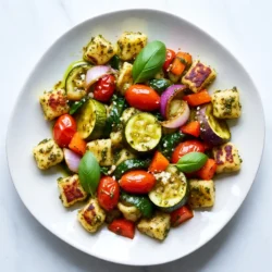 - 1 pound shelf-stable gnocchi - 1 cup cherry tomatoes, halved - 1 zucchini, sliced into half-moons - 1 bell pepper (any color), diced - 1 red onion, diced - 2 cups fresh spinach - 1/4 cup basil pesto - 3 tablespoons olive oil - Salt and pepper to taste - Fresh basil leaves for garnish - Grated Parmesan cheese for serving (optional) This recipe serves four people. Adjust the quantities based on your needs. You can easily double the recipe for a crowd. The cooking time remains the same, so you can enjoy more without extra work. I recommend using fresh vegetables for the best taste. Go for ripe cherry tomatoes and firm zucchini. Use a high-quality basil pesto for rich flavor. Extra virgin olive oil adds depth, so choose a good brand. Fresh basil leaves make a lovely garnish and elevate the dish. If you like cheese, choose a good Parmesan for serving. It brings a nice touch to this meal. {{ingredient_image_1}} First, gather all your ingredients. You need 1 pound of shelf-stable gnocchi, 1 cup of halved cherry tomatoes, 1 sliced zucchini, 1 diced bell pepper, and 1 diced red onion. Don't forget 2 cups of fresh spinach, 1/4 cup of basil pesto, and 3 tablespoons of olive oil. Also, keep salt and pepper nearby for seasoning. Next, preheat your oven to 425&deg;F (220&deg;C). This step is key for the perfect roast. While the oven heats up, prepare your sheet pan. Spread out the gnocchi, cherry tomatoes, zucchini, bell pepper, and red onion evenly on the pan. Now it's time to season your dish. Drizzle the olive oil over the gnocchi and veggies. Add the basil pesto right on top. Sprinkle with salt and pepper to your taste. Use your hands or a spatula to toss everything together. Make sure all the pieces are well coated with oil and pesto. After mixing, spread the gnocchi and veggies into a single layer. This helps them cook evenly. Place the sheet pan in the oven and roast for 20-25 minutes. Stir halfway through to ensure even cooking. Watch for the gnocchi to turn golden and the veggies to become tender. Five minutes before the end, add the fresh spinach to the pan. Stir gently to mix it in. This adds a nice pop of color and flavor. Once the timer goes off, carefully remove the pan from the oven. Let it cool for a few minutes. For the final touch, garnish with fresh basil leaves. If you like, sprinkle grated Parmesan cheese on top. This dish looks and smells amazing! Enjoy your quick meal. To get the best results, spread the gnocchi and veggies in a single layer. This helps them cook evenly. If they are too crowded, some may burn while others stay raw. Stir halfway through cooking to promote even browning. Keep an eye on the gnocchi. They should turn golden and puff slightly when they&rsquo;re done. You will need a large sheet pan for this recipe. A good spatula helps to toss the ingredients well. Use a sharp knife for chopping the veggies. A cutting board is handy for prep work. Don&rsquo;t forget measuring cups for the olive oil and pesto. If you want a non-stick surface, consider using parchment paper. Use fresh ingredients for vibrant taste. Ripe cherry tomatoes burst with flavor. Choose colorful bell peppers for a sweet kick. Fresh basil pesto makes a big difference. If you want a richer taste, add more pesto or a sprinkle of Parmesan cheese before serving. Always season with salt and pepper to enhance the flavors. Enjoy the balance of the roasted veggies and soft gnocchi! Pro Tips Choose Quality Gnocchi: Opt for high-quality gnocchi for the best texture and flavor. Fresh or frozen gnocchi can also be used if preferred, but make sure to adjust cooking times accordingly. Vegetable Variations: Feel free to swap in your favorite seasonal vegetables! Asparagus, broccoli, or even eggplant work well in this dish. Extra Crunch: For added crunch, consider adding a handful of pine nuts or walnuts to the sheet pan during the last five minutes of roasting. Serving Suggestions: This dish pairs wonderfully with a crisp side salad or some garlic bread for a more filling meal. {{image_2}} You can swap any ingredient to match what you have. If you lack gnocchi, try pasta or quinoa. For veggies, replace cherry tomatoes with diced cucumbers or carrots. Instead of basil pesto, use sun-dried tomato pesto for a different flavor. If you want a creamier dish, add a splash of cream or a dollop of ricotta. To change the taste, use different herbs or spices. Try adding garlic powder or red pepper flakes for a kick. You can also use a different pesto, like arugula or cilantro. For a cheesy twist, sprinkle some feta or goat cheese on top before serving. This adds a tangy flavor that brightens the dish. Use seasonal vegetables to keep the dish fresh all year. In spring, add asparagus or peas for a pop of color. In summer, include eggplant or corn for sweetness. In fall, try butternut squash or Brussels sprouts for a hearty feel. In winter, kale or root veggies like carrots work well. This way, you get the best flavors from each season. After enjoying your sheet pan gnocchi, store leftovers in an airtight container. This keeps the flavors fresh. Make sure to let the dish cool down first. Leftover gnocchi and veggies should last in the fridge for about 3 days. Label your container with the date so you know when to eat it. To reheat, I suggest using the oven for best results. Preheat your oven to 350&deg;F (175&deg;C). Place the gnocchi and veggies on a baking sheet. Bake for about 10&ndash;15 minutes until warm. You can also use a microwave. Just place a portion in a bowl and heat for 1&ndash;2 minutes. Stir halfway for even heating. If you want to save some for later, freezing is a great option. First, let the dish cool completely. Then, pack it in a freezer-safe container. Leave some space for expansion. You can freeze it for up to 2 months. To eat, thaw it in the fridge overnight. Reheat as described earlier. Yes, you can use homemade pesto. In fact, homemade pesto can add a fresh taste. You can blend basil, garlic, nuts, cheese, and olive oil. Adjust the flavors to your liking. Use what you have on hand. This will make your dish unique and special. Shelf-stable gnocchi works best for this recipe. It cooks well and holds its shape. You can find it in most grocery stores. If you want a softer texture, try fresh gnocchi. Just be mindful of the cooking time. It may need less time than shelf-stable versions. You can customize this dish in many ways. Swap the veggies for what you like. Broccoli, carrots, or asparagus work well. You can also add proteins like chicken or shrimp. For extra flavor, try different sauces or herbs. Mix and match to find your favorite combination! This article covered key ingredients, step-by-step cooking, tips for the best results, and storage methods. You learned about measurements, quality choices, and how to ensure even cooking. We also explored ingredient swaps and seasonal veggies to personalize your dish. Finally, I answered common questions to enhance your cooking experience. Use these insights to make your dish pop and enjoy every bite. Happy cooking!