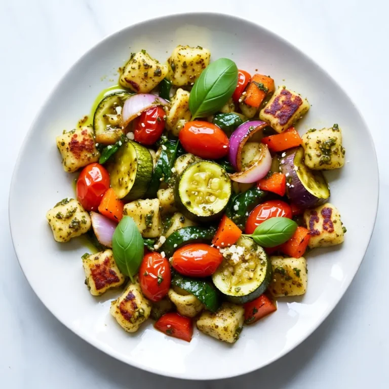 - 1 pound shelf-stable gnocchi - 1 cup cherry tomatoes, halved - 1 zucchini, sliced into half-moons - 1 bell pepper (any color), diced - 1 red onion, diced - 2 cups fresh spinach - 1/4 cup basil pesto - 3 tablespoons olive oil - Salt and pepper to taste - Fresh basil leaves for garnish - Grated Parmesan cheese for serving (optional) This recipe serves four people. Adjust the quantities based on your needs. You can easily double the recipe for a crowd. The cooking time remains the same, so you can enjoy more without extra work. I recommend using fresh vegetables for the best taste. Go for ripe cherry tomatoes and firm zucchini. Use a high-quality basil pesto for rich flavor. Extra virgin olive oil adds depth, so choose a good brand. Fresh basil leaves make a lovely garnish and elevate the dish. If you like cheese, choose a good Parmesan for serving. It brings a nice touch to this meal. {{ingredient_image_1}} First, gather all your ingredients. You need 1 pound of shelf-stable gnocchi, 1 cup of halved cherry tomatoes, 1 sliced zucchini, 1 diced bell pepper, and 1 diced red onion. Don't forget 2 cups of fresh spinach, 1/4 cup of basil pesto, and 3 tablespoons of olive oil. Also, keep salt and pepper nearby for seasoning. Next, preheat your oven to 425°F (220°C). This step is key for the perfect roast. While the oven heats up, prepare your sheet pan. Spread out the gnocchi, cherry tomatoes, zucchini, bell pepper, and red onion evenly on the pan. Now it's time to season your dish. Drizzle the olive oil over the gnocchi and veggies. Add the basil pesto right on top. Sprinkle with salt and pepper to your taste. Use your hands or a spatula to toss everything together. Make sure all the pieces are well coated with oil and pesto. After mixing, spread the gnocchi and veggies into a single layer. This helps them cook evenly. Place the sheet pan in the oven and roast for 20-25 minutes. Stir halfway through to ensure even cooking. Watch for the gnocchi to turn golden and the veggies to become tender. Five minutes before the end, add the fresh spinach to the pan. Stir gently to mix it in. This adds a nice pop of color and flavor. Once the timer goes off, carefully remove the pan from the oven. Let it cool for a few minutes. For the final touch, garnish with fresh basil leaves. If you like, sprinkle grated Parmesan cheese on top. This dish looks and smells amazing! Enjoy your quick meal. To get the best results, spread the gnocchi and veggies in a single layer. This helps them cook evenly. If they are too crowded, some may burn while others stay raw. Stir halfway through cooking to promote even browning. Keep an eye on the gnocchi. They should turn golden and puff slightly when they’re done. You will need a large sheet pan for this recipe. A good spatula helps to toss the ingredients well. Use a sharp knife for chopping the veggies. A cutting board is handy for prep work. Don’t forget measuring cups for the olive oil and pesto. If you want a non-stick surface, consider using parchment paper. Use fresh ingredients for vibrant taste. Ripe cherry tomatoes burst with flavor. Choose colorful bell peppers for a sweet kick. Fresh basil pesto makes a big difference. If you want a richer taste, add more pesto or a sprinkle of Parmesan cheese before serving. Always season with salt and pepper to enhance the flavors. Enjoy the balance of the roasted veggies and soft gnocchi! Pro Tips Choose Quality Gnocchi: Opt for high-quality gnocchi for the best texture and flavor. Fresh or frozen gnocchi can also be used if preferred, but make sure to adjust cooking times accordingly. Vegetable Variations: Feel free to swap in your favorite seasonal vegetables! Asparagus, broccoli, or even eggplant work well in this dish. Extra Crunch: For added crunch, consider adding a handful of pine nuts or walnuts to the sheet pan during the last five minutes of roasting. Serving Suggestions: This dish pairs wonderfully with a crisp side salad or some garlic bread for a more filling meal. {{image_2}} You can swap any ingredient to match what you have. If you lack gnocchi, try pasta or quinoa. For veggies, replace cherry tomatoes with diced cucumbers or carrots. Instead of basil pesto, use sun-dried tomato pesto for a different flavor. If you want a creamier dish, add a splash of cream or a dollop of ricotta. To change the taste, use different herbs or spices. Try adding garlic powder or red pepper flakes for a kick. You can also use a different pesto, like arugula or cilantro. For a cheesy twist, sprinkle some feta or goat cheese on top before serving. This adds a tangy flavor that brightens the dish. Use seasonal vegetables to keep the dish fresh all year. In spring, add asparagus or peas for a pop of color. In summer, include eggplant or corn for sweetness. In fall, try butternut squash or Brussels sprouts for a hearty feel. In winter, kale or root veggies like carrots work well. This way, you get the best flavors from each season. After enjoying your sheet pan gnocchi, store leftovers in an airtight container. This keeps the flavors fresh. Make sure to let the dish cool down first. Leftover gnocchi and veggies should last in the fridge for about 3 days. Label your container with the date so you know when to eat it. To reheat, I suggest using the oven for best results. Preheat your oven to 350°F (175°C). Place the gnocchi and veggies on a baking sheet. Bake for about 10–15 minutes until warm. You can also use a microwave. Just place a portion in a bowl and heat for 1–2 minutes. Stir halfway for even heating. If you want to save some for later, freezing is a great option. First, let the dish cool completely. Then, pack it in a freezer-safe container. Leave some space for expansion. You can freeze it for up to 2 months. To eat, thaw it in the fridge overnight. Reheat as described earlier. Yes, you can use homemade pesto. In fact, homemade pesto can add a fresh taste. You can blend basil, garlic, nuts, cheese, and olive oil. Adjust the flavors to your liking. Use what you have on hand. This will make your dish unique and special. Shelf-stable gnocchi works best for this recipe. It cooks well and holds its shape. You can find it in most grocery stores. If you want a softer texture, try fresh gnocchi. Just be mindful of the cooking time. It may need less time than shelf-stable versions. You can customize this dish in many ways. Swap the veggies for what you like. Broccoli, carrots, or asparagus work well. You can also add proteins like chicken or shrimp. For extra flavor, try different sauces or herbs. Mix and match to find your favorite combination! This article covered key ingredients, step-by-step cooking, tips for the best results, and storage methods. You learned about measurements, quality choices, and how to ensure even cooking. We also explored ingredient swaps and seasonal veggies to personalize your dish. Finally, I answered common questions to enhance your cooking experience. Use these insights to make your dish pop and enjoy every bite. Happy cooking!