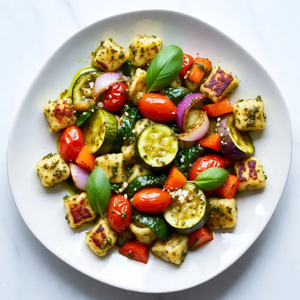 - 1 pound shelf-stable gnocchi - 1 cup cherry tomatoes, halved - 1 zucchini, sliced into half-moons - 1 bell pepper (any color), diced - 1 red onion, diced - 2 cups fresh spinach - 1/4 cup basil pesto - 3 tablespoons olive oil - Salt and pepper to taste - Fresh basil leaves for garnish - Grated Parmesan cheese for serving (optional) This recipe serves four people. Adjust the quantities based on your needs. You can easily double the recipe for a crowd. The cooking time remains the same, so you can enjoy more without extra work. I recommend using fresh vegetables for the best taste. Go for ripe cherry tomatoes and firm zucchini. Use a high-quality basil pesto for rich flavor. Extra virgin olive oil adds depth, so choose a good brand. Fresh basil leaves make a lovely garnish and elevate the dish. If you like cheese, choose a good Parmesan for serving. It brings a nice touch to this meal. {{ingredient_image_1}} First, gather all your ingredients. You need 1 pound of shelf-stable gnocchi, 1 cup of halved cherry tomatoes, 1 sliced zucchini, 1 diced bell pepper, and 1 diced red onion. Don't forget 2 cups of fresh spinach, 1/4 cup of basil pesto, and 3 tablespoons of olive oil. Also, keep salt and pepper nearby for seasoning. Next, preheat your oven to 425°F (220°C). This step is key for the perfect roast. While the oven heats up, prepare your sheet pan. Spread out the gnocchi, cherry tomatoes, zucchini, bell pepper, and red onion evenly on the pan. Now it's time to season your dish. Drizzle the olive oil over the gnocchi and veggies. Add the basil pesto right on top. Sprinkle with salt and pepper to your taste. Use your hands or a spatula to toss everything together. Make sure all the pieces are well coated with oil and pesto. After mixing, spread the gnocchi and veggies into a single layer. This helps them cook evenly. Place the sheet pan in the oven and roast for 20-25 minutes. Stir halfway through to ensure even cooking. Watch for the gnocchi to turn golden and the veggies to become tender. Five minutes before the end, add the fresh spinach to the pan. Stir gently to mix it in. This adds a nice pop of color and flavor. Once the timer goes off, carefully remove the pan from the oven. Let it cool for a few minutes. For the final touch, garnish with fresh basil leaves. If you like, sprinkle grated Parmesan cheese on top. This dish looks and smells amazing! Enjoy your quick meal. To get the best results, spread the gnocchi and veggies in a single layer. This helps them cook evenly. If they are too crowded, some may burn while others stay raw. Stir halfway through cooking to promote even browning. Keep an eye on the gnocchi. They should turn golden and puff slightly when they’re done. You will need a large sheet pan for this recipe. A good spatula helps to toss the ingredients well. Use a sharp knife for chopping the veggies. A cutting board is handy for prep work. Don’t forget measuring cups for the olive oil and pesto. If you want a non-stick surface, consider using parchment paper. Use fresh ingredients for vibrant taste. Ripe cherry tomatoes burst with flavor. Choose colorful bell peppers for a sweet kick. Fresh basil pesto makes a big difference. If you want a richer taste, add more pesto or a sprinkle of Parmesan cheese before serving. Always season with salt and pepper to enhance the flavors. Enjoy the balance of the roasted veggies and soft gnocchi! Pro Tips Choose Quality Gnocchi: Opt for high-quality gnocchi for the best texture and flavor. Fresh or frozen gnocchi can also be used if preferred, but make sure to adjust cooking times accordingly. Vegetable Variations: Feel free to swap in your favorite seasonal vegetables! Asparagus, broccoli, or even eggplant work well in this dish. Extra Crunch: For added crunch, consider adding a handful of pine nuts or walnuts to the sheet pan during the last five minutes of roasting. Serving Suggestions: This dish pairs wonderfully with a crisp side salad or some garlic bread for a more filling meal. {{image_2}} You can swap any ingredient to match what you have. If you lack gnocchi, try pasta or quinoa. For veggies, replace cherry tomatoes with diced cucumbers or carrots. Instead of basil pesto, use sun-dried tomato pesto for a different flavor. If you want a creamier dish, add a splash of cream or a dollop of ricotta. To change the taste, use different herbs or spices. Try adding garlic powder or red pepper flakes for a kick. You can also use a different pesto, like arugula or cilantro. For a cheesy twist, sprinkle some feta or goat cheese on top before serving. This adds a tangy flavor that brightens the dish. Use seasonal vegetables to keep the dish fresh all year. In spring, add asparagus or peas for a pop of color. In summer, include eggplant or corn for sweetness. In fall, try butternut squash or Brussels sprouts for a hearty feel. In winter, kale or root veggies like carrots work well. This way, you get the best flavors from each season. After enjoying your sheet pan gnocchi, store leftovers in an airtight container. This keeps the flavors fresh. Make sure to let the dish cool down first. Leftover gnocchi and veggies should last in the fridge for about 3 days. Label your container with the date so you know when to eat it. To reheat, I suggest using the oven for best results. Preheat your oven to 350°F (175°C). Place the gnocchi and veggies on a baking sheet. Bake for about 10–15 minutes until warm. You can also use a microwave. Just place a portion in a bowl and heat for 1–2 minutes. Stir halfway for even heating. If you want to save some for later, freezing is a great option. First, let the dish cool completely. Then, pack it in a freezer-safe container. Leave some space for expansion. You can freeze it for up to 2 months. To eat, thaw it in the fridge overnight. Reheat as described earlier. Yes, you can use homemade pesto. In fact, homemade pesto can add a fresh taste. You can blend basil, garlic, nuts, cheese, and olive oil. Adjust the flavors to your liking. Use what you have on hand. This will make your dish unique and special. Shelf-stable gnocchi works best for this recipe. It cooks well and holds its shape. You can find it in most grocery stores. If you want a softer texture, try fresh gnocchi. Just be mindful of the cooking time. It may need less time than shelf-stable versions. You can customize this dish in many ways. Swap the veggies for what you like. Broccoli, carrots, or asparagus work well. You can also add proteins like chicken or shrimp. For extra flavor, try different sauces or herbs. Mix and match to find your favorite combination! This article covered key ingredients, step-by-step cooking, tips for the best results, and storage methods. You learned about measurements, quality choices, and how to ensure even cooking. We also explored ingredient swaps and seasonal veggies to personalize your dish. Finally, I answered common questions to enhance your cooking experience. Use these insights to make your dish pop and enjoy every bite. Happy cooking!