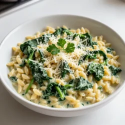 - 1 cup orzo pasta - 2 cups fresh spinach, chopped - 1 cup vegetable broth - 1 cup heavy cream - 1 cup grated Parmesan cheese - 2 cloves garlic, minced - 1 tablespoon olive oil - 1 teaspoon onion powder - Salt and pepper to taste - Optional garnish: Fresh parsley The key to this dish lies in its simple yet rich ingredients. Orzo pasta gives a nice texture, while fresh spinach adds color and nutrients. The heavy cream and Parmesan cheese create that creamy goodness you crave. Vegetable broth adds depth and flavor, making every bite satisfying. For the seasonings, garlic is a must. It brings out the flavors of the spinach and cheese. Olive oil helps saut&eacute; the garlic and gives a nice base for the dish. Onion powder adds a subtle kick. Don't forget salt and pepper; they balance the taste. If you want to make it pretty, sprinkle fresh parsley on top before serving. This blend of ingredients makes Creamy Spinach Parmesan Orzo a comforting dish. You will enjoy the harmony of flavors in every bite. {{ingredient_image_1}} To start, bring a medium pot of salted water to a boil. Use enough salt to make the water taste like the sea. This adds flavor to the orzo. Add 1 cup of orzo to the boiling water. Cook it according to the package instructions, usually around 8-10 minutes. The goal is to have it al dente, which means it should still have a bit of bite. Once cooked, drain the orzo and set it aside. Next, grab a large skillet and heat 1 tablespoon of olive oil over medium heat. Once hot, add 2 minced cloves of garlic. Saut&eacute; the garlic for about 1 minute until it becomes fragrant but not burnt. This gives a nice flavor base. Now, stir in 2 cups of chopped spinach. Cook for about 2-3 minutes until the spinach wilts down. You want it to be bright green and tender. Now it's time to create the creamy sauce. Pour in 1 cup of vegetable broth and 1 cup of heavy cream into the skillet. Stir well to combine. Bring this mixture to a gentle simmer over medium heat. Let it simmer for about 5 minutes. This helps the flavors meld together. Be careful not to let it boil too hard, as this can change the sauce's texture. After the sauce simmers, add the cooked orzo to the skillet. Then, sprinkle in 1 cup of grated Parmesan cheese, 1 teaspoon of onion powder, and season with salt and pepper to taste. Mix everything well. This step is key to achieving the right consistency. Let it cook for another 2-3 minutes. The sauce should thicken slightly, coating the orzo nicely. If it seems too thick, you can add a bit more broth or cream to reach your desired creaminess. Heavy cream is key for that rich and smooth feel. It adds depth to your dish. If you want more creaminess, try these tips: - Cream Cheese: Mix in a bit of cream cheese for extra thickness. - Nut Milk: A thick nut milk can work if you're looking for a lighter option. - Starch: Add a bit of cornstarch mixed with water to thicken the sauce. Fresh herbs make a big difference. Try adding basil or thyme for a fresh taste. Here are some optional ingredients to boost flavor: - Lemon Zest: Adds brightness. - Red Pepper Flakes: For a little heat. - Sun-Dried Tomatoes: They bring a sweet and tangy note. Creamy Spinach Parmesan Orzo pairs well with simple sides: - Garlic Bread: Perfect for dipping. - Roasted Veggies: Adds color and nutrients. - Simple Salad: A fresh crunch balances the creaminess. For plating, use a wide bowl. This shows off the vibrant colors. Garnish with fresh parsley for a pop of green. Enjoy! Pro Tips Perfectly Cooked Orzo: Make sure to cook the orzo in well-salted water to enhance its flavor. Drain it promptly to avoid overcooking. Fresh Spinach Addition: For the best flavor and texture, use fresh spinach instead of frozen. It wilts beautifully and retains more nutrients. Parmesan Variations: Consider using a mix of Parmesan and Pecorino Romano for an extra depth of flavor. Adjust the amount based on your salt preference. Garnish for Presentation: Fresh parsley not only adds color but also brings a refreshing taste that complements the creaminess of the dish. {{image_2}} You can easily add protein to this dish. Chicken, shrimp, or tofu all work well. For chicken, use cooked, shredded pieces. For shrimp, add them while saut&eacute;ing the garlic. They will cook fast and add great flavor. If you prefer tofu, choose firm or extra-firm. Saut&eacute; it until golden for a nice texture. If you want to mix it up, consider other leafy greens. Kale, Swiss chard, or even arugula can add new tastes. You can also add veggies like zucchini or bell peppers. Just chop them small and saut&eacute; them with the spinach. This keeps the dish colorful and fresh. To make it gluten-free, swap orzo for gluten-free pasta. Many brands offer great options that have a similar taste and texture. For a vegan version, replace heavy cream with coconut milk or a plant-based cream. Use nutritional yeast instead of Parmesan for a cheesy flavor. These swaps make the dish fit many diets without losing taste. After enjoying your creamy spinach parmesan orzo, store any leftovers in the fridge. Place them in an airtight container. This dish stays fresh for up to three days. If you need to keep it longer, freezing is a great option. Pour the orzo into a freezer-safe container. It can last up to three months in the freezer. Just remember to cool it completely before freezing. For the best reheating, use the stovetop. Place the orzo in a skillet over low heat. Add a splash of water or more cream to keep it creamy. Stir often until it's heated through. You can also use a microwave. Place the orzo in a bowl, cover it, and heat in 30-second intervals. Add a bit of cream if it looks dry. This way, your dish stays rich and smooth! You can swap Parmesan cheese for several options. If you want a dairy-free choice, try nutritional yeast. It adds a cheesy flavor without the dairy. Other cheese options include Pecorino Romano or Grana Padano. They work well in this dish and give a similar taste. Yes, you can prepare Creamy Spinach Parmesan Orzo in advance. Cook the orzo and mix with the creamy sauce as directed. After that, store it in an airtight container in the fridge. When you're ready to eat, reheat gently on the stove. Add a splash of cream for extra richness. To make this dish gluten-free, you can use gluten-free orzo pasta. Many brands offer great taste and texture. Be sure to check the label for gluten-free certification. The other ingredients work well without changes, so your dish will still be creamy and delicious. You can create a tasty Creamy Spinach Parmesan Orzo with simple ingredients. I covered orzo, spinach, broth, cream, and Parmesan. You learned step-by-step how to cook and combine these items for a rich meal. Remember to play with flavors by adding herbs or proteins to fit your taste. This dish stores and reheats well, so you can enjoy it again. With these tips and variations, you can impress anyone at your table! Dive into this easy recipe and enjoy every bite.
