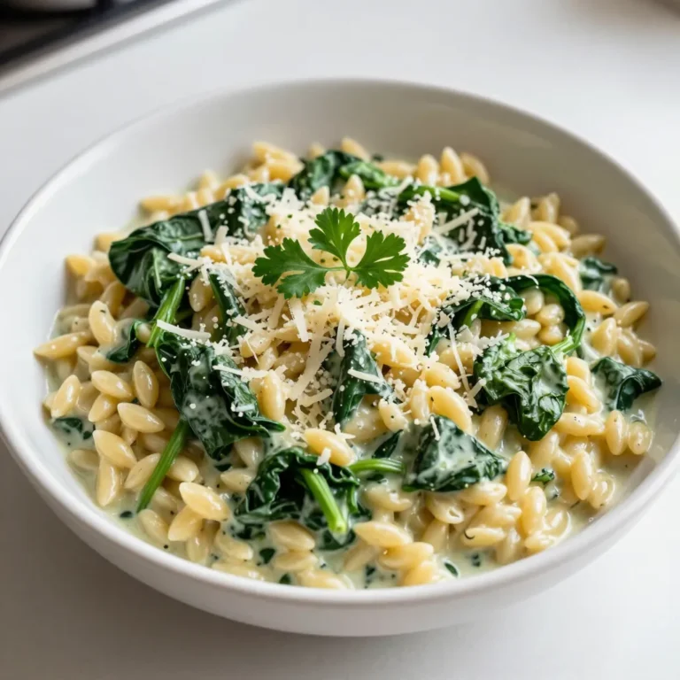 - 1 cup orzo pasta - 2 cups fresh spinach, chopped - 1 cup vegetable broth - 1 cup heavy cream - 1 cup grated Parmesan cheese - 2 cloves garlic, minced - 1 tablespoon olive oil - 1 teaspoon onion powder - Salt and pepper to taste - Optional garnish: Fresh parsley The key to this dish lies in its simple yet rich ingredients. Orzo pasta gives a nice texture, while fresh spinach adds color and nutrients. The heavy cream and Parmesan cheese create that creamy goodness you crave. Vegetable broth adds depth and flavor, making every bite satisfying. For the seasonings, garlic is a must. It brings out the flavors of the spinach and cheese. Olive oil helps sauté the garlic and gives a nice base for the dish. Onion powder adds a subtle kick. Don't forget salt and pepper; they balance the taste. If you want to make it pretty, sprinkle fresh parsley on top before serving. This blend of ingredients makes Creamy Spinach Parmesan Orzo a comforting dish. You will enjoy the harmony of flavors in every bite. {{ingredient_image_1}} To start, bring a medium pot of salted water to a boil. Use enough salt to make the water taste like the sea. This adds flavor to the orzo. Add 1 cup of orzo to the boiling water. Cook it according to the package instructions, usually around 8-10 minutes. The goal is to have it al dente, which means it should still have a bit of bite. Once cooked, drain the orzo and set it aside. Next, grab a large skillet and heat 1 tablespoon of olive oil over medium heat. Once hot, add 2 minced cloves of garlic. Sauté the garlic for about 1 minute until it becomes fragrant but not burnt. This gives a nice flavor base. Now, stir in 2 cups of chopped spinach. Cook for about 2-3 minutes until the spinach wilts down. You want it to be bright green and tender. Now it's time to create the creamy sauce. Pour in 1 cup of vegetable broth and 1 cup of heavy cream into the skillet. Stir well to combine. Bring this mixture to a gentle simmer over medium heat. Let it simmer for about 5 minutes. This helps the flavors meld together. Be careful not to let it boil too hard, as this can change the sauce's texture. After the sauce simmers, add the cooked orzo to the skillet. Then, sprinkle in 1 cup of grated Parmesan cheese, 1 teaspoon of onion powder, and season with salt and pepper to taste. Mix everything well. This step is key to achieving the right consistency. Let it cook for another 2-3 minutes. The sauce should thicken slightly, coating the orzo nicely. If it seems too thick, you can add a bit more broth or cream to reach your desired creaminess. Heavy cream is key for that rich and smooth feel. It adds depth to your dish. If you want more creaminess, try these tips: - Cream Cheese: Mix in a bit of cream cheese for extra thickness. - Nut Milk: A thick nut milk can work if you're looking for a lighter option. - Starch: Add a bit of cornstarch mixed with water to thicken the sauce. Fresh herbs make a big difference. Try adding basil or thyme for a fresh taste. Here are some optional ingredients to boost flavor: - Lemon Zest: Adds brightness. - Red Pepper Flakes: For a little heat. - Sun-Dried Tomatoes: They bring a sweet and tangy note. Creamy Spinach Parmesan Orzo pairs well with simple sides: - Garlic Bread: Perfect for dipping. - Roasted Veggies: Adds color and nutrients. - Simple Salad: A fresh crunch balances the creaminess. For plating, use a wide bowl. This shows off the vibrant colors. Garnish with fresh parsley for a pop of green. Enjoy! Pro Tips Perfectly Cooked Orzo: Make sure to cook the orzo in well-salted water to enhance its flavor. Drain it promptly to avoid overcooking. Fresh Spinach Addition: For the best flavor and texture, use fresh spinach instead of frozen. It wilts beautifully and retains more nutrients. Parmesan Variations: Consider using a mix of Parmesan and Pecorino Romano for an extra depth of flavor. Adjust the amount based on your salt preference. Garnish for Presentation: Fresh parsley not only adds color but also brings a refreshing taste that complements the creaminess of the dish. {{image_2}} You can easily add protein to this dish. Chicken, shrimp, or tofu all work well. For chicken, use cooked, shredded pieces. For shrimp, add them while sautéing the garlic. They will cook fast and add great flavor. If you prefer tofu, choose firm or extra-firm. Sauté it until golden for a nice texture. If you want to mix it up, consider other leafy greens. Kale, Swiss chard, or even arugula can add new tastes. You can also add veggies like zucchini or bell peppers. Just chop them small and sauté them with the spinach. This keeps the dish colorful and fresh. To make it gluten-free, swap orzo for gluten-free pasta. Many brands offer great options that have a similar taste and texture. For a vegan version, replace heavy cream with coconut milk or a plant-based cream. Use nutritional yeast instead of Parmesan for a cheesy flavor. These swaps make the dish fit many diets without losing taste. After enjoying your creamy spinach parmesan orzo, store any leftovers in the fridge. Place them in an airtight container. This dish stays fresh for up to three days. If you need to keep it longer, freezing is a great option. Pour the orzo into a freezer-safe container. It can last up to three months in the freezer. Just remember to cool it completely before freezing. For the best reheating, use the stovetop. Place the orzo in a skillet over low heat. Add a splash of water or more cream to keep it creamy. Stir often until it's heated through. You can also use a microwave. Place the orzo in a bowl, cover it, and heat in 30-second intervals. Add a bit of cream if it looks dry. This way, your dish stays rich and smooth! You can swap Parmesan cheese for several options. If you want a dairy-free choice, try nutritional yeast. It adds a cheesy flavor without the dairy. Other cheese options include Pecorino Romano or Grana Padano. They work well in this dish and give a similar taste. Yes, you can prepare Creamy Spinach Parmesan Orzo in advance. Cook the orzo and mix with the creamy sauce as directed. After that, store it in an airtight container in the fridge. When you're ready to eat, reheat gently on the stove. Add a splash of cream for extra richness. To make this dish gluten-free, you can use gluten-free orzo pasta. Many brands offer great taste and texture. Be sure to check the label for gluten-free certification. The other ingredients work well without changes, so your dish will still be creamy and delicious. You can create a tasty Creamy Spinach Parmesan Orzo with simple ingredients. I covered orzo, spinach, broth, cream, and Parmesan. You learned step-by-step how to cook and combine these items for a rich meal. Remember to play with flavors by adding herbs or proteins to fit your taste. This dish stores and reheats well, so you can enjoy it again. With these tips and variations, you can impress anyone at your table! Dive into this easy recipe and enjoy every bite.