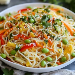 - 8 oz rice noodles - 1 cup shredded carrots - 1 red bell pepper, thinly sliced - 1 cucumber, julienned - 1 cup edamame (shelled) - &frac12; cup green onions, chopped - &frac14; cup fresh cilantro, chopped - &frac14; cup sesame seeds In this salad, rice noodles act as the base. They soak up the flavors of the dressing well. Fresh vegetables add crunch and color. Shredded carrots bring sweetness. Red bell pepper gives it a vibrant touch. Cucumber adds a refreshing bite. Edamame provides protein. Green onions add a mild onion taste. Finally, cilantro gives a fresh herb flavor. Sesame seeds on top add a nice crunch. - 3 tablespoons soy sauce - 2 tablespoons sesame oil - 1 tablespoon fresh ginger, grated - 1 tablespoon honey (or agave syrup for a vegan option) - 1 teaspoon garlic, minced - 1 tablespoon lime juice The dressing ties it all together. Soy sauce adds a salty kick. Sesame oil gives a rich, nutty flavor. Fresh ginger adds warmth and spice. Honey or agave syrup balances the saltiness. Garlic adds depth, while lime juice brightens the taste. This mix makes each bite delicious. - Honey or agave syrup - Garlic and lime juice You can customize this salad. Use honey or agave for sweetness. Add more garlic for a stronger flavor. Lime juice can make it zestier. These choices let you shape the salad to your taste. Experiment and find what you love! {{ingredient_image_1}} First, bring a pot of water to a boil. You need enough water to cover the noodles. Once boiling, add 8 oz of rice noodles. Cook them for about 5 to 7 minutes. This time can vary, so check the package instructions. When the noodles are tender, drain them. Rinse them under cold water. This stops the cooking and keeps them firm. Set the noodles aside for later. While the noodles cook, let&rsquo;s chop the vegetables. Grab a cutting board and a sharp knife. Start with 1 cup of shredded carrots. Then, slice 1 red bell pepper thinly. Next, julienne 1 cucumber. For added protein, use 1 cup of shelled edamame. Finally, chop &frac12; cup of green onions and &frac14; cup of fresh cilantro. Place all these veggies into a large mixing bowl. This bowl will hold the colorful mix that makes our salad great. Now, we&rsquo;ll whip up the dressing. In a small bowl, combine 3 tablespoons of soy sauce and 2 tablespoons of sesame oil. Add 1 tablespoon of grated fresh ginger for a zing. Then, mix in 1 tablespoon of honey, or use agave syrup if you want a vegan option. Don&rsquo;t forget 1 teaspoon of minced garlic and 1 tablespoon of lime juice. Whisk all the ingredients together until smooth. Taste it and adjust the flavors if needed. You can add more honey for sweetness or more lime for tang. It&rsquo;s time to bring everything together! Take the cooled noodles from earlier and add them to the bowl with the vegetables. Pour the dressing over the noodle and veggie mix. Toss everything well. Make sure the noodles and vegetables are evenly coated with the dressing. This is key to a tasty salad. Let the salad rest for 10 minutes. This time allows the flavors to meld, making each bite delicious. To avoid overcooked noodles, watch the time closely. Rice noodles cook fast, usually within 5-7 minutes. Test them a minute early for the best texture. Drain them quickly after cooking and rinse under cold water. This step cools the noodles fast and stops the cooking process. You can add more flavor with fresh herbs. Try mint or basil for a twist. Chili flakes can add heat if you like spice. Balance your dressing by tasting as you mix. If it&rsquo;s too salty, add a touch of honey. If it&rsquo;s too sweet, a splash of lime can help. For serving, use a large bowl or individual plates. This makes it easy to enjoy. Garnish with extra cilantro and a sprinkle of sesame seeds for color. Arrange the salad in layers for a pretty look. A vibrant dish is more inviting and fun to eat. Pro Tips Chill the Noodles: Rinsing the noodles under cold water not only stops the cooking but also helps prevent them from sticking together. Customize Your Veggies: Feel free to add or substitute other vegetables like bell peppers, snap peas, or broccoli to suit your taste. Make Ahead: This salad can be made a few hours in advance. Just add the sesame seeds right before serving for the best crunch. Adjust the Dressing: Taste the dressing before adding it to the salad. You can adjust the sweetness or acidity by adding more honey or lime juice as desired. {{image_2}} You can make this salad vegan and gluten-free. For a vegan option, replace honey with agave syrup. Use gluten-free soy sauce instead of regular soy sauce. This change keeps the flavors bright and fresh while meeting dietary needs. You can also swap rice noodles for gluten-free rice vermicelli, keeping the texture light. Adding protein to your salad can make it heartier. You can toss in cubed tofu for a vegan option. If you enjoy meat, cooked chicken or shrimp also works well. Just cook the proteins separately. For shrimp, saut&eacute; them in a pan for a few minutes. For chicken, grill or bake until fully cooked. Make sure to slice everything thin so it mixes well with the noodles. Feel free to get creative with dressings! You can try adding peanut butter to the dressing for a nutty twist. If you want more tang, use rice vinegar instead of lime juice. Changing up the vegetables can also add new flavors. Consider using bell peppers, snap peas, or even shredded cabbage for crunch. Each combination gives a different taste, making every salad unique! To keep your Sesame Ginger Noodle Salad fresh, use airtight containers. Glass or plastic containers both work well. Make sure to let the salad cool before sealing it. This helps prevent moisture buildup. If you have dressing left over, store it separately. This keeps the noodles from getting soggy. You can enjoy this salad cold or warm. To reheat, use a microwave on low power. Heat in short bursts of 30 seconds. Stir between each burst to keep the texture. If you want to keep the flavor, avoid high heat. You can also eat it cold straight from the fridge. Stored properly, this salad lasts about 3 days in the fridge. Always check for signs of spoilage. If you see any mold or off smells, toss it out. Fresh veggies and noodles are best when eaten soon. Enjoy your salad at its peak flavor! You can easily make this salad gluten-free. Just swap rice noodles for gluten-free rice noodles. These noodles taste great and keep the salad light. Choose gluten-free soy sauce or tamari instead of regular soy sauce. This ensures a rich flavor without gluten. Yes, you can make this salad ahead of time. Prepare the noodles and veggies one day before serving. Keep the dressing separate to keep the salad fresh. When ready to eat, toss everything together. This keeps the salad crisp and tasty. If you want to change the noodles, try soba or whole wheat noodles. Spiralized zucchini works well too for a low-carb option. Each choice brings a unique flavor and texture. Just be sure to adjust cooking times as needed. The salad stays fresh in the fridge for about three days. Store it in an airtight container. If you notice any sogginess, add fresh veggies before serving. Always check for freshness to enjoy the best flavors. This blog post gave you all the tools to create a tasty noodle salad. We covered the key ingredients like rice noodles, fresh vegetables, and dressing options. You learned step-by-step instructions for cooking and tossing your salad. With tips for flavor balance, presentation, and storage, you can keep your dish fresh. Lastly, we discussed variations for dietary needs. Follow these steps, and you&rsquo;ll enjoy a delicious, healthy meal. Experiment and find your favorite combos to make it truly yours. Enjoy your meal!