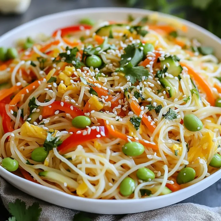 - 8 oz rice noodles - 1 cup shredded carrots - 1 red bell pepper, thinly sliced - 1 cucumber, julienned - 1 cup edamame (shelled) - ½ cup green onions, chopped - ¼ cup fresh cilantro, chopped - ¼ cup sesame seeds In this salad, rice noodles act as the base. They soak up the flavors of the dressing well. Fresh vegetables add crunch and color. Shredded carrots bring sweetness. Red bell pepper gives it a vibrant touch. Cucumber adds a refreshing bite. Edamame provides protein. Green onions add a mild onion taste. Finally, cilantro gives a fresh herb flavor. Sesame seeds on top add a nice crunch. - 3 tablespoons soy sauce - 2 tablespoons sesame oil - 1 tablespoon fresh ginger, grated - 1 tablespoon honey (or agave syrup for a vegan option) - 1 teaspoon garlic, minced - 1 tablespoon lime juice The dressing ties it all together. Soy sauce adds a salty kick. Sesame oil gives a rich, nutty flavor. Fresh ginger adds warmth and spice. Honey or agave syrup balances the saltiness. Garlic adds depth, while lime juice brightens the taste. This mix makes each bite delicious. - Honey or agave syrup - Garlic and lime juice You can customize this salad. Use honey or agave for sweetness. Add more garlic for a stronger flavor. Lime juice can make it zestier. These choices let you shape the salad to your taste. Experiment and find what you love! {{ingredient_image_1}} First, bring a pot of water to a boil. You need enough water to cover the noodles. Once boiling, add 8 oz of rice noodles. Cook them for about 5 to 7 minutes. This time can vary, so check the package instructions. When the noodles are tender, drain them. Rinse them under cold water. This stops the cooking and keeps them firm. Set the noodles aside for later. While the noodles cook, let’s chop the vegetables. Grab a cutting board and a sharp knife. Start with 1 cup of shredded carrots. Then, slice 1 red bell pepper thinly. Next, julienne 1 cucumber. For added protein, use 1 cup of shelled edamame. Finally, chop ½ cup of green onions and ¼ cup of fresh cilantro. Place all these veggies into a large mixing bowl. This bowl will hold the colorful mix that makes our salad great. Now, we’ll whip up the dressing. In a small bowl, combine 3 tablespoons of soy sauce and 2 tablespoons of sesame oil. Add 1 tablespoon of grated fresh ginger for a zing. Then, mix in 1 tablespoon of honey, or use agave syrup if you want a vegan option. Don’t forget 1 teaspoon of minced garlic and 1 tablespoon of lime juice. Whisk all the ingredients together until smooth. Taste it and adjust the flavors if needed. You can add more honey for sweetness or more lime for tang. It’s time to bring everything together! Take the cooled noodles from earlier and add them to the bowl with the vegetables. Pour the dressing over the noodle and veggie mix. Toss everything well. Make sure the noodles and vegetables are evenly coated with the dressing. This is key to a tasty salad. Let the salad rest for 10 minutes. This time allows the flavors to meld, making each bite delicious. To avoid overcooked noodles, watch the time closely. Rice noodles cook fast, usually within 5-7 minutes. Test them a minute early for the best texture. Drain them quickly after cooking and rinse under cold water. This step cools the noodles fast and stops the cooking process. You can add more flavor with fresh herbs. Try mint or basil for a twist. Chili flakes can add heat if you like spice. Balance your dressing by tasting as you mix. If it’s too salty, add a touch of honey. If it’s too sweet, a splash of lime can help. For serving, use a large bowl or individual plates. This makes it easy to enjoy. Garnish with extra cilantro and a sprinkle of sesame seeds for color. Arrange the salad in layers for a pretty look. A vibrant dish is more inviting and fun to eat. Pro Tips Chill the Noodles: Rinsing the noodles under cold water not only stops the cooking but also helps prevent them from sticking together. Customize Your Veggies: Feel free to add or substitute other vegetables like bell peppers, snap peas, or broccoli to suit your taste. Make Ahead: This salad can be made a few hours in advance. Just add the sesame seeds right before serving for the best crunch. Adjust the Dressing: Taste the dressing before adding it to the salad. You can adjust the sweetness or acidity by adding more honey or lime juice as desired. {{image_2}} You can make this salad vegan and gluten-free. For a vegan option, replace honey with agave syrup. Use gluten-free soy sauce instead of regular soy sauce. This change keeps the flavors bright and fresh while meeting dietary needs. You can also swap rice noodles for gluten-free rice vermicelli, keeping the texture light. Adding protein to your salad can make it heartier. You can toss in cubed tofu for a vegan option. If you enjoy meat, cooked chicken or shrimp also works well. Just cook the proteins separately. For shrimp, sauté them in a pan for a few minutes. For chicken, grill or bake until fully cooked. Make sure to slice everything thin so it mixes well with the noodles. Feel free to get creative with dressings! You can try adding peanut butter to the dressing for a nutty twist. If you want more tang, use rice vinegar instead of lime juice. Changing up the vegetables can also add new flavors. Consider using bell peppers, snap peas, or even shredded cabbage for crunch. Each combination gives a different taste, making every salad unique! To keep your Sesame Ginger Noodle Salad fresh, use airtight containers. Glass or plastic containers both work well. Make sure to let the salad cool before sealing it. This helps prevent moisture buildup. If you have dressing left over, store it separately. This keeps the noodles from getting soggy. You can enjoy this salad cold or warm. To reheat, use a microwave on low power. Heat in short bursts of 30 seconds. Stir between each burst to keep the texture. If you want to keep the flavor, avoid high heat. You can also eat it cold straight from the fridge. Stored properly, this salad lasts about 3 days in the fridge. Always check for signs of spoilage. If you see any mold or off smells, toss it out. Fresh veggies and noodles are best when eaten soon. Enjoy your salad at its peak flavor! You can easily make this salad gluten-free. Just swap rice noodles for gluten-free rice noodles. These noodles taste great and keep the salad light. Choose gluten-free soy sauce or tamari instead of regular soy sauce. This ensures a rich flavor without gluten. Yes, you can make this salad ahead of time. Prepare the noodles and veggies one day before serving. Keep the dressing separate to keep the salad fresh. When ready to eat, toss everything together. This keeps the salad crisp and tasty. If you want to change the noodles, try soba or whole wheat noodles. Spiralized zucchini works well too for a low-carb option. Each choice brings a unique flavor and texture. Just be sure to adjust cooking times as needed. The salad stays fresh in the fridge for about three days. Store it in an airtight container. If you notice any sogginess, add fresh veggies before serving. Always check for freshness to enjoy the best flavors. This blog post gave you all the tools to create a tasty noodle salad. We covered the key ingredients like rice noodles, fresh vegetables, and dressing options. You learned step-by-step instructions for cooking and tossing your salad. With tips for flavor balance, presentation, and storage, you can keep your dish fresh. Lastly, we discussed variations for dietary needs. Follow these steps, and you’ll enjoy a delicious, healthy meal. Experiment and find your favorite combos to make it truly yours. Enjoy your meal!