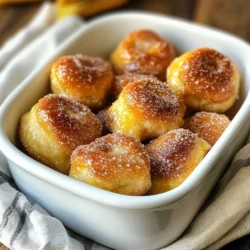 To make these tasty cinnamon sugar pretzel bites, gather the following items: - 1 ½ cups warm water (110°F to 115°F) - 2 tablespoons granulated sugar - 2 teaspoons active dry yeast - 4 cups all-purpose flour - ½ cup baking soda - 1 teaspoon salt - ½ cup unsalted butter, melted - ½ cup granulated sugar (for coating) - 2 tablespoons ground cinnamon - Coarse sea salt (optional, for topping) When measuring ingredients, precision matters. Use a liquid measuring cup for warm water. For granulated sugar, a dry measuring cup works best. If you want to be exact, use a kitchen scale. This can help ensure each bite is perfect! If you need substitutes, here are some options: - For warm water, you can use milk for a richer taste. - If you lack active dry yeast, instant yeast works fine. - You can swap all-purpose flour with bread flour for a chewier bite. - Coconut oil or margarine can replace unsalted butter, making it dairy-free. - Instead of granulated sugar, you can use brown sugar for a deeper flavor. These substitutes can help you make the recipe your own! {{ingredient_image_1}} First, grab a large mixing bowl. Pour in 1 ½ cups of warm water. Make sure it’s between 110°F and 115°F. Next, add 2 tablespoons of granulated sugar. Sprinkle in 2 teaspoons of active dry yeast. Stir gently to mix and wait about 5 minutes. You should see bubbles forming. This means your yeast is active! Now, add 4 cups of all-purpose flour and 1 teaspoon of salt. Stir until a dough starts to form. Once mixed, knead the dough on a floured surface for about 5 minutes. You want it smooth and elastic. After kneading, place the dough in an oiled bowl. Cover it with a kitchen towel and let it rise in a warm place for about 1 hour. It should double in size. While the dough rises, get your baking sheets ready. Preheat your oven to 450°F (230°C). Line two baking sheets with parchment paper. In a large pot, bring 10 cups of water to a boil. Carefully add ½ cup of baking soda. Be cautious, as it will bubble up! Once the dough has risen, punch it down. Place it on a floured surface and divide it into small portions. Roll each portion into ropes that are about 1 inch thick. Cut these ropes into bite-sized pieces. Now, boil the pretzel bites in batches for about 30 seconds each. Use a slotted spoon to remove them and let them drain on paper towels after boiling. In a shallow bowl, mix ½ cup of granulated sugar and 2 tablespoons of ground cinnamon. Dip each boiled pretzel bite into ½ cup of melted butter. Then roll them in the cinnamon sugar mixture until they are well-coated. Place the pretzel bites on your prepared baking sheets, leaving about 1 inch between them. If you like, sprinkle some coarse sea salt on top for added flavor. Bake in the preheated oven for 10-12 minutes, or until they turn golden brown. Let them cool slightly before serving. Enjoy your tasty snack delight! To get the best texture for your pretzel bites, focus on kneading. Knead the dough for at least five minutes. This makes it smooth and elastic. If the dough feels too sticky, add a little more flour. When you boil the bites, make sure your water is bubbling hot. This helps create that classic chewy crust. One common mistake is skipping the rise time. Letting the dough rise is key for flavor. If you rush this step, your bites may turn out dense. Another mistake is not boiling long enough. Boil each bite for thirty seconds. This step is important for that perfect pretzel flavor. Lastly, don’t forget to coat them well in butter before rolling in cinnamon sugar. This keeps the sugar from falling off during baking. For a great presentation, serve your pretzel bites warm. Place them in a basket lined with a cloth. This keeps them cozy and fresh. You can pair them with chocolate or caramel sauce for dipping. If you want, sprinkle a bit of coarse sea salt on top for extra flavor. Enjoy these bites at parties or game nights for a big hit! Pro Tips Use Warm Water: Ensure your water is between 110°F to 115°F to activate the yeast properly without killing it. Knead Thoroughly: Knead the dough until it’s smooth and elastic, which helps develop the gluten for a better texture. Boil for Flavor: Boiling the pretzel bites in a baking soda solution adds the classic pretzel flavor and gives them their chewy texture. Cool Before Serving: Let the pretzel bites cool slightly before serving to enhance their flavor and texture. {{image_2}} You can make these pretzel bites gluten-free! Just swap the all-purpose flour for a good gluten-free blend. Look for one that has xanthan gum. This helps mimic the texture of regular dough. Follow the same steps in the recipe. The taste will still shine through, and everyone can enjoy them. To make vegan cinnamon sugar pretzel bites, replace the melted butter with coconut oil or a plant-based butter. For the dough, use a non-dairy milk like almond or soy instead of water. This keeps the bites soft and tasty. Your friends won’t even know they are vegan! You can get creative with flavors! Add cocoa powder to the dough for a chocolate twist. Just use 1/4 cup in place of some flour. For pumpkin spice bites, mix pumpkin puree into the dough. A teaspoon of pumpkin spice in the cinnamon sugar is also a great touch. You can even top with chocolate chips before baking. The options are endless! To keep your cinnamon sugar pretzel bites fresh, store them in an airtight container. This helps maintain their soft texture. If you do not have an airtight container, wrap them tightly in plastic wrap. You can keep them at room temperature for up to two days. For longer storage, move them to the fridge. They will stay good for about a week there. When you're ready to enjoy your pretzel bites again, reheating is easy! Preheat your oven to 350°F (175°C). Place the bites on a baking sheet. Heat them for about 5-7 minutes until they are warm again. This method keeps them soft and tasty. You can also use a microwave, but that may make them a bit chewy. If you want to save some for later, freezing works well. Allow the pretzel bites to cool completely first. Then, place them in a single layer on a baking sheet. Freeze them for about an hour until firm. After that, transfer them to a freezer-safe bag. They can last for up to three months in the freezer. When ready to eat, simply reheat them as mentioned above! You can make pretzel bites without yeast by using baking powder instead. Combine flour, baking powder, salt, and warm water in a bowl. Mix until a dough forms. Knead the dough for a few minutes, then shape it into bites. Boil and bake like the original recipe. This method gives you a quick and easy version. The bites will be less chewy but still tasty! Yes, you can use bread flour instead of all-purpose flour. Bread flour has more protein, which helps create a chewier texture. This can make your pretzel bites extra delicious. Just remember that the dough might be a bit stiffer. If it feels too dry, add a touch more water. Cinnamon sugar pretzel bites taste great with various dipping sauces. Here are some of my favorites: - Chocolate sauce: A rich, sweet option that kids love. - Caramel sauce: Adds a buttery touch to the sweet bites. - Cream cheese frosting: Offers a tangy flavor that contrasts nicely. - Nutella: A chocolate-hazelnut option for a fun twist. - Honey: Simple and sweet, a classic choice. Serve these bites warm with your favorite dip. Enjoy the flavors! You now have a complete guide to making pretzel bites. We explored ingredients, steps, tips, and fun variations. Remember to avoid common mistakes for the best results. With storage tips, you can enjoy them later. Whether you prefer sweet or savory, there’s a pretzel bite for you. Dive in and get creative in the kitchen! Enjoy your pretzel-making journey!