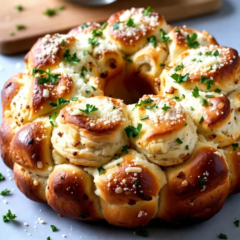 - 2 cans (16 oz each) of refrigerated biscuit dough - 1/2 cup unsalted butter, melted - 4 cloves garlic, minced - 1 teaspoon Italian seasoning - 1 cup grated Parmesan cheese - 1 tablespoon fresh parsley, chopped (for garnish) - Salt and pepper to taste You need just a few simple items to create Garlic Parmesan Monkey Bread. First, get two cans of refrigerated biscuit dough. This is the base of our dish. You can find it in any grocery store. Next, you will need half a cup of unsalted butter. Make sure it is melted before you start mixing. Next, garlic is key for flavor. Four cloves of minced garlic will give the bread a great taste. You will also need one teaspoon of Italian seasoning. This adds a nice herbal note. Don’t forget the cheese! You need one cup of grated Parmesan cheese for that rich, cheesy goodness. For garnish, use one tablespoon of fresh parsley, chopped. Finally, add salt and pepper to taste. This will enhance all the flavors in the dish. Gathering these ingredients will set you up for a fun cooking experience. Enjoy making this easy and tasty recipe! {{ingredient_image_1}} 1. Preheat oven and prepare bundt pan Start by preheating your oven to 350°F (175°C). This step is key to getting the bread nice and golden. While the oven heats, grease a bundt pan with non-stick spray. This helps the bread come out easily later. 2. Combine garlic butter mixture In a small bowl, mix melted butter, minced garlic, Italian seasoning, salt, and pepper. Stir well until everything blends. This will give your monkey bread a rich flavor. 3. Cut and toss biscuit dough Open the two cans of refrigerated biscuit dough. Cut each biscuit into four pieces. Place the pieces in a large mixing bowl. Pour the garlic butter mixture over the biscuit pieces. Toss them gently until they are well-coated. 1. Layering biscuit pieces in the pan Take the coated biscuit pieces and start layering them in the greased bundt pan. Spread them out evenly. This helps them cook well without sticking together. 2. Pouring remaining garlic butter Once all biscuit pieces are in the pan, pour any leftover garlic butter over the top. This adds extra flavor and moisture to the bread. 3. Baking time and checking doneness Place the bundt pan in the preheated oven. Bake for 25-30 minutes. Check if the top is golden brown and the biscuits are cooked through. A toothpick should come out clean when inserted. 1. Cooling and inverting monkey bread After baking, let the monkey bread cool for 5-10 minutes. This makes it easier to handle. Carefully invert the bundt pan onto a serving plate. The bread should come out in one piece. 2. Adding garnish To finish, sprinkle fresh parsley on top. This adds a nice pop of color and freshness. Your Garlic Parmesan Monkey Bread is now ready to enjoy! To get the best golden crust, bake your monkey bread until it's a deep brown. Aim for about 25 to 30 minutes in the oven. Check it about halfway through to make sure it’s baking evenly. If some spots look pale, rotate the pan. For garlic and seasoning levels, taste as you mix. You can add more garlic for a stronger flavor. If you like it less garlicky, use fewer cloves. Italian seasoning adds great flavor too. Adjust it to suit your taste. Pair your monkey bread with tasty dipping sauces. A side of marinara or garlic butter works well. You can also try ranch dressing for a fun twist. For side dishes, consider a fresh salad. A simple green salad balances the rich flavors of the bread. Steamed veggies are another good choice. They add color and nutrients to your meal. To serve monkey bread, use a pretty platter. Invert the bundt pan onto the plate carefully. Let the bread fall out gently. Garnish with fresh parsley for a pop of color. You can also sprinkle extra Parmesan on top for added flair. This makes the dish look inviting and delicious. Pro Tips Use Fresh Garlic: Freshly minced garlic will give you a more intense flavor compared to pre-minced garlic. Aim for quality to enhance the overall taste of your monkey bread. Customize the Cheese: While Parmesan is a classic choice, feel free to mix in other cheeses like mozzarella or cheddar for a different flavor profile. Let It Rest: Allowing the monkey bread to cool for a few minutes before inverting it helps it hold its shape better and makes for easier serving. Presentation Matters: For an attractive presentation, garnish with extra parsley or even a sprinkle of additional Parmesan cheese right before serving. {{image_2}} You can make Garlic Parmesan Monkey Bread even more cheesy. Try adding different types of cheese. Cheddar, mozzarella, or gouda can create a fun twist. Mix and match to find your favorite blend. You can also add herbs or spices for extra flavor. Oregano, thyme, or red pepper flakes work well. These simple changes can make your dish unique and tasty. If you want a healthier option, use whole wheat biscuit dough. This swap keeps the bread hearty while adding fiber. You can also make it vegetarian. Just skip the butter and use olive oil instead. This change will still give you that rich flavor, without the animal products. You can give your monkey bread a seasonal flair. For holidays, think about flavors like cranberry or sage. You can also add seasonal vegetables. Spinach, roasted red peppers, or zucchini can bring freshness. These twists not only enhance the taste but also make your dish festive. To store leftovers, let the monkey bread cool first. Wrap it in plastic wrap or foil. You can also place it in an airtight container. This keeps it fresh. It will last in the fridge for about 3 days. Freezing is a great option if you want to keep monkey bread longer. First, let it cool completely. Then, wrap it in plastic wrap and foil. This prevents freezer burn. You can freeze it for up to 3 months. When ready to eat, thaw it in the fridge overnight. To reheat, preheat your oven to 350°F (175°C). Place the monkey bread in a baking dish. Cover it with foil to keep it moist. Heat for about 15 to 20 minutes. Check that it’s warm throughout. This helps maintain its texture and flavor. Garlic Parmesan Monkey Bread lasts about 3 days in the fridge. Make sure to store it in an airtight container. If you freeze it, it can last up to 2 months. To enjoy it later, wrap it well in plastic wrap and foil before freezing. Yes, you can prepare this dish ahead of time. You can cut the dough and mix it with the garlic butter. Then, place it in the bundt pan without baking it. Cover it well and store it in the fridge. When you are ready, bake it as usual. Some fun dips for monkey bread include marinara sauce, ranch dressing, and garlic aioli. You can also try cheese sauce or a spicy dip for extra flavor. These dips make the bread even more enjoyable. Absolutely! If you like, you can use your own homemade biscuit dough. Just make sure it is similar in size to the refrigerated dough. This way, it will bake evenly. You can add your favorite herbs or spices for a personal touch. This blog post covered how to make Garlic Parmesan Monkey Bread from start to finish. You learned about the key ingredients, step-by-step instructions, and tips to enhance flavor. We explored fun variations and storage options to keep your bread fresh. Now that you're ready to create this tasty dish, remember to have fun with it. Experiment with flavors and share it with friends and family. Enjoy your baking adventure!