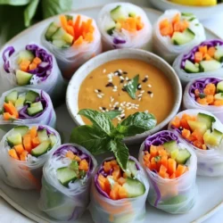 - 8 rice paper wrappers - 1 cup vibrant red cabbage, shredded - 1 cup carrots, julienned - 1 red bell pepper, thinly sliced - 1 cucumber, julienned - 1 avocado, sliced - 1 cup fresh mint leaves - 1 cup fresh basil leaves - 1 cup cooked vermicelli noodles (optional for a heartier roll) To make these spring rolls pop, I love using fresh, colorful veggies. The rice paper wrappers are key. They hold everything together and add a fun texture. You can find them in most grocery stores. Each vegetable brings its own flavor and crunch. Red cabbage gives a nice bite. Carrots add sweetness. Bell peppers bring crispness, while cucumber adds juiciness. The avocado makes it creamy. Don't forget the herbs! Mint and basil add a fresh touch. If you want more filling, add vermicelli noodles. - &frac12; cup peanut butter (for dipping sauce) - 2 tablespoons soy sauce (for dipping sauce) - 1 tablespoon lime juice (for dipping sauce) - 1 tablespoon honey or maple syrup (for dipping sauce) The dipping sauce is the star! It pairs perfectly with the fresh rolls. I use creamy peanut butter for richness. Soy sauce adds saltiness, while lime juice gives a tangy kick. Honey or maple syrup sweetens the mix. Whisk them together until smooth. You can add a bit of water if it's too thick. This sauce makes each bite even better! {{ingredient_image_1}} To start, cook the vermicelli noodles as the package says. Usually, this means boiling water, adding the noodles, and cooking for about 3-4 minutes. After that, drain the noodles and rinse them under cold water. This cools them down and stops the cooking. Set them aside. You can skip this step if you want lighter rolls. Next, get a wide, shallow bowl and fill it with warm water. Take one rice paper wrapper and dip it in the water for about 10-15 seconds. You want it to be soft but not too sticky. Then, lay it flat on a clean, slightly damp surface. This will help you roll without tearing the wrapper. Now comes the fun part! In the center of the wrapper, place a small handful of shredded red cabbage. Add a few julienned carrots, thin slices of red bell pepper, and cucumber strips. For creaminess, add some avocado slices. Toss in a few mint and basil leaves for a fresh kick. If you cooked the vermicelli noodles, add some on top for extra heartiness. To fold, start by bringing the two sides of the wrapper over the filling. Then, roll from the bottom up. Make sure to roll it snugly but gently. This way, the filling stays inside without tearing the wrapper. Repeat this for the remaining wrappers and filling. Each roll is a colorful bite of fresh goodness! To keep spring rolls fresh, store them in an airtight container. Use a damp paper towel to cover them. This keeps the wrappers moist and prevents them from drying out. If you plan to serve them later, keep the dipping sauce separate. This helps maintain the spring rolls' crispness and flavor. Tearing the wrappers can ruin your spring rolls. To avoid this, do not soak the rice paper for too long. Dip it in warm water for just 10-15 seconds. It should feel soft but still firm. When rolling, be gentle to prevent tearing. If a wrapper does tear, use it for practice and try again. You can make spring rolls ahead of time. Prepare all your veggies and noodles first. Then, wrap them just before serving. If you must wrap in advance, keep them covered with a damp towel. Use them within 2-3 hours for the best taste. The freshness of the ingredients is key to great flavor. Pro Tips Freshness is Key: Use the freshest vegetables possible to enhance the flavor and crunch of your spring rolls. Moisture Control: Be careful not to over-soak the rice paper; it should be pliable but not too wet to avoid tearing. Perfect Rolling Technique: Start rolling tightly from the bottom and tuck the sides in as you go to prevent the filling from spilling out. Customize Your Dipping Sauce: Feel free to experiment with different ingredients in the dipping sauce, such as sriracha for heat or coconut milk for creaminess. {{image_2}} You can switch up the veggies in your rainbow veggie spring rolls. Use any crunchy vegetables you like. Try bell peppers in different colors, like yellow or green. You can also use zucchini instead of cucumber. If you want more protein, add cooked shrimp, tofu, or chicken. These swaps keep your rolls fresh and tasty. While peanut sauce is a classic, you can try other sauces. A sweet chili sauce adds a nice kick. Soy sauce mixed with sesame oil gives a savory flavor. For a tangy twist, mix lime juice with soy sauce and sesame seeds. Each sauce brings a new taste to your rolls. To make these rolls vegan, skip the honey and use maple syrup instead. For gluten-free options, ensure your soy sauce is gluten-free. You can also check that the rice paper wrappers are safe for your diet. These small changes let everyone enjoy these colorful bites! To keep your rainbow veggie spring rolls fresh, wrap them in damp paper towels. Place them in an airtight container. This method keeps them moist. Store the container in the fridge. Enjoy them within two days for the best taste. You can freeze spring rolls for later enjoyment. Lay each spring roll flat on a baking sheet. Make sure they do not touch each other. Freeze them for about an hour. Once frozen, transfer them to a freezer bag. When ready to eat, thaw in the fridge overnight. Reheat in the oven or air fryer until warm. Most fresh veggies last about a week in the fridge. Red cabbage and bell peppers stay crisp longer. Mint and basil can wilt quickly; use them within three days. Rice paper wrappers and peanut butter last for months if stored properly. Check expiration dates for best results. To keep rice paper wrappers from sticking, store them in a cool, dry place. Use parchment paper between wrappers to prevent sticking. If you have leftover wrappers, wrap them tightly in plastic wrap. This will help keep them fresh. Yes, you can make spring rolls ahead of time. Prepare them a few hours before serving. Store them in an airtight container with a damp paper towel. This keeps them fresh and prevents them from drying out. You can use many different veggies in spring rolls. Try adding bell peppers, zucchini, or radishes. Spinach and kale are great for extra greens. Get creative and use what you love! Rainbow veggie spring rolls are fun and simple to make. You learned the key ingredients, from rice paper to colorful veggies and tasty dipping sauces. I shared steps for preparing noodles, soaking wrappers, and perfecting your rolls. You also discovered tips for freshness, variations, and smart storage options. Now you can enjoy customizing these spring rolls to fit your taste. Experiment with new ingredients and sauces. Your tasty creation awaits!