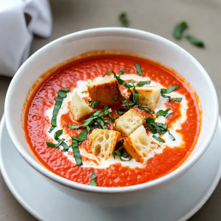 To make this creamy tomato basil soup, gather these key ingredients: - 2 tablespoons olive oil - 1 medium onion, chopped - 3 cloves garlic, minced - 1 can (28 oz) crushed tomatoes - 2 cups vegetable broth - 1 teaspoon sugar - 1 teaspoon dried oregano - Salt and pepper to taste - 1 cup heavy cream - ½ cup fresh basil leaves, chopped - Croutons or fresh basil leaves for garnish You can swap some ingredients if needed: - Use coconut milk instead of heavy cream for a dairy-free option. - If you lack fresh basil, dried basil works too; use about one-third the amount. - Any broth works; chicken broth is great if you’re not vegetarian. - Instead of sugar, try honey or maple syrup to add sweetness. Having the right tools makes cooking easier. Here’s what you need: - A large pot for cooking the soup. - A sharp knife and cutting board for chopping. - A wooden spoon for stirring. - An immersion blender for smooth soup. - Measuring cups and spoons for precise amounts. This soup is simple yet tasty. With these ingredients and tools, you can create a comforting meal. Enjoy! {{ingredient_image_1}} To make creamy tomato basil soup, gather your ingredients. You need olive oil, onion, garlic, crushed tomatoes, vegetable broth, sugar, dried oregano, salt, pepper, heavy cream, and fresh basil. Get your croutons or extra basil for garnish. 1. First, heat a large pot over medium heat. Add 2 tablespoons of olive oil. 2. Next, chop one medium onion. Add it to the pot and sauté for about 5 minutes. The onion should look clear. 3. Mince 3 cloves of garlic and stir them in. Cook for 1 to 2 minutes until you smell it. 4. Open a 28 oz can of crushed tomatoes and pour it into the pot. 5. Add 2 cups of vegetable broth, 1 teaspoon of sugar, and 1 teaspoon of dried oregano. Stir everything well. 6. Bring the pot to a simmer. Lower the heat and let it cook for 15 to 20 minutes. This helps the flavors blend. 7. Blend the soup until smooth using an immersion blender. If you don’t have one, use a regular blender in batches. 8. Stir in 1 cup of heavy cream and ½ cup of chopped fresh basil. Heat for another 5 minutes. 9. Finally, add salt and pepper to taste. Adjust as needed. Serve hot with croutons or extra fresh basil. When blending, do it slowly to avoid splashes. If you want a creamier soup, add more heavy cream. For a thicker soup, blend less. You can also adjust seasoning at the end. Taste it first before adding more salt or pepper. To boost the flavor of your creamy tomato basil soup, try these tips: - Use fresh garlic. Fresh garlic adds a bright taste. - Add a splash of balsamic vinegar. It gives a nice depth. - Use homemade vegetable broth. This can make the soup richer. - Experiment with fresh herbs. Thyme or parsley can add new notes. - Add a pinch of red pepper flakes. This gives a slight kick. Here are a few common mistakes that can ruin your soup: - Overcooking the garlic. This can make it bitter. - Skipping the sugar. It balances the acidity of tomatoes. - Not blending enough. You want a smooth, creamy texture. - Underseasoning. Always taste and adjust with salt and pepper. - Using low-quality canned tomatoes. Good tomatoes make a big difference. Serving your soup can be a fun part of the meal: - Serve it hot. Warm soup tastes best and feels cozy. - Add croutons for crunch. They add a fun texture. - Garnish with fresh basil. This makes the soup look beautiful. - Pair it with grilled cheese. This classic combo is a crowd-pleaser. - Use a nice bowl. A simple, lovely bowl can elevate your dish. Pro Tips Use Fresh Basil: Fresh basil adds a vibrant flavor to the soup. Add it at the end of cooking to preserve its aroma and color. Adjust Cream for Richness: If you prefer a lighter soup, you can reduce the amount of heavy cream or substitute it with half-and-half. Perfectly Smooth Texture: For an ultra-smooth soup, blend thoroughly with an immersion blender or in batches using a regular blender. Customize Seasonings: Feel free to enhance the flavor with additional herbs or spices, such as a pinch of red pepper flakes for a spicy kick. {{image_2}} To make a vegan version of creamy tomato basil soup, swap the heavy cream for coconut cream or cashew cream. This keeps the soup rich and creamy without any dairy. Use vegetable broth to enhance the flavor. The fresh basil still adds a lovely touch that brightens the soup. This soup can easily fit a gluten-free diet. Just check the vegetable broth for gluten. Most brands are safe to use. Ensure your croutons are gluten-free or leave them out. The soup remains delicious and comforting without them! Get creative with your soup! You can add cooked lentils for extra protein. Throw in some roasted red peppers for a smoky taste. A splash of balsamic vinegar can add depth. For spice lovers, try adding red pepper flakes. Each of these twists brings out new flavors! Store leftover creamy tomato basil soup in an airtight container. Let it cool first. Place it in the fridge if you plan to eat it within three days. Make sure to label the container with the date. This helps you keep track of freshness. To freeze the soup, use freezer-safe containers. Leave some space at the top for expansion. You can also use freezer bags. Pour the cooled soup in and squeeze out the air. Seal tightly and label with the date. It can last up to three months in the freezer. When you’re ready to eat, thaw the soup overnight in the fridge if frozen. To reheat, pour it into a pot over low heat. Stir often to prevent sticking. You can also use the microwave. Heat in short bursts, stirring in between. Add a splash of cream if it looks too thick. Enjoy your comforting soup! Creamy tomato basil soup can last for about 3 to 5 days in the fridge. Store it in an airtight container. Always let it cool first before you place it in the fridge. If you notice any off-smells or changes in color, it's best to toss it out. Yes, you can use fresh tomatoes. You will need about 2 pounds of ripe tomatoes. First, you should blanch them. This means boiling them for a short time, then placing them in ice water. After that, peel the skins off, chop the tomatoes, and use them in your recipe. Fresh tomatoes give a bright taste, but they may need longer to cook down. Absolutely! This soup is great for meal prep. You can make a large batch and store it for the week. Just remember to cool it down before placing it in containers. It reheats well, so you can enjoy it anytime you want. Tomato basil soup pairs well with many sides. Here are some ideas: - Grilled cheese sandwiches for a classic combo. - A fresh green salad for added crunch. - Crusty bread to dip into the soup. - Garlic bread for a tasty twist. These options can make your meal even more satisfying! You now have all the tools to make creamy tomato basil soup. We covered important ingredients, substitutions, and tools to use. The step-by-step instructions will guide you through cooking with ease. I shared tips to boost flavor and avoid mistakes. You can even try tasty variations and know how to store leftovers. Now, enjoy this soup warm, paired with your favorite bread. Keep experimenting to find your unique twist!