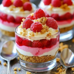 - 1 cup fresh raspberries (plus extra for garnish) - 1 cup cream cheese, softened - 1 cup heavy cream - 2 tablespoons unsalted butter, melted - 1/2 cup powdered sugar - 1/2 cup crushed graham crackers - 1 tablespoon sugar - Pinch of salt - 1 teaspoon vanilla extract To make these raspberry cheesecake mousse cups, you need fresh, quality ingredients. The fresh raspberries are key for flavor and color. Always choose ripe, vibrant berries. Cream cheese gives the mousse its rich, creamy texture. Heavy cream helps it stay light and fluffy. The graham crackers form the base. They add crunch and a hint of sweetness. Unsalted butter binds the crust together. Using powdered sugar helps achieve a smooth mix without grit. A pinch of salt balances flavors and brightens the sweetness. Lastly, vanilla extract adds warmth to the taste. Together, these ingredients create a perfect blend for a delightful dessert. You can easily find them at your local grocery store. {{ingredient_image_1}} First, we need to macerate the raspberries. Place 1 cup of fresh raspberries in a small bowl. Add 1 tablespoon of sugar. Use a fork to gently mash a few raspberries. This helps to release their juices. Let this sit for about 10 minutes. The sugar draws out sweet juice, making the flavor richer. Next, we make the cream cheese layer. In a mixing bowl, add 1 cup of softened cream cheese. Sprinkle in 1/2 cup of powdered sugar. Add 1 teaspoon of vanilla extract. Beat these together using a hand mixer. Mix until the mixture is smooth and creamy. This will be the base for our mousse. Now, let&rsquo;s whip the cream. In a separate bowl, pour in 1 cup of heavy cream. Beat it until stiff peaks form. This means the cream holds its shape well. Once ready, gently fold the whipped cream into the cream cheese mixture. Be careful not to deflate the whipped cream. It adds lightness to our mousse. We are now ready to build our cups. In a small bowl, mix 1/2 cup of crushed graham crackers with 2 tablespoons of melted unsalted butter and a pinch of salt. This will be the crust layer. Spoon this mixture into the bottom of small dessert cups. Press it down lightly. Next, layer the raspberry cheesecake mousse on top, filling the cups almost to the brim. Finally, we need to set the mousse. Cover the cups with plastic wrap. Place them in the refrigerator for at least 2 hours. This allows the mousse to firm up. To check if they are set, gently touch the top with a spoon. If it holds shape, they are ready to serve. To make the best mousse, avoid some common mistakes. First, don&rsquo;t overbeat the heavy cream. If you do, the mousse will turn grainy. Aim for stiff peaks, but stop when you see the right texture. Next, don&rsquo;t skip the raspberry mashing step. This helps release their sweet juices. If you skip this, the mousse lacks flavor. Make sure to fold the raspberries gently into the cream cheese mix. You want some small chunks for texture. This gives a nice bite. Garnishing can elevate your mousse cups. Use fresh raspberries on top for a pop of color. They add a bright look and a fresh taste. You can also sprinkle crushed graham crackers for a crunch. For a fun twist, try mint leaves. They add a fresh aroma and a splash of green. You can also drizzle chocolate sauce for a rich touch. Be creative with your toppings! Presentation is key to impressing your guests. Use clear dessert cups to show off the lovely layers. This makes the dessert look fancy and inviting. For the best effect, chill the cups well before serving. A cold mousse tastes better. For a final touch, add a sprig of mint on top. It adds color and makes your mousse cups look extra special. Pro Tips Use Fresh Raspberries: Fresh raspberries will provide the best flavor and texture for your mousse. If using frozen, make sure to thaw and drain them well to avoid excess moisture. Chill Your Equipment: For a fluffier whipped cream, chill your mixing bowl and whisk before whipping the cream. This helps it to whip up faster and maintain its structure. Layering Technique: When layering the graham cracker crust and mousse, ensure you press the crust down firmly to create a stable base that won&rsquo;t crumble when served. Garnish with Care: Garnishing with fresh raspberries not only adds visual appeal but also enhances the flavor. Consider adding a mint leaf for an extra touch of color and freshness. {{image_2}} You can easily swap out raspberries for other berries. Strawberries and blueberries work well. Just remember to adjust the sugar based on the fruit's sweetness. Seasonal fruits like peaches or cherries can also shine in this recipe. Each fruit brings a unique taste and color to your mousse. If you need a gluten-free option, use gluten-free graham crackers for the crust. You can also try almond flour or crushed nuts in place of graham crackers. For a dairy-free version, use vegan cream cheese and coconut cream. This way, you can still enjoy a creamy texture without dairy. Want to spice things up? Add chocolate chips or a drizzle of chocolate sauce to the mousse. You can also mix in some citrus zest, like lemon or lime, for a fresh twist. A dash of cinnamon or nutmeg can elevate the flavor too. These small changes can make a big difference in taste! Raspberry cheesecake mousse cups last up to three days in the fridge. Make sure you cover them well. Use plastic wrap or a lid for best results. This keeps them fresh and prevents odors from other foods. Yes, you can freeze raspberry cheesecake mousse. However, it&rsquo;s best to freeze them before you add the garnish. To freeze them properly, place the cups in an airtight container. If you stack them, use parchment paper between layers. To thaw, move the mousse cups to the fridge for several hours. This keeps the texture creamy and smooth. Do not thaw them at room temperature, as that can ruin their texture. Enjoy your mousse cups straight from the freezer for a cool treat! To make raspberry cheesecake mousse cups, you need a few simple steps. First, gather your ingredients: - 1 cup fresh raspberries (plus extra for garnish) - 1 tablespoon sugar - 1 cup cream cheese, softened - 1/2 cup powdered sugar - 1 teaspoon vanilla extract - 1 cup heavy cream - 1/2 cup crushed graham crackers - 2 tablespoons unsalted butter, melted - Pinch of salt Start by mixing the raspberries with sugar in a bowl. Let them sit for about 10 minutes. Next, beat the cream cheese, powdered sugar, and vanilla until smooth. In another bowl, whip the heavy cream until it forms stiff peaks. Gently fold the whipped cream into the cream cheese mixture. Then, fold in the mashed raspberries. For the crust, mix graham crackers with melted butter and salt. Layer this at the bottom of your cups, then add the mousse on top. Chill for at least 2 hours before serving. Yes, you can make these mousse cups ahead of time. They stay fresh in the fridge for about 2-3 days. Just cover them tightly with plastic wrap or a lid. This way, the mousse stays creamy and delicious. I recommend making them the night before a gathering. This gives the flavors time to blend well and ensures a perfect dessert for your guests. If you need to replace cream cheese, you have some options. You can use Greek yogurt or mascarpone cheese. Greek yogurt adds a tangy flavor and keeps it creamy. Mascarpone is rich and smooth, giving a lovely texture. Keep in mind that these substitutes may change the taste slightly. Adjust your sugar if needed to balance the flavors. Choose what works best for your diet or preference. This blog post covered how to make delicious raspberry cheesecake mousse cups. We explored the fresh and dry ingredients needed, the process of creating your mousse, and tips to get it just right. Remember to consider your variations for dietary needs and flavor options. With the right techniques, you can impress anyone with these treats. Enjoy making them, and don&rsquo;t forget to share your creations!