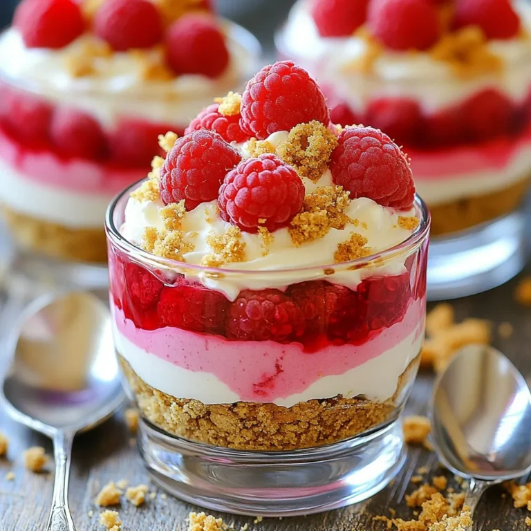 - 1 cup fresh raspberries (plus extra for garnish) - 1 cup cream cheese, softened - 1 cup heavy cream - 2 tablespoons unsalted butter, melted - 1/2 cup powdered sugar - 1/2 cup crushed graham crackers - 1 tablespoon sugar - Pinch of salt - 1 teaspoon vanilla extract To make these raspberry cheesecake mousse cups, you need fresh, quality ingredients. The fresh raspberries are key for flavor and color. Always choose ripe, vibrant berries. Cream cheese gives the mousse its rich, creamy texture. Heavy cream helps it stay light and fluffy. The graham crackers form the base. They add crunch and a hint of sweetness. Unsalted butter binds the crust together. Using powdered sugar helps achieve a smooth mix without grit. A pinch of salt balances flavors and brightens the sweetness. Lastly, vanilla extract adds warmth to the taste. Together, these ingredients create a perfect blend for a delightful dessert. You can easily find them at your local grocery store. {{ingredient_image_1}} First, we need to macerate the raspberries. Place 1 cup of fresh raspberries in a small bowl. Add 1 tablespoon of sugar. Use a fork to gently mash a few raspberries. This helps to release their juices. Let this sit for about 10 minutes. The sugar draws out sweet juice, making the flavor richer. Next, we make the cream cheese layer. In a mixing bowl, add 1 cup of softened cream cheese. Sprinkle in 1/2 cup of powdered sugar. Add 1 teaspoon of vanilla extract. Beat these together using a hand mixer. Mix until the mixture is smooth and creamy. This will be the base for our mousse. Now, let’s whip the cream. In a separate bowl, pour in 1 cup of heavy cream. Beat it until stiff peaks form. This means the cream holds its shape well. Once ready, gently fold the whipped cream into the cream cheese mixture. Be careful not to deflate the whipped cream. It adds lightness to our mousse. We are now ready to build our cups. In a small bowl, mix 1/2 cup of crushed graham crackers with 2 tablespoons of melted unsalted butter and a pinch of salt. This will be the crust layer. Spoon this mixture into the bottom of small dessert cups. Press it down lightly. Next, layer the raspberry cheesecake mousse on top, filling the cups almost to the brim. Finally, we need to set the mousse. Cover the cups with plastic wrap. Place them in the refrigerator for at least 2 hours. This allows the mousse to firm up. To check if they are set, gently touch the top with a spoon. If it holds shape, they are ready to serve. To make the best mousse, avoid some common mistakes. First, don’t overbeat the heavy cream. If you do, the mousse will turn grainy. Aim for stiff peaks, but stop when you see the right texture. Next, don’t skip the raspberry mashing step. This helps release their sweet juices. If you skip this, the mousse lacks flavor. Make sure to fold the raspberries gently into the cream cheese mix. You want some small chunks for texture. This gives a nice bite. Garnishing can elevate your mousse cups. Use fresh raspberries on top for a pop of color. They add a bright look and a fresh taste. You can also sprinkle crushed graham crackers for a crunch. For a fun twist, try mint leaves. They add a fresh aroma and a splash of green. You can also drizzle chocolate sauce for a rich touch. Be creative with your toppings! Presentation is key to impressing your guests. Use clear dessert cups to show off the lovely layers. This makes the dessert look fancy and inviting. For the best effect, chill the cups well before serving. A cold mousse tastes better. For a final touch, add a sprig of mint on top. It adds color and makes your mousse cups look extra special. Pro Tips Use Fresh Raspberries: Fresh raspberries will provide the best flavor and texture for your mousse. If using frozen, make sure to thaw and drain them well to avoid excess moisture. Chill Your Equipment: For a fluffier whipped cream, chill your mixing bowl and whisk before whipping the cream. This helps it to whip up faster and maintain its structure. Layering Technique: When layering the graham cracker crust and mousse, ensure you press the crust down firmly to create a stable base that won’t crumble when served. Garnish with Care: Garnishing with fresh raspberries not only adds visual appeal but also enhances the flavor. Consider adding a mint leaf for an extra touch of color and freshness. {{image_2}} You can easily swap out raspberries for other berries. Strawberries and blueberries work well. Just remember to adjust the sugar based on the fruit's sweetness. Seasonal fruits like peaches or cherries can also shine in this recipe. Each fruit brings a unique taste and color to your mousse. If you need a gluten-free option, use gluten-free graham crackers for the crust. You can also try almond flour or crushed nuts in place of graham crackers. For a dairy-free version, use vegan cream cheese and coconut cream. This way, you can still enjoy a creamy texture without dairy. Want to spice things up? Add chocolate chips or a drizzle of chocolate sauce to the mousse. You can also mix in some citrus zest, like lemon or lime, for a fresh twist. A dash of cinnamon or nutmeg can elevate the flavor too. These small changes can make a big difference in taste! Raspberry cheesecake mousse cups last up to three days in the fridge. Make sure you cover them well. Use plastic wrap or a lid for best results. This keeps them fresh and prevents odors from other foods. Yes, you can freeze raspberry cheesecake mousse. However, it’s best to freeze them before you add the garnish. To freeze them properly, place the cups in an airtight container. If you stack them, use parchment paper between layers. To thaw, move the mousse cups to the fridge for several hours. This keeps the texture creamy and smooth. Do not thaw them at room temperature, as that can ruin their texture. Enjoy your mousse cups straight from the freezer for a cool treat! To make raspberry cheesecake mousse cups, you need a few simple steps. First, gather your ingredients: - 1 cup fresh raspberries (plus extra for garnish) - 1 tablespoon sugar - 1 cup cream cheese, softened - 1/2 cup powdered sugar - 1 teaspoon vanilla extract - 1 cup heavy cream - 1/2 cup crushed graham crackers - 2 tablespoons unsalted butter, melted - Pinch of salt Start by mixing the raspberries with sugar in a bowl. Let them sit for about 10 minutes. Next, beat the cream cheese, powdered sugar, and vanilla until smooth. In another bowl, whip the heavy cream until it forms stiff peaks. Gently fold the whipped cream into the cream cheese mixture. Then, fold in the mashed raspberries. For the crust, mix graham crackers with melted butter and salt. Layer this at the bottom of your cups, then add the mousse on top. Chill for at least 2 hours before serving. Yes, you can make these mousse cups ahead of time. They stay fresh in the fridge for about 2-3 days. Just cover them tightly with plastic wrap or a lid. This way, the mousse stays creamy and delicious. I recommend making them the night before a gathering. This gives the flavors time to blend well and ensures a perfect dessert for your guests. If you need to replace cream cheese, you have some options. You can use Greek yogurt or mascarpone cheese. Greek yogurt adds a tangy flavor and keeps it creamy. Mascarpone is rich and smooth, giving a lovely texture. Keep in mind that these substitutes may change the taste slightly. Adjust your sugar if needed to balance the flavors. Choose what works best for your diet or preference. This blog post covered how to make delicious raspberry cheesecake mousse cups. We explored the fresh and dry ingredients needed, the process of creating your mousse, and tips to get it just right. Remember to consider your variations for dietary needs and flavor options. With the right techniques, you can impress anyone with these treats. Enjoy making them, and don’t forget to share your creations!