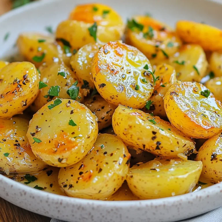 - 2 pounds baby potatoes, halved - 1/4 cup olive oil - 4 garlic cloves, minced To make Greek Lemon Potatoes, start with baby potatoes. They are small and tender, and they cook well. Halve them for even cooking and more flavor. Next, use high-quality olive oil. It adds a rich taste and helps the potatoes roast nicely. Minced garlic brings a warm, savory note that ties all the flavors together. - Juice of 2 large lemons - Zest of 1 lemon - 1 tablespoon dried oregano - 1 teaspoon salt - 1/2 teaspoon black pepper Lemons are key for flavor. Use both the juice and zest for a bright, tangy taste. Dried oregano adds an earthy hint that pairs wonderfully with lemon. Season with salt and pepper to balance the flavors. These additions make the dish lively and refreshing. - 1 cup vegetable broth or chicken broth - Fresh parsley, chopped (for garnish) Broth adds moisture and depth. You can choose vegetable broth for a lighter option or chicken broth for more richness. Finally, garnish with fresh parsley. It adds a pop of color and a fresh taste that enhances your dish. {{ingredient_image_1}} First, preheat your oven to 400°F (200°C). This heat is perfect for roasting. Next, grab a large mixing bowl. In this bowl, combine the olive oil, minced garlic, lemon juice, lemon zest, dried oregano, salt, and black pepper. Mix these ingredients well. This mix will be your marinade, adding great flavor to the potatoes. Now, add the halved baby potatoes to the bowl. Toss the potatoes in the marinade until they are well coated. This step lets the flavors soak in. After that, transfer the marinated potatoes to a large baking dish. Be sure to pour the vegetable or chicken broth over the potatoes. This broth adds moisture and richness. Cover the baking dish with aluminum foil. Bake in the preheated oven for 30 minutes. After 30 minutes, carefully remove the foil. Stir the potatoes to ensure even cooking. Then, return the dish to the oven uncovered. Bake for an additional 25 to 30 minutes. You want the potatoes to be golden brown and tender. Once they are done, take them out and let them sit for a few minutes. Before serving, garnish with chopped fresh parsley for a pop of color and flavor. Marinating is key to great flavor. I suggest you marinate your potatoes for at least 30 minutes. This allows the garlic, lemon, and oregano to soak in. If you have more time, marinate them for a few hours in the fridge. Use high-quality extra virgin olive oil. This oil adds rich flavor and depth. It also helps the lemon and herbs stick to the potatoes. Avoid cheap oils, as they can ruin the taste. To tell when your potatoes are perfectly baked, look for a golden-brown color. They should be soft when poked with a fork. You want them tender but not falling apart. For a crispy texture, bake uncovered for the last 25 to 30 minutes. This allows steam to escape, letting the edges crisp up. Toss the potatoes halfway through baking for even browning. Garnish your Greek Lemon Potatoes with fresh parsley. This adds a pop of color and freshness. Chop the parsley finely and sprinkle it just before serving. Serve these potatoes in a large, colorful bowl. Add lemon wedges on the side for a fun touch. Your guests will love the look and taste of this dish! Pro Tips Perfectly Tender Potatoes: To ensure your potatoes are perfectly tender, cut them into even-sized halves. This allows for uniform cooking and results in a more consistent texture. Flavor Boost: For an extra burst of flavor, marinate the potatoes for at least 30 minutes before baking. This allows the garlic and lemon to infuse into the potatoes more deeply. Golden Crisp Finish: If you prefer a crispier finish, broil the potatoes for the last 5 minutes of baking. Keep an eye on them to prevent burning. Herb Variations: Experiment with different herbs such as thyme or rosemary for a unique twist. Fresh herbs can also be used for garnish to enhance presentation and flavor. {{image_2}} You can change up the herbs in Greek lemon potatoes. Try rosemary or thyme for a new taste. Fresh herbs add a bright flavor. You can also add spices like paprika for warmth. If you want, mix in other veggies too. Carrots, bell peppers, or zucchini can work well. Just cut them into similar sizes as the potatoes. For a vegan version, swap the chicken broth with vegetable broth. This makes the dish plant-based and still tasty. You can also use olive oil instead of butter for richness. If you're gluten-free, this dish is already safe! Just ensure your broth is gluten-free, and you're good to go. Want to jazz up the flavors? Try using lime or orange juice instead of lemon. These fruits can give a fun twist. You can also infuse your dish with different broths. For example, a herb broth adds depth. For an extra kick, you can use spicy vegetable broth. Just mix and match to find your perfect blend! To keep your Greek Lemon Potatoes fresh, use airtight containers. Glass or plastic containers work great. Allow the potatoes to cool before storing. This helps prevent moisture buildup. Label the containers with the date. Store them in the fridge for up to five days. For the best flavor, reheat in the oven. Preheat your oven to 350°F (175°C). Spread the potatoes on a baking sheet. Bake for about 10-15 minutes, or until heated through. If you want to freeze them, place cooled potatoes in freezer-safe bags. They can last up to three months in the freezer. Greek Lemon Potatoes last about five days in the fridge. If you see mold or a sour smell, throw them away. You want to enjoy them at their best! When potatoes become mushy or dry out, it’s time to discard them. Always check for freshness before eating. What can I serve with Greek Lemon Potatoes? You can serve Greek Lemon Potatoes with grilled chicken, lamb, or fish. They also pair well with a fresh Greek salad. The tangy flavor of the potatoes complements many main dishes. Can I prepare Greek Lemon Potatoes in advance? Yes, you can prepare them ahead of time. You can marinate the potatoes and store them in the fridge for up to 24 hours before baking. This way, they soak up all the flavors. How do I make Greek Lemon Potatoes spicier? To add spice, include red pepper flakes in the marinade. You can also add a pinch of cayenne pepper for extra heat. Adjust the amount to suit your taste. How do I achieve crispy edges? For crispy edges, bake the potatoes uncovered during the last part of cooking. This allows moisture to escape, letting the potatoes crisp up nicely. Also, using a hot oven helps. Is there a vegan substitution for broth? Yes! You can use vegetable broth as a vegan option. It will add flavor without the meat. Make sure to check the label for any hidden animal products. What's the difference between baby potatoes and regular potatoes? Baby potatoes are smaller and sweeter than regular potatoes. They have a thinner skin and cook faster. Their size makes them perfect for roasting, as they become tender and flavorful. Can I use fresh herbs instead of dried? Yes, you can use fresh herbs. Fresh oregano or parsley will add a brighter flavor. Use about three times the amount of fresh herbs compared to dried ones for the best taste. Greek Lemon Potatoes are easy to make and full of flavor. This dish uses simple ingredients like baby potatoes, garlic, and olive oil, marinated to enhance taste. I shared many tips for perfect texture and serving ideas, making this a great meal for any occasion. Try different herbs or veggies to make this dish your own. Storing leftovers is simple, ensuring you enjoy this dish later. Follow the steps for a tasty result. Enjoy cooking and impressing your family with Greek Lemon Potatoes!