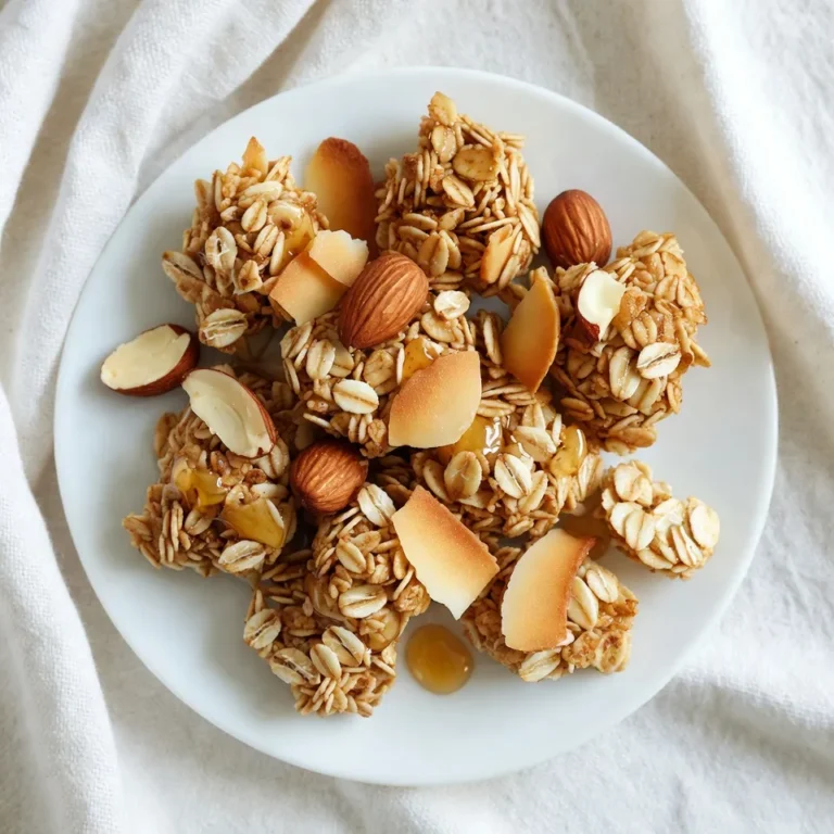 To make Coconut Almond Granola Clusters, you will need: - 2 cups rolled oats - 1 cup unsweetened shredded coconut - 1 cup almonds, roughly chopped - 1/2 cup almond butter - 1/3 cup honey or maple syrup - 1/4 cup coconut oil, melted - 1/2 teaspoon vanilla extract - 1/2 teaspoon sea salt - 1/2 teaspoon cinnamon - 1/3 cup dried cranberries or your favorite dried fruit (optional) You can make this recipe your own by changing some ingredients. - Instead of almond butter, try peanut butter or sunflower seed butter. - Use agave nectar or brown rice syrup if you want a different sweetener. - Swap almonds for walnuts, pecans, or your favorite nuts. - If you need a nut-free option, leave out the nuts. You can add seeds like pumpkin or sunflower seeds instead. Using high-quality ingredients is key. Fresh oats and nuts give the best taste and texture. - Choose organic shredded coconut to avoid added sugars. - Select pure almond butter with no extra oils or sugars for the best flavor. - Great quality honey or maple syrup adds natural sweetness and depth. These choices make your granola not just tasty but also healthy. So, always pick the best! {{ingredient_image_1}} Start by preheating your oven to 325°F (165°C). This step is key for even baking. While the oven heats, grab a baking sheet and line it with parchment paper. This helps the granola clusters not stick. In a large mixing bowl, combine the rolled oats, shredded coconut, chopped almonds, sea salt, and cinnamon. Make sure to stir well until everything mixes evenly. This will give your granola a great flavor base. Next, take a separate bowl. In this bowl, whisk the almond butter, honey or maple syrup, melted coconut oil, and vanilla extract together. Keep mixing until it's smooth and well combined. This wet mixture will help bind the dry ingredients. Pour the wet mixture over the dry ingredients in the large bowl. Stir well until every bit of dry mix is coated. If you want to add dried cranberries or another dried fruit, fold them in now. Use your hands to squeeze small handfuls of the mix together to form clusters. Place these on the prepared baking sheet, leaving space between each one. Bake your clusters in the oven for 20 to 25 minutes. Stir halfway through to ensure they bake evenly. After baking, take the sheet out and let the granola clusters cool completely. They will harden as they cool. Once cool, break up any large clusters if you like. Store your granola in an airtight container at room temperature. It will stay fresh for about two weeks. To get those perfect clusters, you need to squeeze. When you mix the wet and dry ingredients, make sure to use your hands. This helps to form small clusters. Avoid overmixing, as this can break them apart. Bake until golden brown, then let them cool completely. Clusters will firm up as they cool. Store your granola clusters in an airtight container. This keeps them crunchy and fresh. You can leave them at room temperature for up to two weeks. If you want them to last longer, consider freezing them. Just make sure they are in a freezer-safe container. When you're ready to eat, thaw them at room temperature. One common mistake is not measuring ingredients accurately. Use measuring cups for dry and wet ingredients. Another mistake is baking at too high a temperature. Stick to 325°F (165°C) for even baking. Lastly, do not skip the cooling step. If you try to break them apart too soon, they may crumble instead of staying in clusters. Pro Tips Use Fresh Ingredients: Using fresh almonds and coconut will enhance the flavor and texture of your granola clusters. Experiment with Sweeteners: Feel free to substitute honey with agave syrup or brown rice syrup for different sweetness levels and flavors. Customize with Spices: Add a pinch of nutmeg or cardamom to give your granola a unique twist that complements the coconut and almond. Store Wisely: Keep your granola clusters in the fridge during hot weather to maintain their crispness longer. {{image_2}} You can easily switch up the nuts in this recipe. Try walnuts, pecans, or hazelnuts. Each nut adds its own taste and crunch. You can also add seeds like pumpkin or sunflower seeds. They bring a nice texture and extra nutrients. Mix and match to find your favorite blend. Just remember to keep the nut and seed amount the same. Want to boost the health factor? Add superfoods! Chia seeds and flaxseeds are great choices. They add fiber and omega-3s. Just a few tablespoons will do. You can mix them in with the dry ingredients. This way, they blend well with the oats and nuts. Superfoods make your granola even better for you. Adding spices and extracts can take your granola to the next level. Try a dash of nutmeg or ginger for warmth. You can also experiment with flavored extracts. Almond or coconut extract can add a nice twist. Be careful not to add too much, as a little goes a long way. These small changes can create a unique flavor that excites your taste buds. To keep your coconut almond granola clusters fresh, use an airtight container. Glass jars or plastic bins work well. Store the clusters at room temperature, away from sunlight. This helps them stay crunchy and tasty. Avoid warm areas like near the stove or oven. If you live in a humid place, consider using silica gel packs to absorb moisture. Granola clusters last up to two weeks when stored properly. If you want to keep them longer, freeze them. Place the clusters in a freezer-safe bag or container. They can last for up to three months in the freezer. When you want to eat them, just take out a portion and let it thaw at room temperature. They will still taste great! If your granola clusters lose their crunch, don’t worry! You can easily revive them. Preheat your oven to 300°F (150°C). Spread the stale granola on a baking sheet in a thin layer. Bake for about 5-10 minutes, stirring halfway through. This will help them regain their crispiness. Let them cool before you enjoy them again. Yes, you can use rolled oats. They add a nice texture. Quick oats cook faster but rolled oats hold their shape better. I prefer rolled oats for crunch. To make crunchy clusters, bake them longer. Keep an eye on the color. Stir halfway through baking to get even heat. Let them cool completely to harden. This step is key for perfect clusters. Yes, coconut almond granola clusters can be gluten-free. Just make sure your oats are certified gluten-free. This choice keeps the recipe safe for those with gluten issues. Absolutely! You can use sun butter or soy nut butter. This change works well if you need a nut-free option. Just make sure the texture is similar for best results. In this article, we explored how to make coconut almond granola clusters. We covered essential ingredients, tips on measurements, and the importance of quality. The step-by-step instructions guide you through mixing and baking. You learned how to achieve perfect clusters and store them for freshness. We also discussed variations and common questions. Granola clusters are tasty and easy to make. By following these steps, you can enjoy a healthy snack anytime. Now, get ready to create your own delicious clusters!