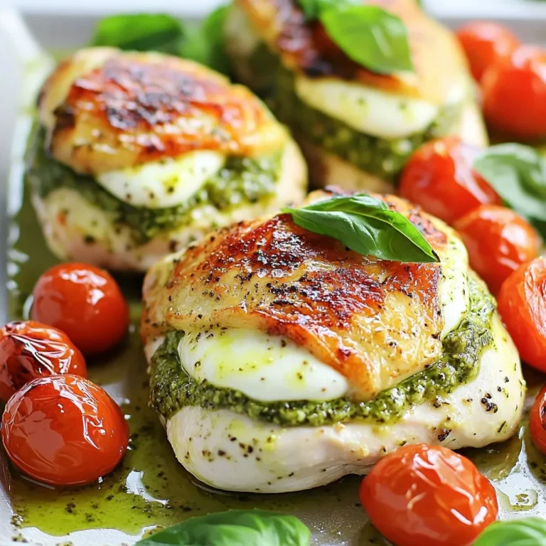 - 4 boneless, skinless chicken breasts - 1 cup fresh basil pesto - 8 oz fresh mozzarella cheese, sliced - 1 cup cherry tomatoes, halved I love using boneless, skinless chicken breasts for this recipe. They’re easy to handle and cook evenly. Fresh basil pesto adds a burst of flavor and makes the chicken sing. The creamy mozzarella cheese melts beautifully inside, giving each bite a rich, gooey texture. Cherry tomatoes bring a sweet touch and add color to the dish. - 2 tablespoons olive oil - Salt and pepper - 1 teaspoon garlic powder - 1 teaspoon Italian seasoning - Fresh basil leaves for garnish For seasoning, I use salt, pepper, garlic powder, and Italian seasoning. This mix enhances the chicken's taste without overpowering it. Olive oil helps to get a nice golden crust when searing. Fresh basil leaves make a lovely garnish, adding both color and flavor to your plate. {{ingredient_image_1}} - Preheat the oven to 375°F (190°C). - Carefully slice a pocket into each chicken breast. Do not cut all the way through. - Season the chicken inside and out with salt, pepper, garlic powder, and Italian seasoning. - Spread about 2 tablespoons of basil pesto inside each pocket. - Add 2 slices of fresh mozzarella cheese into the pocket. - Secure the openings with toothpicks to keep the filling inside. - Heat 2 tablespoons of olive oil in a large oven-safe skillet over medium-high heat. - Add the stuffed chicken breasts to the skillet. Sear for about 4-5 minutes on each side until golden brown. - Transfer the skillet to the preheated oven. Bake for 20-25 minutes. The chicken should reach an internal temperature of 165°F (75°C). - During the last 10 minutes, scatter halved cherry tomatoes around the chicken in the skillet. This will roast them nicely. To keep your chicken juicy, avoid overcooking. Use a meat thermometer. The internal temperature should reach 165°F. This helps lock in moisture. When you slice pockets into the chicken, be careful. Don't cut all the way through. A deep pocket holds more filling. Use toothpicks to secure the openings. This keeps the pesto and cheese inside while cooking. You can use different cheeses for a fun twist. Try provolone, goat cheese, or even feta. Each cheese adds its own taste. Add spices to enhance flavor. Smoked paprika gives a nice kick. A pinch of red pepper flakes adds heat. Fresh herbs like thyme or oregano also boost taste. Pro Tips Use Fresh Ingredients: Always opt for fresh basil and mozzarella for the best flavor. Fresh ingredients will enhance the taste and overall quality of your dish. Don’t Overstuff: Be cautious not to overfill the chicken breasts. This can lead to the filling spilling out during cooking, so keep it moderate to ensure even cooking. Let it Rest: Allow the chicken to rest for a few minutes after baking. This helps to lock in the juices, making the chicken more tender and flavorful. Experiment with Flavors: Feel free to add other ingredients to the filling, such as sun-dried tomatoes or spinach, for an extra layer of flavor and nutrition. {{image_2}} You can switch up the pesto if you want a new taste. Try sun-dried tomato pesto for a sweet twist. You can even make your own by blending fresh herbs, nuts, and oil. For chicken, consider using thighs or even turkey. Thighs stay juicy and have a richer taste. Turkey works well if you want a leaner option. Pair this dish with simple side dishes. Garlic bread or a fresh green salad works great. Roasted vegetables add color and flavor too. You can serve the chicken over pasta for a hearty meal. A light salad on the side balances the richness. Drizzle extra pesto on top for a burst of flavor. After you enjoy your Pesto Mozzarella Stuffed Chicken, store any leftovers in the fridge. Use an airtight container. This keeps the chicken fresh and tasty. You can keep it for up to three days. The cooked chicken stays safe to eat as long as it stays cold. Be sure to check for any signs of spoilage before eating. If you want to save some chicken for later, freezing is a great option. Wrap each stuffed chicken breast tightly in plastic wrap. Then place them in a freezer bag, removing as much air as possible. This helps prevent freezer burn. You can freeze the chicken for up to three months. When you are ready to eat, thaw the chicken in the fridge overnight. For reheating, preheat your oven to 375°F (190°C). Place the chicken in an oven-safe dish, cover it with foil, and bake for about 20-25 minutes. Check that it reaches an internal temperature of 165°F (75°C) before serving. Enjoy your delicious chicken again! To check if the chicken is cooked right, use a meat thermometer. The chicken should reach an internal temperature of 165°F (75°C). This temperature ensures the chicken is safe to eat and juicy. Always check at the thickest part of the chicken breast for the most accurate reading. If you don’t have a thermometer, cut into the chicken. The juices should run clear, not pink. Yes, you can prep this dish in advance. Stuff the chicken and keep it in the fridge for up to 24 hours. Just remember to season it right before cooking. This will save you time on busy days and let the flavors mix well. You can also freeze stuffed chicken for later. Wrap each piece in foil and store in an airtight container. Thaw it in the fridge overnight before cooking. This dish pairs well with many sides. Try these options: - Garlic bread for a crunchy bite - A fresh green salad for a light touch - Roasted vegetables for added nutrition - Quinoa or rice for a hearty meal - Pasta tossed in olive oil or pesto These sides will complement the chicken nicely and make your meal complete. This post covered how to make pesto mozzarella stuffed chicken. We discussed key ingredients like chicken, pesto, and mozzarella, plus seasonings to enhance the flavor. I provided clear steps for preparing, stuffing, and cooking your chicken. Remember, simple tweaks can change this dish. You can swap ingredients or add flavors to fit your taste. Whether you enjoy it right away or save leftovers, this recipe will surely impress. Enjoy your cooking!