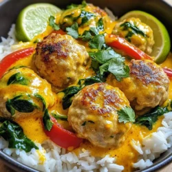 - 1 lb ground chicken (or turkey) - 1/2 cup breadcrumbs - 1/4 cup fresh cilantro, chopped - 2 garlic cloves, minced - 1 can (14 oz) coconut milk - 2 tablespoons red curry paste - 1 tablespoon fish sauce (or soy sauce) - 1 tablespoon brown sugar - 1 bell pepper, sliced - 1 cup spinach leaves - Juice of 1 lime - Optional: Cooked jasmine rice or quinoa for serving The ingredients for Thai coconut curry meatballs are simple yet packed with flavor. You start with ground chicken or turkey, which keeps the dish light and tender. The breadcrumbs help bind everything together. Fresh cilantro and garlic add a burst of freshness that really shines through. Next, the coconut milk creates a creamy base. The red curry paste gives it that signature kick. You can choose fish sauce for a savory depth or soy sauce for a vegetarian twist. Brown sugar balances the spice with a hint of sweetness. For the veggies, bell pepper adds crunch and color, while spinach gives a nice green boost. The lime juice at the end brightens the dish and ties all the flavors together. If you want to make it a meal, serve it over jasmine rice or quinoa. It's a perfect way to soak up that delicious sauce! {{ingredient_image_1}} In a large bowl, I start by combining ground chicken, breadcrumbs, chopped cilantro, minced garlic, grated ginger, lime zest, salt, and pepper. I mix these ingredients until just combined. This step is key for flavor and texture. Next, I shape the mixture into small meatballs, about 1 inch wide. I place them on a plate and set them aside. This allows me to prepare for cooking without delay. I heat a splash of oil in a large skillet over medium heat. I add the meatballs in batches, browning them for 5-7 minutes until golden all over. Once done, I remove them and set them aside. This step locks in the flavor. In the same skillet, I reduce the heat to low. I add coconut milk, red curry paste, fish sauce, and brown sugar. I whisk these ingredients until smooth and combined. This sauce will bring all the flavors together. I add sliced bell pepper to the sauce and cook for about 5 minutes until it softens. Then, I return the meatballs to the skillet. I cover it and let it simmer for 10-15 minutes. This helps the meatballs cook through and soak up the sauce. In the last few minutes, I stir in the spinach leaves until they wilt. I squeeze fresh lime juice over the dish just before serving. This adds a bright finish and enhances all the flavors. To make great meatballs, mix the ingredients well but don&rsquo;t overwork them. Overmixing makes them tough. Use your hands gently to combine ground chicken, breadcrumbs, cilantro, garlic, ginger, lime zest, salt, and pepper. This keeps the meatballs tender and juicy. The curry sauce is where the magic happens. Start with red curry paste and adjust it to your taste. If you like heat, add more paste. For a milder flavor, use less. The balance of coconut milk, fish sauce, and brown sugar enhances the sauce's depth. Whisk until smooth for a creamy texture. Garnish your dish for a pop of color and flavor. Fresh cilantro and lime wedges brighten the plate. Serve the meatballs over fluffy jasmine rice or quinoa. The grains soak up the sauce well, making each bite delicious. You can add sliced bell peppers for extra crunch on top. Enjoy this dish with your favorite sides, like steamed greens or a fresh salad. Pro Tips Use Fresh Herbs: Fresh cilantro adds a burst of flavor to your meatballs, but you can also experiment with mint or basil for a unique twist. Control the Spice: Adjust the amount of red curry paste based on your spice preference. Start with a smaller amount and add more if desired. Perfectly Cooked Meatballs: Ensure your meatballs are cooked through by using a meat thermometer; they should reach an internal temperature of 165&deg;F (75&deg;C). Serving Suggestions: For a complete meal, serve these meatballs over steamed jasmine rice or quinoa, and don&rsquo;t forget a wedge of lime for extra zest! {{image_2}} You can switch up the meat for your Thai coconut curry meatballs. Using ground turkey is a great option. It keeps the dish light yet tasty. Ground pork also works well and adds a nice richness. If you want to try something plant-based, use lentils or chickpeas. They provide protein and a hearty texture. Just make sure to adjust your cooking times based on what you choose. Making a vegan version is simple and fun. Instead of meat, use chickpeas or lentils. Both of these ingredients soak up the curry flavors. Start with cooked chickpeas or lentils to save time. You can also add more vegetables like zucchini or carrots for extra nutrition. Don&rsquo;t forget to use soy sauce instead of fish sauce for that umami punch. To make your dish even more exciting, consider adding flavor boosters. Lime leaves give a fresh, zesty note. You can find them at many grocery stores. Fresh basil is another great addition. It brings a lovely aroma and bright flavor. You can also try adding a splash of lime juice just before serving. This adds a nice kick to the dish! To keep your Thai Coconut Curry Meatballs fresh, store leftovers in the fridge. Place them in an airtight container. They stay good for about three to four days. Make sure to cool them down before sealing. If you want to save some for later, freezing is a great option. First, let the meatballs and sauce cool. Then, put them in freezer-safe bags or containers. Squeeze out as much air as you can. They can last up to three months in the freezer. When you're ready to enjoy your meatballs again, reheat them gently. You can use the stove or microwave. If using the stove, add a splash of water to keep the sauce moist. Heat on low until warmed through. This way, the meatballs stay soft and the sauce stays flavorful. Yes, you can use frozen meatballs. They will need longer cooking time. I suggest adding them to the sauce for about 20 minutes. This will help the meatballs heat through and soak up some flavor. However, fresh meatballs provide better taste and texture. This dish works great for meal prep. You can make it ahead and store in the fridge. It stays fresh for about three days. Just reheat it gently and add a splash of water if needed. You can also freeze it for up to three months. If you want a substitute for fish sauce, try soy sauce. It adds a similar savory taste. Another option is mushroom sauce, which is great for vegetarians. Both will still give you a tasty dish. The spice level can vary based on the red curry paste. If you like it mild, use less paste. For more heat, add more paste or some chili flakes. Taste the sauce as you go to find your perfect heat. This blog post covered a tasty meatball and coconut curry recipe. You learned to blend chicken, fresh herbs, and spices for perfect meatballs. Cooking them in a rich coconut sauce with vegetables enhances flavor and texture. Tips on variations, storing, and reheating ensure your dish remains delectable. By trying this recipe, you can impress your family and friends. Enjoy your culinary adventure, and don&rsquo;t hesitate to modify it to fit your taste!