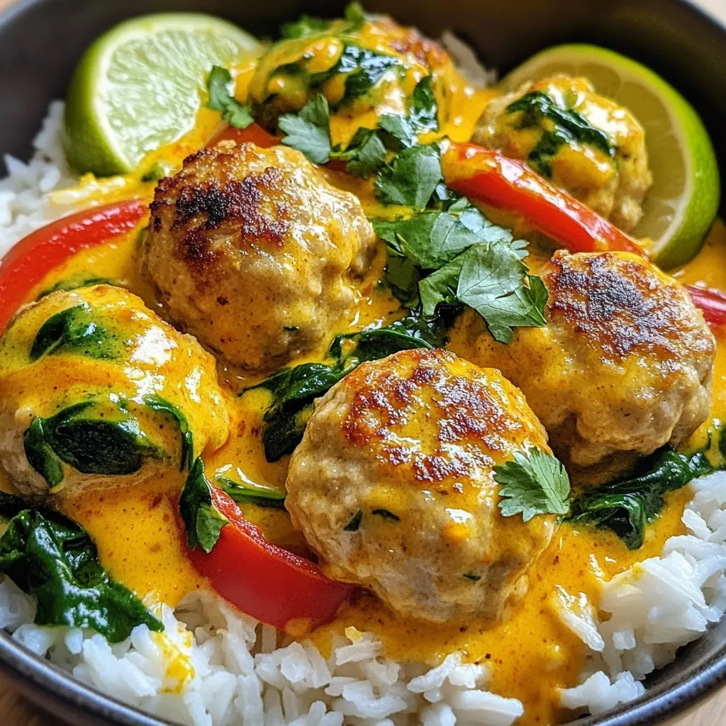 - 1 lb ground chicken (or turkey) - 1/2 cup breadcrumbs - 1/4 cup fresh cilantro, chopped - 2 garlic cloves, minced - 1 can (14 oz) coconut milk - 2 tablespoons red curry paste - 1 tablespoon fish sauce (or soy sauce) - 1 tablespoon brown sugar - 1 bell pepper, sliced - 1 cup spinach leaves - Juice of 1 lime - Optional: Cooked jasmine rice or quinoa for serving The ingredients for Thai coconut curry meatballs are simple yet packed with flavor. You start with ground chicken or turkey, which keeps the dish light and tender. The breadcrumbs help bind everything together. Fresh cilantro and garlic add a burst of freshness that really shines through. Next, the coconut milk creates a creamy base. The red curry paste gives it that signature kick. You can choose fish sauce for a savory depth or soy sauce for a vegetarian twist. Brown sugar balances the spice with a hint of sweetness. For the veggies, bell pepper adds crunch and color, while spinach gives a nice green boost. The lime juice at the end brightens the dish and ties all the flavors together. If you want to make it a meal, serve it over jasmine rice or quinoa. It's a perfect way to soak up that delicious sauce! {{ingredient_image_1}} In a large bowl, I start by combining ground chicken, breadcrumbs, chopped cilantro, minced garlic, grated ginger, lime zest, salt, and pepper. I mix these ingredients until just combined. This step is key for flavor and texture. Next, I shape the mixture into small meatballs, about 1 inch wide. I place them on a plate and set them aside. This allows me to prepare for cooking without delay. I heat a splash of oil in a large skillet over medium heat. I add the meatballs in batches, browning them for 5-7 minutes until golden all over. Once done, I remove them and set them aside. This step locks in the flavor. In the same skillet, I reduce the heat to low. I add coconut milk, red curry paste, fish sauce, and brown sugar. I whisk these ingredients until smooth and combined. This sauce will bring all the flavors together. I add sliced bell pepper to the sauce and cook for about 5 minutes until it softens. Then, I return the meatballs to the skillet. I cover it and let it simmer for 10-15 minutes. This helps the meatballs cook through and soak up the sauce. In the last few minutes, I stir in the spinach leaves until they wilt. I squeeze fresh lime juice over the dish just before serving. This adds a bright finish and enhances all the flavors. To make great meatballs, mix the ingredients well but don’t overwork them. Overmixing makes them tough. Use your hands gently to combine ground chicken, breadcrumbs, cilantro, garlic, ginger, lime zest, salt, and pepper. This keeps the meatballs tender and juicy. The curry sauce is where the magic happens. Start with red curry paste and adjust it to your taste. If you like heat, add more paste. For a milder flavor, use less. The balance of coconut milk, fish sauce, and brown sugar enhances the sauce's depth. Whisk until smooth for a creamy texture. Garnish your dish for a pop of color and flavor. Fresh cilantro and lime wedges brighten the plate. Serve the meatballs over fluffy jasmine rice or quinoa. The grains soak up the sauce well, making each bite delicious. You can add sliced bell peppers for extra crunch on top. Enjoy this dish with your favorite sides, like steamed greens or a fresh salad. Pro Tips Use Fresh Herbs: Fresh cilantro adds a burst of flavor to your meatballs, but you can also experiment with mint or basil for a unique twist. Control the Spice: Adjust the amount of red curry paste based on your spice preference. Start with a smaller amount and add more if desired. Perfectly Cooked Meatballs: Ensure your meatballs are cooked through by using a meat thermometer; they should reach an internal temperature of 165°F (75°C). Serving Suggestions: For a complete meal, serve these meatballs over steamed jasmine rice or quinoa, and don’t forget a wedge of lime for extra zest! {{image_2}} You can switch up the meat for your Thai coconut curry meatballs. Using ground turkey is a great option. It keeps the dish light yet tasty. Ground pork also works well and adds a nice richness. If you want to try something plant-based, use lentils or chickpeas. They provide protein and a hearty texture. Just make sure to adjust your cooking times based on what you choose. Making a vegan version is simple and fun. Instead of meat, use chickpeas or lentils. Both of these ingredients soak up the curry flavors. Start with cooked chickpeas or lentils to save time. You can also add more vegetables like zucchini or carrots for extra nutrition. Don’t forget to use soy sauce instead of fish sauce for that umami punch. To make your dish even more exciting, consider adding flavor boosters. Lime leaves give a fresh, zesty note. You can find them at many grocery stores. Fresh basil is another great addition. It brings a lovely aroma and bright flavor. You can also try adding a splash of lime juice just before serving. This adds a nice kick to the dish! To keep your Thai Coconut Curry Meatballs fresh, store leftovers in the fridge. Place them in an airtight container. They stay good for about three to four days. Make sure to cool them down before sealing. If you want to save some for later, freezing is a great option. First, let the meatballs and sauce cool. Then, put them in freezer-safe bags or containers. Squeeze out as much air as you can. They can last up to three months in the freezer. When you're ready to enjoy your meatballs again, reheat them gently. You can use the stove or microwave. If using the stove, add a splash of water to keep the sauce moist. Heat on low until warmed through. This way, the meatballs stay soft and the sauce stays flavorful. Yes, you can use frozen meatballs. They will need longer cooking time. I suggest adding them to the sauce for about 20 minutes. This will help the meatballs heat through and soak up some flavor. However, fresh meatballs provide better taste and texture. This dish works great for meal prep. You can make it ahead and store in the fridge. It stays fresh for about three days. Just reheat it gently and add a splash of water if needed. You can also freeze it for up to three months. If you want a substitute for fish sauce, try soy sauce. It adds a similar savory taste. Another option is mushroom sauce, which is great for vegetarians. Both will still give you a tasty dish. The spice level can vary based on the red curry paste. If you like it mild, use less paste. For more heat, add more paste or some chili flakes. Taste the sauce as you go to find your perfect heat. This blog post covered a tasty meatball and coconut curry recipe. You learned to blend chicken, fresh herbs, and spices for perfect meatballs. Cooking them in a rich coconut sauce with vegetables enhances flavor and texture. Tips on variations, storing, and reheating ensure your dish remains delectable. By trying this recipe, you can impress your family and friends. Enjoy your culinary adventure, and don’t hesitate to modify it to fit your taste!