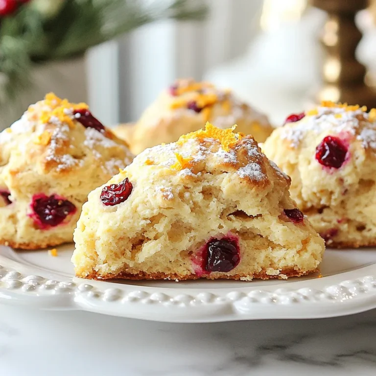 To make these tasty cranberry orange scones, you will need: - 2 cups all-purpose flour - 1/3 cup granulated sugar - 1 tablespoon baking powder - 1/2 teaspoon salt - 1/2 cup unsalted butter, cold and cubed - 1 cup dried cranberries - Zest of 1 orange - 1/2 cup buttermilk - 1 large egg - 1 teaspoon vanilla extract - 1 tablespoon additional sugar for topping Accurate measurements make a big difference. Use dry measuring cups for flour and sugar. Level off the top with a flat edge. For sticky items like buttermilk, use a liquid measuring cup. Always use cold butter. It helps create flaky scones. For best results, I recommend these brands: - All-purpose flour: King Arthur Flour - Granulated sugar: Domino Sugar - Baking powder: Rumford - Unsalted butter: Land O'Lakes - Dried cranberries: Ocean Spray These brands provide consistent quality and great flavors. Try them for your scones! {{ingredient_image_1}} 1. Start by preheating your oven to 400°F (200°C). This helps the scones rise well. 2. Line a baking sheet with parchment paper. This keeps the scones from sticking. 3. In a large mixing bowl, whisk together 2 cups of flour, 1/3 cup of sugar, 1 tablespoon of baking powder, and 1/2 teaspoon of salt. Mix until even. 4. Next, add 1/2 cup of cold, cubed butter to the bowl. Use a pastry cutter or your fingers to blend it. You want the mix to look like coarse crumbs. 5. Stir in 1 cup of dried cranberries and the zest of 1 orange. This adds great flavor and color. 6. In a separate bowl, mix 1/2 cup of buttermilk, 1 large egg, and 1 teaspoon of vanilla extract. 7. Pour this wet mix into the dry bowl. Stir gently until just combined. Do not overmix; it can make the scones tough. 8. Turn the dough out onto a floured surface. Pat it into a circle about 1 inch thick. 9. Cut the dough into 8 wedges. Place them on the prepared baking sheet. Make sure to leave space between each scone. 10. Sprinkle 1 tablespoon of sugar on top of the scones for a nice crunch. 11. Bake the scones for 15 to 20 minutes. They should be golden brown when done. 12. To check, insert a toothpick into the center. It should come out clean. 13. Remove the scones from the oven and let them cool slightly on a wire rack. Serve them warm for the best taste! When making cranberry orange scones, a few common mistakes can happen. First, don’t overmix the dough. Overmixing can make the scones tough. Mix just until combined for soft scones. Second, use cold butter. If the butter is warm, your scones won't rise well. Lastly, don’t skip the zest. The zest adds a bright flavor. To make your scones fluffy, you need to keep everything cold. Start with cold butter and buttermilk. This helps create steam when baking. Also, handle the dough gently. Pat it out instead of rolling it. This keeps the air in the dough, making it rise nicely. You can add more flavor to your scones. Try adding chopped nuts, like walnuts or pecans. They provide a great crunch. You can also mix in chocolate chips or orange extract for extra sweetness. A glaze made of powdered sugar and orange juice can add a nice finish. Pro Tips Use Cold Ingredients: Ensure your butter and buttermilk are cold to achieve a flaky texture in your scones. Don't Overmix: Mix the wet and dry ingredients just until combined to prevent tough scones. Cut Even Wedges: For uniform baking, be sure to cut the dough into evenly sized wedges. Experiment with Flavors: Try adding different citrus zest or nuts for unique flavor variations in your scones. {{image_2}} You can switch out cranberries for other dried fruits. Dried cherries or apricots add a nice twist. Each fruit brings its own taste and texture. For example, cherries add a tart flavor, while apricots are sweeter. Just make sure to chop larger fruits into smaller pieces. This helps them mix well into the dough. If you need a gluten-free scone, I recommend using a gluten-free flour blend. Look for blends that have xanthan gum for the best texture. You might also need to adjust the liquid in the recipe. Start with the same amount of buttermilk, then add more if needed. The dough should feel soft but not sticky. Adding spices can enhance your scones. Cinnamon, nutmeg, or cardamom work great with cranberries and orange. Just a pinch of each can add warmth and depth. Mix these spices into the dry ingredients for even flavor. You can also add a bit of ginger for a nice kick. Experiment and find your favorite flavor combinations. To keep your scones fresh, store them in an airtight container. This will help keep moisture in, which keeps the scones soft. Place a piece of parchment paper between layers if you stack them. This prevents them from sticking together. Enjoy your scones within two days for the best taste. You can freeze scones for later enjoyment. To freeze, wrap each scone in plastic wrap. Then, place them in a freezer bag or container. Label the bag with the date. They can last up to three months in the freezer. When you want to eat one, let it thaw in the fridge overnight. To reheat your scones, preheat your oven to 350°F (175°C). Place the scones on a baking sheet. Bake for about 10 minutes until warm. This will help bring back the fresh-baked taste. You can also use a microwave. Heat for about 15-20 seconds. This is quicker but may not keep the scone's crispness. Yes, you can substitute buttermilk. If you don't have it, you can make a quick version. Mix 1/2 cup of milk with 1/2 tablespoon of vinegar or lemon juice. Let it sit for about five minutes. This will give you a similar tangy flavor and acidity. You will know the scones are done when they turn golden brown. Insert a toothpick into the center of a scone. If it comes out clean, they are ready. The baking time is usually 15-20 minutes, but keep an eye on them. Yes, you can make these scones ahead of time. You can prepare the dough, cut it into wedges, and freeze them. Just place them on a baking sheet and freeze until firm. Then, store them in a freezer bag. When you're ready to bake, add a few extra minutes to the baking time. We covered the key ingredients, preparation steps, and tips for baking scones. You learned how to avoid common mistakes and make fluffy scones. Plus, we explored variations, storage, and answered your FAQs. Now, you have all the tools to bake tasty scones. Enjoy experimenting with flavors and share your creations with others. Perfect scones await you in your kitchen!