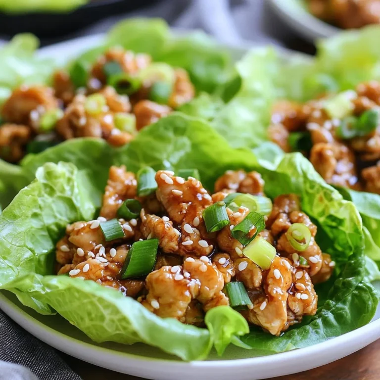 - 1 lb ground chicken - 1/4 cup teriyaki sauce (low sodium preferred) - 1 tablespoon sesame oil - 1 cup water chestnuts, finely chopped - 1/2 cup green onions, thinly sliced - 1 tablespoon fresh ginger, minced - 2 cloves garlic, minced - 1 head of butter or romaine lettuce, leaves separated - Sesame seeds for garnish - Sriracha or chili sauce (optional, for heat) You can swap ground chicken for ground turkey or beef if you prefer. For a vegetarian option, use crumbled tofu or tempeh. Instead of teriyaki sauce, you can try soy sauce mixed with honey for a sweet touch. If you can’t find water chestnuts, chopped bell peppers add a nice crunch. Each serving has about 300 calories. It offers 20g of protein, 15g of fat, and 20g of carbs. This meal is rich in vitamins and minerals from the fresh veggies. You can enjoy it guilt-free! {{ingredient_image_1}} To start, gather all your ingredients. You will need: - 1 lb ground chicken - 1/4 cup teriyaki sauce - 1 tablespoon sesame oil - 1 cup water chestnuts, finely chopped - 1/2 cup green onions, thinly sliced - 1 tablespoon fresh ginger, minced - 2 cloves garlic, minced - 1 head of butter or romaine lettuce - Sesame seeds for garnish - Sriracha or chili sauce (optional) Wash and separate the lettuce leaves. This makes for easy wrapping later. Finely chop the water chestnuts and slice the green onions. Mince the ginger and garlic. Heat the sesame oil in a large skillet over medium heat. Add the minced garlic and ginger. Sauté them for about 1 minute until you smell the aroma. Next, increase the heat to medium-high. Add the ground chicken. Stir and break it up as it cooks. Cook until browned and no longer pink, which takes about 5-7 minutes. Once the chicken is cooked, pour the teriyaki sauce over it. Mix well to coat the chicken. Stir in the chopped water chestnuts and half of the sliced green onions. Cook for another 2-3 minutes to warm everything through. Remove the skillet from heat and let the mixture cool slightly. To serve, take a lettuce leaf and spoon a generous amount of the teriyaki chicken mixture into it. Make sure to fill it well! Next, sprinkle sesame seeds and the remaining green onions over the filling. If you want some heat, drizzle with sriracha or chili sauce. Enjoy your tasty, colorful wraps! To achieve the best texture in your teriyaki chicken, focus on the cooking time. Cook the ground chicken until it is browned but not dry. This usually takes 5-7 minutes. Stir often to break up clumps. The chicken should be tender and juicy. Mixing in chopped water chestnuts adds a nice crunch. They provide contrast to the chicken's softness. Having the right tools makes cooking easier. Use a large skillet to cook the chicken. A wooden spoon works well for stirring. A sharp knife is great for chopping garlic, ginger, and water chestnuts. A cutting board is essential for safe prep. Lastly, have a measuring cup handy for the teriyaki sauce. These tools will help you stay organized. Avoid overcooking the chicken, as it can become tough. Make sure to sauté the garlic and ginger just until fragrant, about one minute. If you skip this step, your dish may lack flavor. Also, don't forget to let the chicken mixture cool slightly before serving. This prevents burns and allows the flavors to meld. Using too much sauce can make the wraps soggy, so measure carefully. Pro Tips Use Fresh Ingredients: Fresh garlic and ginger will enhance the flavor of your teriyaki chicken and make the dish more aromatic. Customize the Heat: Adjust the amount of sriracha or chili sauce to your taste preference, allowing everyone to enjoy their wraps at their desired spice level. Experiment with Veggies: Add additional vegetables like bell peppers or shredded carrots to the chicken mixture for extra crunch and nutrition. Chill the Lettuce: For an even more refreshing bite, chill your lettuce leaves in the fridge for 15 minutes before serving. {{image_2}} You can easily switch proteins in this dish. Ground beef works well if you want a richer flavor. Ground turkey is a leaner choice, and it cooks just like chicken. For a vegetarian option, try crumbled tofu or tempeh. Both soak up the teriyaki sauce nicely. You can use the same cooking steps for these proteins. Just remember to adjust cooking times, as some may cook faster than chicken. Teriyaki sauce is sweet and savory, but you can get creative. If you like heat, try a spicy teriyaki sauce. Just add chili paste or sriracha to the teriyaki sauce before mixing. You can also make your own sauce with soy sauce, honey, and garlic. This gives you control over the flavors. Experiment with flavors to find your favorite blend! Toppings can change the whole dish. Add shredded carrots for crunch and color. Chopped cilantro or mint gives freshness. For a nutty touch, sprinkle chopped peanuts or cashews on top. You can also add thin slices of cucumber for extra crunch. Remember, your choice of toppings can make this dish even more delicious. Enjoy mixing and matching to create your perfect wrap! To store your teriyaki chicken lettuce wraps, place them in an airtight container. Make sure to keep the chicken filling separate from the lettuce leaves. This helps the lettuce stay fresh and crisp. You can store the chicken in the fridge for up to three days. When you're ready to enjoy the leftovers, heat the chicken mixture in a skillet on medium heat. Stir it for about 5 minutes until it's warm. You can add a splash of water to keep it moist. Avoid microwaving it, as it can make the chicken rubbery. If you want to freeze the chicken, store it in a freezer-safe container. It will keep well for up to three months. When you want to eat it, thaw it in the fridge overnight. Reheat it on the stove before serving. Do not freeze the lettuce, as it will become soggy when thawed. Yes, you can prepare the filling ahead. Cook the ground chicken and mix in the sauce. Let it cool and store in a container. When ready to serve, just spoon it into the lettuce leaves. Keep the lettuce fresh in the fridge until you need it. This helps save time on busy days. Butter lettuce and romaine lettuce work great. Butter lettuce gives a soft feel and wraps well. Romaine lettuce has a nice crunch and holds the filling. Both types add flavor and texture to the wraps. Choose what you like best or have on hand. To make it keto-friendly, focus on low-carb ingredients. Use ground chicken as your protein. Replace teriyaki sauce with a low-carb version or make your own. You can use coconut aminos instead of soy sauce. Avoid sugary sauces and stick to fresh veggies for crunch. In this blog post, we covered key ingredients for Teriyaki Chicken Lettuce Wraps, including substitutions. I shared step-by-step instructions to guide your cooking process and tips for perfect texture. We explored variations using different proteins and sauces, plus storage tips for leftovers. Remember, cooking is about trying new things. Don't stress if it’s not perfect. Focus on taste and enjoy the process. Now, you’re ready to make delicious wraps at home!