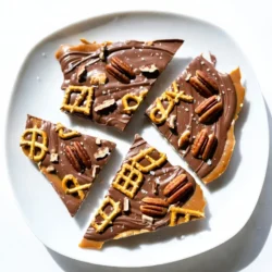 To make Chocolate Caramel Pretzel Bark, gather these simple ingredients: - 2 cups pretzel twists - 1 cup semi-sweet chocolate chips - 1 cup caramels, unwrapped - 1/4 cup heavy cream - 1/2 teaspoon sea salt - 1/4 cup chopped pecans or peanuts (optional) You can easily swap ingredients to fit your taste. Here are some ideas: - Use milk chocolate chips instead of semi-sweet for a sweeter bark. - Swap caramels for toffee bits for a different flavor. - Try almond milk or coconut cream in place of heavy cream for a lighter option. - If you don&rsquo;t like pecans, use walnuts or leave them out entirely. Choosing the best ingredients makes a big difference. Here&rsquo;s what I suggest: - Pick pretzels that are fresh. Look for a crispy crunch. - Use high-quality chocolate chips. They melt better and taste richer. - Choose soft, chewy caramels. They will blend well with the cream. - Use coarse sea salt for a nice finish. It adds a great contrast to the sweet flavors. With these tips, you&rsquo;ll create a delicious treat that everyone will love. {{ingredient_image_1}} Start by preheating your oven to 350&deg;F (175&deg;C). Line a baking sheet with parchment paper. Take 2 cups of pretzel twists and spread them on the sheet in a single layer. Bake them for 5-7 minutes. You want them warm and a bit crisp. When done, remove them from the oven and let them cool slightly. In a medium saucepan, add 1 cup of unwrapped caramels and 1/4 cup of heavy cream. Heat over low heat. Stir the mix until it is smooth. This step is key for a creamy texture. Once it&rsquo;s ready, take it off the heat. You will pour this over the pretzels soon! Grab a microwave-safe bowl and add 1 cup of semi-sweet chocolate chips. Heat them in 30-second intervals. Stir after each interval until melted and smooth. This part is fun! Once melted, drizzle the chocolate over the caramel pretzel layer. Use a spatula or the back of a spoon to spread it evenly. If you want to add a crunch, sprinkle 1/4 cup of chopped pecans or peanuts on top. Then, add a pinch of sea salt over the entire bark. This will enhance the flavor. Now, refrigerate the bark for about 1-2 hours. Once it sets, you can break it into pieces and serve. Enjoy this crunchy sweet treat! Melting chocolate can be tricky. I find that using a microwave works well. Heat semi-sweet chocolate chips in 30-second bursts. Stir the chocolate after each burst. This keeps it from burning. You want smooth, creamy chocolate. If it&rsquo;s too thick, add a teaspoon of vegetable oil. This will help with the texture. Even layering makes your bark look great. Start with warm pretzels on the baking sheet. Pour the caramel slowly over the pretzels. Use a spatula to spread it out. Make sure it covers all the pretzels. When you drizzle chocolate, do it gently. Use the back of a spoon for a smooth finish. Try to cover the caramel fully for a neat look. Toppings can take your bark to the next level. I love adding chopped pecans or peanuts. They give a nice crunch and extra flavor. You can also try sea salt to balance the sweetness. If you want a fun twist, add sprinkles or shredded coconut. Get creative! Each topping adds a new taste to your bark. Pro Tips Use Fresh Ingredients: Ensure your pretzels, caramels, and chocolate chips are fresh for the best flavor and texture. Adjust Salt to Taste: The sea salt enhances the sweetness, so feel free to adjust the amount based on your preference. Chill for Perfect Texture: Refrigerating the bark is crucial for a firm texture that makes it easy to break into pieces. Experiment with Toppings: Get creative by adding different nuts, or even sprinkles, to customize your bark! {{image_2}} If you want a nut-free version, skip the pecans or peanuts. You can substitute them with more pretzels or add seeds. Try sunflower seeds or pumpkin seeds for a fun crunch. These options keep the bark tasty and safe for those with nut allergies. To make your bark stand out, add unique flavors. Consider lavender or rose petals for a floral hint. You can also sprinkle cinnamon or nutmeg on top. This adds warmth and depth. Experiment with what you like best. These twists will surprise your taste buds! You can use various chocolates for your bark. Dark chocolate gives a rich taste while milk chocolate is sweet and creamy. For a fun twist, try white chocolate or a mix of different chocolates. Each choice brings its flavor and texture. Don't be afraid to mix and match! To store your Chocolate Caramel Pretzel Bark, place it in an airtight container. Use parchment paper between layers to avoid sticking. This keeps the bark fresh and easy to serve. When stored properly, this bark lasts about two weeks. After that, it may lose its crunch and flavor. If you want to enjoy it longer, consider freezing it. To keep your bark fresh, avoid heat and moisture. Store it in a cool, dry place. If you live in a humid area, the fridge works too. Just remember to wrap it well to prevent moisture from getting in. Yes, you can use different types of pretzels. Stick pretzels work well too. You can even try chocolate-covered pretzels for a fun twist. Each type will change the taste and texture a bit. Experiment and see what you like best! It takes about 1 to 2 hours for the bark to set. Make sure to refrigerate it for the best results. The colder temperature helps the chocolate and caramel harden properly. You can check it after an hour to see if it&rsquo;s ready. Yes, you can make this bark ahead of time. It keeps well in the fridge for several days. Just store it in an airtight container. This makes it a great treat for parties or snack time later. Yes, you can create a vegan version. Use dairy-free chocolate chips and a vegan caramel alternative. Check labels to ensure all ingredients are vegan-friendly. This allows everyone to enjoy this tasty treat! You now have all the tools to make Chocolate Caramel Pretzel Bark. We covered the best ingredients, tips for prep, and step-by-step instructions. Don't forget the variations to try. This treat is easy to store and lasts well, making it great for sharing. You can even customize it to fit your taste. Start making it today and enjoy every bite!