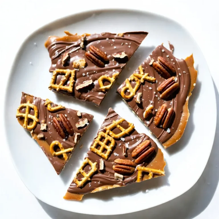 To make Chocolate Caramel Pretzel Bark, gather these simple ingredients: - 2 cups pretzel twists - 1 cup semi-sweet chocolate chips - 1 cup caramels, unwrapped - 1/4 cup heavy cream - 1/2 teaspoon sea salt - 1/4 cup chopped pecans or peanuts (optional) You can easily swap ingredients to fit your taste. Here are some ideas: - Use milk chocolate chips instead of semi-sweet for a sweeter bark. - Swap caramels for toffee bits for a different flavor. - Try almond milk or coconut cream in place of heavy cream for a lighter option. - If you don’t like pecans, use walnuts or leave them out entirely. Choosing the best ingredients makes a big difference. Here’s what I suggest: - Pick pretzels that are fresh. Look for a crispy crunch. - Use high-quality chocolate chips. They melt better and taste richer. - Choose soft, chewy caramels. They will blend well with the cream. - Use coarse sea salt for a nice finish. It adds a great contrast to the sweet flavors. With these tips, you’ll create a delicious treat that everyone will love. {{ingredient_image_1}} Start by preheating your oven to 350°F (175°C). Line a baking sheet with parchment paper. Take 2 cups of pretzel twists and spread them on the sheet in a single layer. Bake them for 5-7 minutes. You want them warm and a bit crisp. When done, remove them from the oven and let them cool slightly. In a medium saucepan, add 1 cup of unwrapped caramels and 1/4 cup of heavy cream. Heat over low heat. Stir the mix until it is smooth. This step is key for a creamy texture. Once it’s ready, take it off the heat. You will pour this over the pretzels soon! Grab a microwave-safe bowl and add 1 cup of semi-sweet chocolate chips. Heat them in 30-second intervals. Stir after each interval until melted and smooth. This part is fun! Once melted, drizzle the chocolate over the caramel pretzel layer. Use a spatula or the back of a spoon to spread it evenly. If you want to add a crunch, sprinkle 1/4 cup of chopped pecans or peanuts on top. Then, add a pinch of sea salt over the entire bark. This will enhance the flavor. Now, refrigerate the bark for about 1-2 hours. Once it sets, you can break it into pieces and serve. Enjoy this crunchy sweet treat! Melting chocolate can be tricky. I find that using a microwave works well. Heat semi-sweet chocolate chips in 30-second bursts. Stir the chocolate after each burst. This keeps it from burning. You want smooth, creamy chocolate. If it’s too thick, add a teaspoon of vegetable oil. This will help with the texture. Even layering makes your bark look great. Start with warm pretzels on the baking sheet. Pour the caramel slowly over the pretzels. Use a spatula to spread it out. Make sure it covers all the pretzels. When you drizzle chocolate, do it gently. Use the back of a spoon for a smooth finish. Try to cover the caramel fully for a neat look. Toppings can take your bark to the next level. I love adding chopped pecans or peanuts. They give a nice crunch and extra flavor. You can also try sea salt to balance the sweetness. If you want a fun twist, add sprinkles or shredded coconut. Get creative! Each topping adds a new taste to your bark. Pro Tips Use Fresh Ingredients: Ensure your pretzels, caramels, and chocolate chips are fresh for the best flavor and texture. Adjust Salt to Taste: The sea salt enhances the sweetness, so feel free to adjust the amount based on your preference. Chill for Perfect Texture: Refrigerating the bark is crucial for a firm texture that makes it easy to break into pieces. Experiment with Toppings: Get creative by adding different nuts, or even sprinkles, to customize your bark! {{image_2}} If you want a nut-free version, skip the pecans or peanuts. You can substitute them with more pretzels or add seeds. Try sunflower seeds or pumpkin seeds for a fun crunch. These options keep the bark tasty and safe for those with nut allergies. To make your bark stand out, add unique flavors. Consider lavender or rose petals for a floral hint. You can also sprinkle cinnamon or nutmeg on top. This adds warmth and depth. Experiment with what you like best. These twists will surprise your taste buds! You can use various chocolates for your bark. Dark chocolate gives a rich taste while milk chocolate is sweet and creamy. For a fun twist, try white chocolate or a mix of different chocolates. Each choice brings its flavor and texture. Don't be afraid to mix and match! To store your Chocolate Caramel Pretzel Bark, place it in an airtight container. Use parchment paper between layers to avoid sticking. This keeps the bark fresh and easy to serve. When stored properly, this bark lasts about two weeks. After that, it may lose its crunch and flavor. If you want to enjoy it longer, consider freezing it. To keep your bark fresh, avoid heat and moisture. Store it in a cool, dry place. If you live in a humid area, the fridge works too. Just remember to wrap it well to prevent moisture from getting in. Yes, you can use different types of pretzels. Stick pretzels work well too. You can even try chocolate-covered pretzels for a fun twist. Each type will change the taste and texture a bit. Experiment and see what you like best! It takes about 1 to 2 hours for the bark to set. Make sure to refrigerate it for the best results. The colder temperature helps the chocolate and caramel harden properly. You can check it after an hour to see if it’s ready. Yes, you can make this bark ahead of time. It keeps well in the fridge for several days. Just store it in an airtight container. This makes it a great treat for parties or snack time later. Yes, you can create a vegan version. Use dairy-free chocolate chips and a vegan caramel alternative. Check labels to ensure all ingredients are vegan-friendly. This allows everyone to enjoy this tasty treat! You now have all the tools to make Chocolate Caramel Pretzel Bark. We covered the best ingredients, tips for prep, and step-by-step instructions. Don't forget the variations to try. This treat is easy to store and lasts well, making it great for sharing. You can even customize it to fit your taste. Start making it today and enjoy every bite!