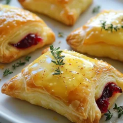 - 1 package (8 oz) refrigerated crescent roll dough - 1 cup brie cheese, cut into small cubes - 1 cup cranberry sauce (homemade or store-bought) - 1 tablespoon honey - 1 teaspoon fresh thyme leaves - Sea salt for sprinkling - Baking sheet - Parchment paper - Mixing bowl To make delicious Cranberry Brie Crescent Bites, you'll need some simple ingredients. First, grab a package of refrigerated crescent roll dough. This dough gives the bites their flaky texture. Next, you need brie cheese. Cut it into small cubes for easy filling. You'll also want cranberry sauce, which can be homemade or store-bought. This sauce adds a sweet and tart flavor. Lastly, honey will enhance the taste with its sweetness. For extra flavor, consider adding fresh thyme leaves. They bring a nice herb taste that pairs well with the cheese. A sprinkle of sea salt on top boosts the flavors even more. To prepare, gather your equipment. You will need a baking sheet to hold your bites while they bake. Line it with parchment paper for easy cleanup. A mixing bowl will help you combine any optional ingredients, like thyme. With these ingredients and tools, you are ready to create a tasty holiday appetizer that everyone will love! {{ingredient_image_1}} First, set your oven to 375&deg;F (190&deg;C). This is the perfect temperature for golden bites. While the oven heats, grab a baking sheet and line it with parchment paper. This will stop the bites from sticking and make clean-up easy. Next, open your package of refrigerated crescent roll dough. Carefully unroll it on a clean surface. You will see that the dough is made of triangles. Separate each triangle gently. This step is quick and simple. Now it&rsquo;s time to fill the rolls. Take a triangle and place a small cube of brie cheese at the wide end. On top of the cheese, add a teaspoon of cranberry sauce. Drizzle a bit of honey over the sauce for a touch of sweetness. If you like, sprinkle fresh thyme leaves on top. This adds great flavor. Starting at the wide end, roll the triangle up toward the point. Make sure the filling stays tucked inside as you roll. Arrange the rolled bites on your prepared baking sheet. Take a beaten egg and brush it on top of each bite. This will give them a nice shine. Then, sprinkle a pinch of sea salt over each one. Bake them in your preheated oven for 12-15 minutes. Look for a golden brown color and puffiness. Once done, remove them and let them cool for a few moments before serving. To ensure the cheese melts properly, use small cubes of brie. This helps the cheese melt evenly. If you want a richer taste, let the brie sit at room temperature for 15 minutes before using. This step helps it soften even more. Be sure to tuck the filling well inside the crescent roll. This prevents any cheese from leaking out as they bake. You can easily customize the flavor of these bites. Try adding a sprinkle of cinnamon or nutmeg to the cranberry sauce for warmth. If you like a little heat, add a pinch of red pepper flakes. You can also swap the honey for maple syrup for a different sweetness. Consider using different herbs, like rosemary or basil, for unique twists. For serving, place the bites on a festive platter. Add some fresh herbs around them for color. A drizzle of honey or balsamic glaze over the bites can make them look fancy. You might also consider serving them with a side of extra cranberry sauce for dipping. This adds a fun touch and extra flavor. Pro Tips Use Cold Brie: For easier handling, ensure the brie is chilled before cutting it into cubes. Customize the Filling: Feel free to experiment with other fruit preserves or nuts to personalize the flavor. Watch the Baking Time: Oven times may vary, so keep an eye on the bites to prevent over-browning. Serve with a Garnish: A sprig of thyme on top adds a beautiful presentation and enhances flavor. {{image_2}} You can swap brie for many other cheeses. Creamy goat cheese works well. It adds a tangy taste. You might also try sharp cheddar for a bolder flavor. Camembert is another nice choice. It has a similar texture to brie. Each cheese gives a unique twist to the bites. Cranberry sauce is sweet and tart, but you can change it up. Try using raspberry or apricot preserves. These fruit preserves add a fruity zing. You could even use apple butter for a cozy taste. Each swap brings a new layer of flavor to your bites. Explore different options to find your favorite. Making a vegan version is easy and fun. Use plant-based cheese instead of brie. Many brands offer tasty vegan cheese options. Replace honey with maple syrup or agave nectar. These substitutes keep the sweetness without animal products. Your guests won&rsquo;t even miss the dairy! After enjoying your Cranberry Brie Crescent Bites, store any leftovers in the fridge. Use an airtight container to keep them fresh. They will taste best if eaten within three days. When you are ready to eat them again, reheat in the oven. Set your oven to 350&deg;F (175&deg;C) and bake for about 10 minutes. This will help them regain their crispy texture. To freeze these bites, allow them to cool completely. Place them in a single layer on a baking sheet and freeze for about an hour. Once frozen, transfer them to a freezer-safe bag. Be sure to push out any extra air before sealing. When you want to enjoy them, thaw them overnight in the fridge. Reheat them in the oven until warm and crispy. Cranberry Brie Crescent Bites can stay fresh in the fridge for up to three days. If you freeze them, they can last for about two months. Always check for any signs of spoilage before eating. Enjoy your bites while they are still tasty! Yes, you can prepare these bites before your guests arrive. Assemble them and store them in the fridge. Just cover them with plastic wrap to keep them fresh. Bake them right before serving. If you want to prep even more, you can make the filling a day ahead. Just store it in the fridge, and it will be ready when you are. These bites pair well with many dishes and drinks. You might try serving them with a light salad. A mixed greens salad with a simple vinaigrette works great. For drinks, a sparkling wine or apple cider complements the flavors nicely. You could also serve these bites with a cheese board for a fun spread. Yes, you can make these bites gluten-free! Look for gluten-free crescent roll dough at your local store. Brands like Pillsbury offer gluten-free options. Just follow the same steps as the regular dough. The taste and texture will still be delicious! This blog post covered how to make delicious Cranberry Brie Crescent Bites. You learned about the main ingredients like crescent roll dough, brie, and cranberry sauce. I shared step-by-step instructions, tips for perfect bites, and variations to try. Remember, these bites can be customized to fit any taste. Whether you stick with the classic or try new flavors, you&rsquo;ll impress everyone. Enjoy making these tasty treats that are perfect for any occasion!