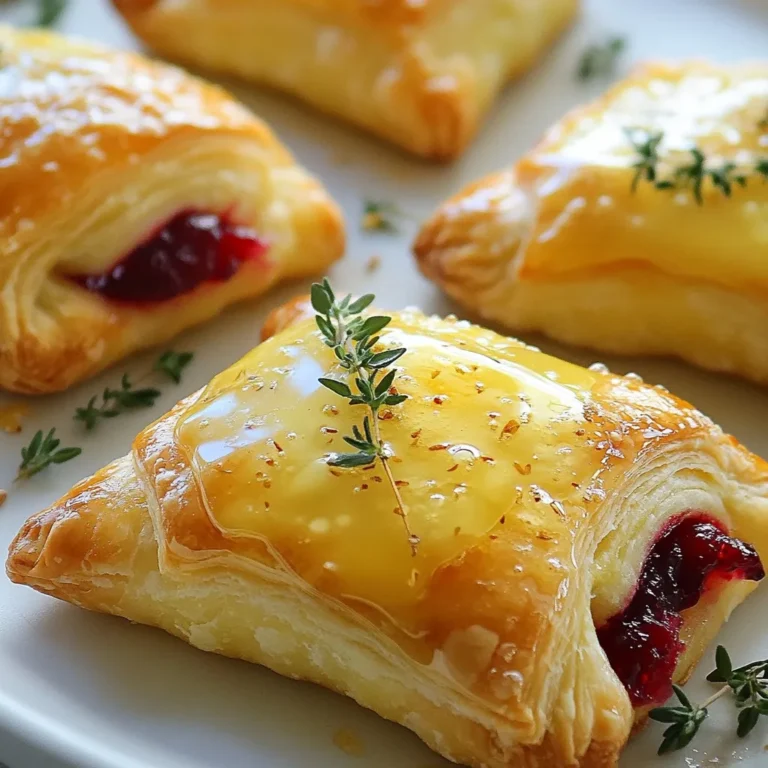 - 1 package (8 oz) refrigerated crescent roll dough - 1 cup brie cheese, cut into small cubes - 1 cup cranberry sauce (homemade or store-bought) - 1 tablespoon honey - 1 teaspoon fresh thyme leaves - Sea salt for sprinkling - Baking sheet - Parchment paper - Mixing bowl To make delicious Cranberry Brie Crescent Bites, you'll need some simple ingredients. First, grab a package of refrigerated crescent roll dough. This dough gives the bites their flaky texture. Next, you need brie cheese. Cut it into small cubes for easy filling. You'll also want cranberry sauce, which can be homemade or store-bought. This sauce adds a sweet and tart flavor. Lastly, honey will enhance the taste with its sweetness. For extra flavor, consider adding fresh thyme leaves. They bring a nice herb taste that pairs well with the cheese. A sprinkle of sea salt on top boosts the flavors even more. To prepare, gather your equipment. You will need a baking sheet to hold your bites while they bake. Line it with parchment paper for easy cleanup. A mixing bowl will help you combine any optional ingredients, like thyme. With these ingredients and tools, you are ready to create a tasty holiday appetizer that everyone will love! {{ingredient_image_1}} First, set your oven to 375°F (190°C). This is the perfect temperature for golden bites. While the oven heats, grab a baking sheet and line it with parchment paper. This will stop the bites from sticking and make clean-up easy. Next, open your package of refrigerated crescent roll dough. Carefully unroll it on a clean surface. You will see that the dough is made of triangles. Separate each triangle gently. This step is quick and simple. Now it’s time to fill the rolls. Take a triangle and place a small cube of brie cheese at the wide end. On top of the cheese, add a teaspoon of cranberry sauce. Drizzle a bit of honey over the sauce for a touch of sweetness. If you like, sprinkle fresh thyme leaves on top. This adds great flavor. Starting at the wide end, roll the triangle up toward the point. Make sure the filling stays tucked inside as you roll. Arrange the rolled bites on your prepared baking sheet. Take a beaten egg and brush it on top of each bite. This will give them a nice shine. Then, sprinkle a pinch of sea salt over each one. Bake them in your preheated oven for 12-15 minutes. Look for a golden brown color and puffiness. Once done, remove them and let them cool for a few moments before serving. To ensure the cheese melts properly, use small cubes of brie. This helps the cheese melt evenly. If you want a richer taste, let the brie sit at room temperature for 15 minutes before using. This step helps it soften even more. Be sure to tuck the filling well inside the crescent roll. This prevents any cheese from leaking out as they bake. You can easily customize the flavor of these bites. Try adding a sprinkle of cinnamon or nutmeg to the cranberry sauce for warmth. If you like a little heat, add a pinch of red pepper flakes. You can also swap the honey for maple syrup for a different sweetness. Consider using different herbs, like rosemary or basil, for unique twists. For serving, place the bites on a festive platter. Add some fresh herbs around them for color. A drizzle of honey or balsamic glaze over the bites can make them look fancy. You might also consider serving them with a side of extra cranberry sauce for dipping. This adds a fun touch and extra flavor. Pro Tips Use Cold Brie: For easier handling, ensure the brie is chilled before cutting it into cubes. Customize the Filling: Feel free to experiment with other fruit preserves or nuts to personalize the flavor. Watch the Baking Time: Oven times may vary, so keep an eye on the bites to prevent over-browning. Serve with a Garnish: A sprig of thyme on top adds a beautiful presentation and enhances flavor. {{image_2}} You can swap brie for many other cheeses. Creamy goat cheese works well. It adds a tangy taste. You might also try sharp cheddar for a bolder flavor. Camembert is another nice choice. It has a similar texture to brie. Each cheese gives a unique twist to the bites. Cranberry sauce is sweet and tart, but you can change it up. Try using raspberry or apricot preserves. These fruit preserves add a fruity zing. You could even use apple butter for a cozy taste. Each swap brings a new layer of flavor to your bites. Explore different options to find your favorite. Making a vegan version is easy and fun. Use plant-based cheese instead of brie. Many brands offer tasty vegan cheese options. Replace honey with maple syrup or agave nectar. These substitutes keep the sweetness without animal products. Your guests won’t even miss the dairy! After enjoying your Cranberry Brie Crescent Bites, store any leftovers in the fridge. Use an airtight container to keep them fresh. They will taste best if eaten within three days. When you are ready to eat them again, reheat in the oven. Set your oven to 350°F (175°C) and bake for about 10 minutes. This will help them regain their crispy texture. To freeze these bites, allow them to cool completely. Place them in a single layer on a baking sheet and freeze for about an hour. Once frozen, transfer them to a freezer-safe bag. Be sure to push out any extra air before sealing. When you want to enjoy them, thaw them overnight in the fridge. Reheat them in the oven until warm and crispy. Cranberry Brie Crescent Bites can stay fresh in the fridge for up to three days. If you freeze them, they can last for about two months. Always check for any signs of spoilage before eating. Enjoy your bites while they are still tasty! Yes, you can prepare these bites before your guests arrive. Assemble them and store them in the fridge. Just cover them with plastic wrap to keep them fresh. Bake them right before serving. If you want to prep even more, you can make the filling a day ahead. Just store it in the fridge, and it will be ready when you are. These bites pair well with many dishes and drinks. You might try serving them with a light salad. A mixed greens salad with a simple vinaigrette works great. For drinks, a sparkling wine or apple cider complements the flavors nicely. You could also serve these bites with a cheese board for a fun spread. Yes, you can make these bites gluten-free! Look for gluten-free crescent roll dough at your local store. Brands like Pillsbury offer gluten-free options. Just follow the same steps as the regular dough. The taste and texture will still be delicious! This blog post covered how to make delicious Cranberry Brie Crescent Bites. You learned about the main ingredients like crescent roll dough, brie, and cranberry sauce. I shared step-by-step instructions, tips for perfect bites, and variations to try. Remember, these bites can be customized to fit any taste. Whether you stick with the classic or try new flavors, you’ll impress everyone. Enjoy making these tasty treats that are perfect for any occasion!