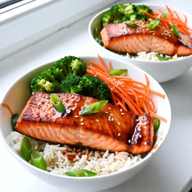 - 2 salmon fillets - 1 cup jasmine rice - 2 cups vegetable broth or water - 1/4 cup soy sauce - 2 tablespoons honey or maple syrup - 1 tablespoon rice vinegar - 1 teaspoon grated ginger - 2 cloves garlic, minced - 1 tablespoon sesame oil - 1 cup broccoli florets - 1 carrot, julienned - 2 green onions, sliced - Sesame seeds for garnish - Salt and pepper to taste Gather these ingredients before you start cooking. Fresh salmon is key for a great flavor. Jasmine rice gives a nice aroma and pairs well with the sauce. Vegetable broth adds extra taste to the rice. The teriyaki sauce is simple yet powerful. Soy sauce brings saltiness, while honey or maple syrup adds sweetness. Rice vinegar adds a bit of tang. Grated ginger and minced garlic give it depth. For toppings, broccoli and carrots add color and crunch. Green onions brighten the dish and sesame seeds offer a nice finishing touch. Each ingredient plays a role in making this meal tasty and satisfying. {{ingredient_image_1}} To start, rinse your jasmine rice under cold water. Keep rinsing until the water runs clear. This step removes extra starch. It helps the rice stay fluffy. Next, combine the rinsed rice with 2 cups of water or vegetable broth in a medium saucepan. Bring it to a boil. Once boiling, reduce the heat. Cover the pot and simmer for about 15 minutes. The rice is ready when it’s tender and the liquid is absorbed. Finally, fluff the rice with a fork. While the rice cooks, let’s make the teriyaki sauce. In a small bowl, whisk together the following ingredients: - 1/4 cup soy sauce - 2 tablespoons honey or maple syrup - 1 tablespoon rice vinegar - 1 teaspoon grated ginger - 2 cloves garlic, minced Once mixed, set the sauce aside for later use. This sauce will add a sweet and savory flavor to your dish. Now, heat sesame oil in a skillet over medium heat. Season your salmon fillets with salt and pepper. Place the fillets in the skillet, skin-side down. Cook for about 4 to 5 minutes. You want the skin to be crispy. Carefully flip the salmon and pour the teriyaki sauce over it. Let it cook for another 3 to 4 minutes. Baste the salmon occasionally with the sauce. It should reach an internal temperature of 145°F when done. In the same skillet, add your broccoli florets and julienned carrots to the remaining teriyaki sauce. Cook for about 3 to 4 minutes. You want the veggies to be tender yet vibrant. This will give your bowl a nice crunch and color. To put your bowls together, start with a generous scoop of fluffy jasmine rice at the bottom. Layer your teriyaki salmon on top. Next, add the cooked broccoli and carrots. Finish with a sprinkle of sliced green onions and sesame seeds. This adds flavor and a nice crunch to your meal. Enjoy your colorful and tasty teriyaki salmon rice bowls! To get crispy skin on your salmon, start with dry fillets. Pat them with a paper towel. This helps the skin crisp up nicely. Heat the skillet before adding the salmon. Use medium heat and place the salmon skin-side down. Cook for about 4–5 minutes without moving it. This gives the skin a great crunch. To ensure your salmon is cooked through, check the internal temperature. It should reach 145°F. If you don’t have a thermometer, look for the flesh to turn opaque and flake easily with a fork. Flip the salmon only once to keep it moist and tender. You can try different sweeteners in your teriyaki sauce. Honey and maple syrup work well, but you can also use agave syrup or brown sugar. Each sweetener gives a unique taste to the sauce. Adding spices can also boost the flavor. Consider using red pepper flakes for heat or sesame seeds for crunch. A hint of black pepper or five-spice powder can add depth. Mix and match to find your favorite flavor! Pair your teriyaki salmon rice bowl with side dishes like edamame or a simple salad. A light cucumber salad adds a nice crunch. You can also serve it with pickled vegetables for extra zing. For presentation, use a wide, shallow bowl. Start with rice, then carefully add the salmon on top. Arrange colorful veggies around the salmon. Finish with a sprinkle of green onions and sesame seeds. This makes your bowl look as good as it tastes. Pro Tips Fresh Salmon is Best: Opt for wild-caught salmon if possible for superior flavor and texture. Rinse Your Rice: Rinsing jasmine rice removes excess starch, resulting in fluffier cooked rice. Adjust the Sauce: Feel free to tweak the teriyaki sauce ingredients to suit your taste; add more honey for sweetness or soy sauce for saltiness. Don’t Overcook the Vegetables: Keep your broccoli and carrots slightly crisp for the best texture and color. {{image_2}} You can switch out salmon for chicken or tofu. Chicken thighs or breasts work well. Just follow the same cooking steps. For tofu, press it first to remove excess water. Then, cut it into cubes and cook it in the sesame oil until golden. Vegetarian-friendly options are great too. Try using tempeh or chickpeas. Both soak up flavors well. They will make your teriyaki bowls tasty and filling. While jasmine rice is soft and fragrant, you can use brown rice for a nutty flavor. Brown rice takes longer to cook, so adjust your time. Alternatively, cauliflower rice is a low-carb choice. It cooks quickly and adds a light texture. Feel free to mix and match rice types based on your diet. Each option brings its own charm to the dish. You can add different vegetables to your bowl. Snow peas, bell peppers, or snap peas are great options. They add color and crunch. If fresh veggies aren't available, frozen ones work too. Just toss them in the skillet for a few extra minutes. They heat up nicely and maintain their nutrients. To keep your teriyaki salmon rice bowls fresh, use airtight containers. Glass containers work well, as they don’t absorb odors. Store the salmon, rice, and veggies in separate sections. This helps maintain their textures. Refrigerate the leftovers within two hours of cooking. They will stay good for up to three days. For reheating, the microwave is quick. Place the rice and salmon in a bowl. Add a splash of water to the rice to keep it moist. Cover it with a damp paper towel. Heat in short bursts of 30 seconds, stirring in between. Alternatively, you can use a skillet. Heat it on low and add a bit of oil. This helps keep the salmon crispy. Yes, you can freeze teriyaki salmon! Wrap the salmon tightly in plastic wrap and then in foil. This prevents freezer burn. For the rice, let it cool completely. Portion it into freezer bags and remove as much air as possible. For the sauce, use small containers or ice cube trays. This makes it easy to thaw just what you need later. To make a quick teriyaki sauce, follow this simple recipe: - 1/4 cup soy sauce - 2 tablespoons honey or maple syrup - 1 tablespoon rice vinegar - 1 teaspoon grated ginger - 2 cloves garlic, minced Mix all the ingredients in a bowl. Whisk until smooth. This sauce is sweet and savory, perfect for salmon. Yes, you can prepare teriyaki salmon in advance. Here are some best practices: - Cook the salmon and let it cool. - Store in an airtight container in the fridge. - Reheat gently when ready to eat. I recommend consuming it within three days for the best taste. Pair your teriyaki salmon rice bowl with these tasty options: - Steamed edamame - Miso soup - Cucumber salad - Green tea These sides balance the meal and add freshness. Teriyaki salmon is healthy for many reasons: - Salmon is rich in omega-3 fatty acids. - It supports heart health and brain function. - Broccoli and carrots provide vitamins and minerals. This dish is a nutritious choice for a balanced meal. In this article, we explored how to make a delicious teriyaki salmon rice bowl. We covered the key ingredients like salmon, jasmine rice, and a simple teriyaki sauce. I detailed how to cook the rice and salmon perfectly while adding tasty vegetables. You also learned tips to elevate your dish and variations to fit your needs. For a healthy meal with rich flavors, this rice bowl hits the mark. Enjoy your cooking, and feel free to get creative with it!