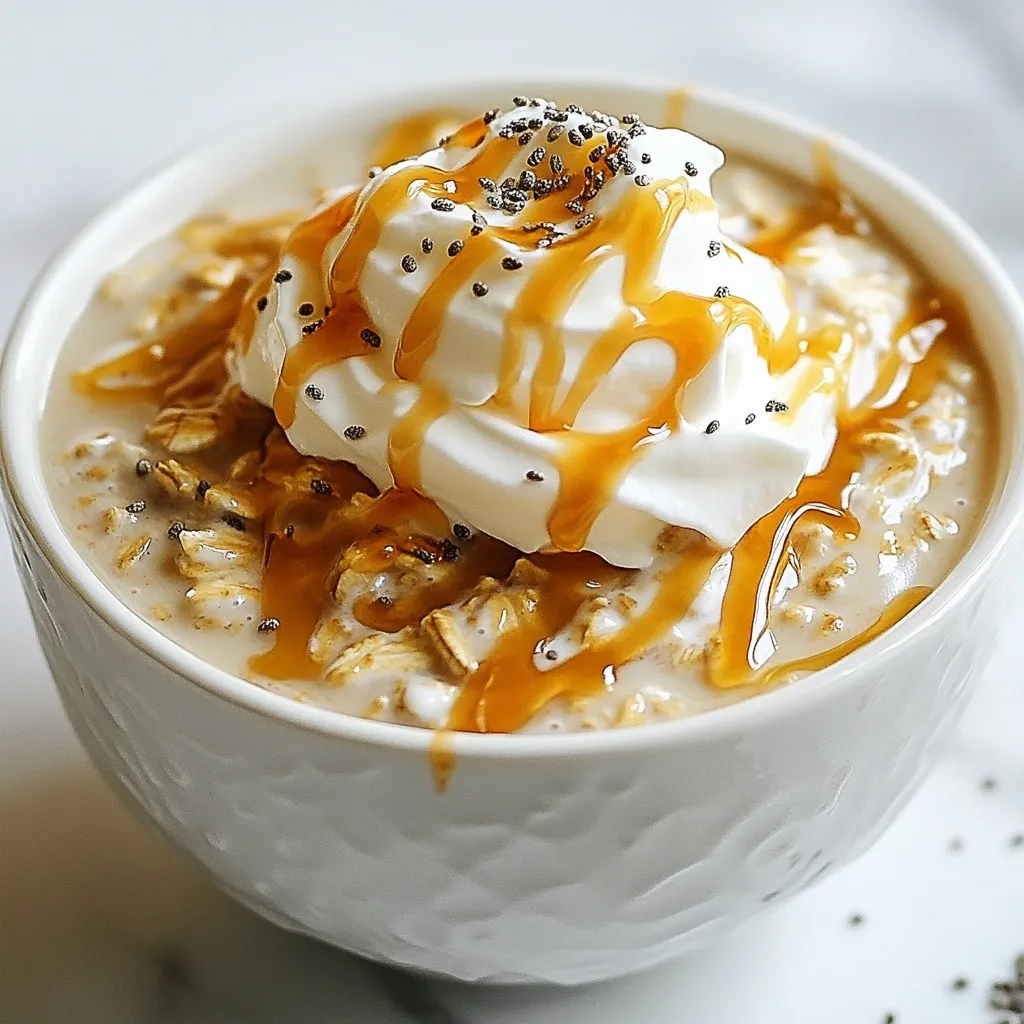 To make caramel macchiato overnight oats, you need quality ingredients. Start with 1 cup of rolled oats. This gives your oats a great base. For the liquid, use 1 ½ cups of almond milk or any milk you prefer. The milk makes the oats soft and creamy. Next, add some sweeteners and flavors. Use 1 teaspoon of vanilla extract for a nice aroma. For sweetness, add 1 tablespoon of maple syrup or honey. Both options work well. To bring that coffee taste, add 1 tablespoon of brewed coffee, cooled. Finally, you’ll need 2 tablespoons of caramel sauce to give that rich, sweet flavor. You can make your oats even better with some toppings. For extra texture, include 1 tablespoon of chia seeds. This is optional but tasty. To top it all off, consider using whipped cream and a drizzle of more caramel sauce. These add both flavor and a beautiful look. Enjoy customizing your breakfast! {{ingredient_image_1}} To start, grab a medium bowl or jar. Measure 1 cup of rolled oats and add it. Pour in 1 ½ cups of almond milk, or any milk you like. Add 1 teaspoon of vanilla extract for flavor. Then, mix in 1 tablespoon of maple syrup or honey. This adds sweetness. Next, add 1 tablespoon of cooled brewed coffee. This gives a nice coffee kick. If you want, add 1 tablespoon of chia seeds for texture. Finally, sprinkle in a pinch of salt to balance the flavors. Stir everything well until it blends smoothly. Now, it’s time for the caramel! Add 2 tablespoons of caramel sauce to the oat mixture. Stir it gently, but leave some swirls of caramel. This makes it look pretty and adds bursts of flavor. You can use store-bought caramel or make your own if you prefer. The caramel adds a sweet, rich taste that pairs perfectly with coffee. Cover your bowl or jar tightly with a lid or plastic wrap. Place it in the fridge overnight. If you're short on time, you can chill it for at least 4 hours. This waiting time lets the oats soak up the milk. They will soften and become creamy. In the morning, give your oats a good stir. If they seem too thick, add a splash of milk to loosen them up. Now, you’re ready to enjoy! You can easily change the sweetness of your caramel macchiato overnight oats. Start with the basic recipe using one tablespoon of maple syrup. If you like it sweeter, add more syrup or use honey. You can also try a sugar substitute if you want fewer calories. Taste the mix before chilling to find your perfect balance. Texture matters in overnight oats. If you want creamier oats, increase the almond milk. If you like it thicker, add more oats or chia seeds. Chia seeds also help add a nice crunch. After chilling, if the oats seem too thick, stir in some extra milk to get your desired consistency. Store your overnight oats in a jar or airtight container. This keeps them fresh and ready for breakfast. They last for up to five days in the fridge. If you want to make a batch for the week, prepare them all at once. Just save the toppings, like whipped cream and caramel sauce, for the day you eat them. Pro Tips Soak for Perfection: Allow the oats to soak overnight for the best texture. This will help them become creamy and flavorful, enhancing your morning experience. Coffee Choices: Use your favorite brewed coffee for a personal touch. Experiment with different blends or flavors to tailor the taste to your preference. Chia Seed Benefits: Adding chia seeds not only gives a pleasant texture but also boosts the nutritional value of your oats, offering added fiber and omega-3 fatty acids. Caramel Swirls: When mixing in the caramel, leave some swirls for a visually appealing presentation. It makes your overnight oats look as good as they taste! {{image_2}} You can easily make this recipe dairy-free and vegan. Use almond milk or oat milk instead of regular milk. Check your caramel sauce, too. Some brands offer vegan versions. This way, you enjoy a creamy treat without dairy. You still get that rich flavor. If you want to spice things up, add chocolate or nut butter. Mix in a tablespoon of cocoa powder for a chocolate version. Or, try a scoop of peanut or almond butter for a nutty twist. These flavors pair well with the caramel. They add a new layer of taste and creaminess. Adding nuts and fruits can boost nutrition and flavor. Chopped nuts like walnuts or almonds give a nice crunch. Fresh fruits like bananas or berries add sweetness. You can mix them in or use them as a topping. This lets you create a fun and tasty blend. Plus, it makes your oats look pretty! You can store your caramel macchiato overnight oats in the fridge for up to five days. This makes them perfect for meal prep. Just keep them in an airtight container. I like to use jars for easy serving. The oats will stay fresh and tasty. To meal prep, make a few jars at once. I suggest using a simple assembly line. First, mix all the dry ingredients in each jar. Next, add the liquids. This saves time and ensures you have breakfast ready to go. When you’re ready to eat, just stir and enjoy! If you want to keep your oats longer, freezing is a great option. Just fill your jars, but leave some space at the top. The oats will expand as they freeze. You can thaw them in the fridge overnight. When you’re ready, give them a quick stir. They’ll be just as delicious as fresh! Yes, you can prepare these oats a day or two ahead of time. Just mix all the ingredients and store them in the fridge. This way, you save time in the morning. The oats will soak up the liquid and become creamy. It’s perfect for busy mornings when you need a quick breakfast. To lower the calories, try using less caramel sauce. You can also swap maple syrup for a low-calorie sweetener. Use unsweetened almond milk instead of regular milk for fewer calories. Another tip is to skip the whipped cream on top. These small changes can make your oats lighter without losing flavor. If you don't have caramel sauce, you can use maple syrup instead. It adds a nice sweetness. Honey is another option; it gives a different but tasty flavor. For a fun twist, try using chocolate syrup or a nut butter. Each option gives a unique taste to your overnight oats. In this blog post, we explored how to make delicious overnight oats. We covered essential ingredients like rolled oats and liquid, sweeteners, and flavorings. You learned step-by-step methods for preparing and incorporating flavors, along with tips for customization and storage. Remember, overnight oats are versatile and can be tailored to your taste. Feel free to experiment with different toppings and add-ins. Enjoy making your own tasty creations and discover what surprises they bring!