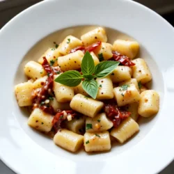 To make creamy sun-dried tomato gnocchi, you need the following: - 1 pound gnocchi (store-bought or homemade) - 1 cup sun-dried tomatoes packed in oil, drained and chopped - 2 cups heavy cream - 1 cup grated Parmesan cheese - 3 cloves garlic, minced - 1 teaspoon dried basil - 1 teaspoon dried oregano - Salt and pepper to taste - Fresh basil leaves for garnish - 2 tablespoons olive oil If you want to switch things up, here are some great swaps: - Use cashew cream instead of heavy cream for a lighter option. - Try feta cheese instead of Parmesan for a tangy kick. - Use fresh tomatoes instead of sun-dried for a fresh burst of flavor. - Swap dried herbs with fresh ones if you have them on hand. Using fresh ingredients makes a big difference in taste. Fresh garlic packs more flavor than the dried stuff. Fresh basil adds a bright note that dried herbs can't match. Plus, fresh gnocchi is often softer and tastier than the packaged kind. Fresh ingredients help you create a dish that is not just good but truly delightful. Enjoying fresh flavors makes every bite special. {{ingredient_image_1}} First, boil water in a large pot. Add salt to the water. This adds flavor. Once it's boiling, add the gnocchi. Cook them until they float to the top. This takes about 2-3 minutes. Floating means they are done. Drain the gnocchi and set them aside for now. Next, heat olive oil in a large skillet over medium heat. Once the oil is hot, add minced garlic. Saut&eacute; it for about one minute. You want it fragrant but not burnt. Then, add the chopped sun-dried tomatoes, dried basil, and oregano. Stir and cook this for another 2 minutes. This lets the flavors mix well. Now, pour in the heavy cream and let it simmer. Lower the heat and add grated Parmesan cheese. Stir continuously until the cheese melts. If the sauce is too thick, add a splash of pasta water. This keeps the sauce creamy and smooth. Finally, add the cooked gnocchi to the skillet. Toss them gently in the creamy sauce until they are fully coated. Season with salt and pepper to taste. Once everything looks delicious, divide the gnocchi onto plates. Garnish with fresh basil leaves and a sprinkle of Parmesan. Enjoy your creamy sun-dried tomato gnocchi! When making creamy sun-dried tomato gnocchi, watch out for a few common slip-ups. First, don&rsquo;t overcook the gnocchi. They should float in boiling water for only 2-3 minutes. If you leave them too long, they&rsquo;ll turn mushy. Second, be careful with the garlic. Saut&eacute; it until fragrant, but don&rsquo;t let it burn. Burnt garlic can make your dish taste bitter. Lastly, when mixing the gnocchi with the sauce, stir gently. This way, you won&rsquo;t break the soft gnocchi. To make the flavors pop, add a bit of fresh lemon juice. A squeeze at the end brightens the dish. You can also toss in some red pepper flakes for heat. This adds a nice kick without overwhelming the dish. Don&rsquo;t forget fresh basil leaves as a garnish. They add color and a burst of freshness. If you want a richer taste, try using aged Parmesan cheese. Its deeper flavor will elevate your creamy sauce. Serve your creamy sun-dried tomato gnocchi hot, right from the pan. It looks stunning on a white plate, garnished with basil. Pair it with a simple green salad for a fresh crunch. A crisp side of garlic bread is great too, perfect for soaking up extra sauce. For a drink, a light white wine like Pinot Grigio complements the dish well. This way, you create a lovely balance of flavors that makes each bite delightful. Pro Tips Use Quality Ingredients: Opt for high-quality sun-dried tomatoes and fresh Parmesan cheese for a richer flavor in your sauce. Don't Overcook the Gnocchi: Gnocchi should be cooked just until they float in the boiling water to maintain a soft texture. Customize the Creaminess: Adjust the amount of heavy cream based on your preference for a lighter or richer sauce. Garnish for Freshness: Always garnish with fresh basil just before serving for a burst of color and flavor. {{image_2}} You can add protein to your creamy sun-dried tomato gnocchi in many ways. Chicken is a great choice. Simply cook diced chicken breast in the skillet before adding garlic. Cook it until it&rsquo;s golden brown. Shrimp is another tasty option. Saut&eacute; shrimp in olive oil until pink and tender. For a heartier meal, consider adding crispy bacon or sausage. Just cook them first, then mix them into the dish. This makes your meal more filling and flavorful. If you want a vegetarian version, skip the meat and add more veggies. Spinach or kale adds great color and nutrition. You can also use mushrooms for a hearty texture. For a vegan option, swap heavy cream with coconut cream or a cashew cream. Use vegan Parmesan cheese to keep the flavor. This way, you still enjoy a rich taste without animal products. Seasonal veggies can make your gnocchi even better. In spring, try adding asparagus or peas for fresh flavor. Summer is perfect for zucchini or bell peppers. In fall, add roasted butternut squash or mushrooms. Winter calls for hearty greens like Swiss chard or Brussels sprouts. Just saut&eacute; them with garlic before adding to the sauce. This keeps your dish exciting and full of seasonal goodness. Store your creamy sun-dried tomato gnocchi in an airtight container. Let it cool to room temperature first. Then, place it in the fridge. It stays fresh for about three days. If you want to keep it longer, freezing is a great option. When it's time to enjoy your leftovers, use a skillet. Heat it over medium heat. Add a splash of cream or water to keep it moist. Stir the gnocchi gently to warm it up. You can also use the microwave. Just cover it to avoid drying out. Heat in short bursts, checking often. To freeze, pack the gnocchi tightly in a freezer-safe container. Separate layers with parchment paper. It can last up to three months in the freezer. When ready to eat, thaw it overnight in the fridge. Then reheat it as mentioned. This keeps the flavors intact. Yes, you can! To make creamy sun-dried tomato gnocchi gluten-free, use gluten-free gnocchi. Many brands offer gluten-free options made from potato, rice, or a blend of flours. Check the label to ensure it fits your needs. The rest of the ingredients, like cream and sun-dried tomatoes, are naturally gluten-free. This way, everyone can enjoy this tasty dish. Making gnocchi from scratch is simple and fun. Here&rsquo;s how: 1. Gather Ingredients: You need 2 pounds of russet potatoes, 1 cup of all-purpose flour, and 1 egg. 2. Cook Potatoes: Boil the potatoes in their skins until tender. This takes about 30 minutes. 3. Mash: Peel the potatoes and mash them until smooth. 4. Mix: In a bowl, combine the mashed potatoes, flour, and egg. Form a dough. 5. Shape: Divide the dough into small pieces. Roll each piece into a rope and cut into small pieces. 6. Indent: Use a fork to create ridges on each piece. This helps sauce stick better. 7. Cook: Cook the gnocchi in boiling water until they float, about 2-3 minutes. Now you have homemade gnocchi ready for your creamy sauce! When serving creamy sun-dried tomato gnocchi, think about light and fresh sides. Here are some great options: - Garlic Bread: Perfect for soaking up the creamy sauce. - Green Salad: A simple salad with mixed greens and vinaigrette adds freshness. - Roasted Vegetables: Colorful veggies like zucchini and bell peppers complement the dish well. - Steamed Broccoli: Adds a healthy crunch and balances the creaminess. These sides enhance your meal and create a lovely dining experience! This blog post covered everything you need for making creamy sun-dried tomato gnocchi. We explored the key ingredients, step-by-step instructions, and helpful tips. You learned to avoid common mistakes and enhance flavors. I shared variations for dietary needs and details on storage. In summary, this dish is fun and easy to make, with fresh ingredients bringing it to life. Enjoy trying new variations and sharing your cooking moments!