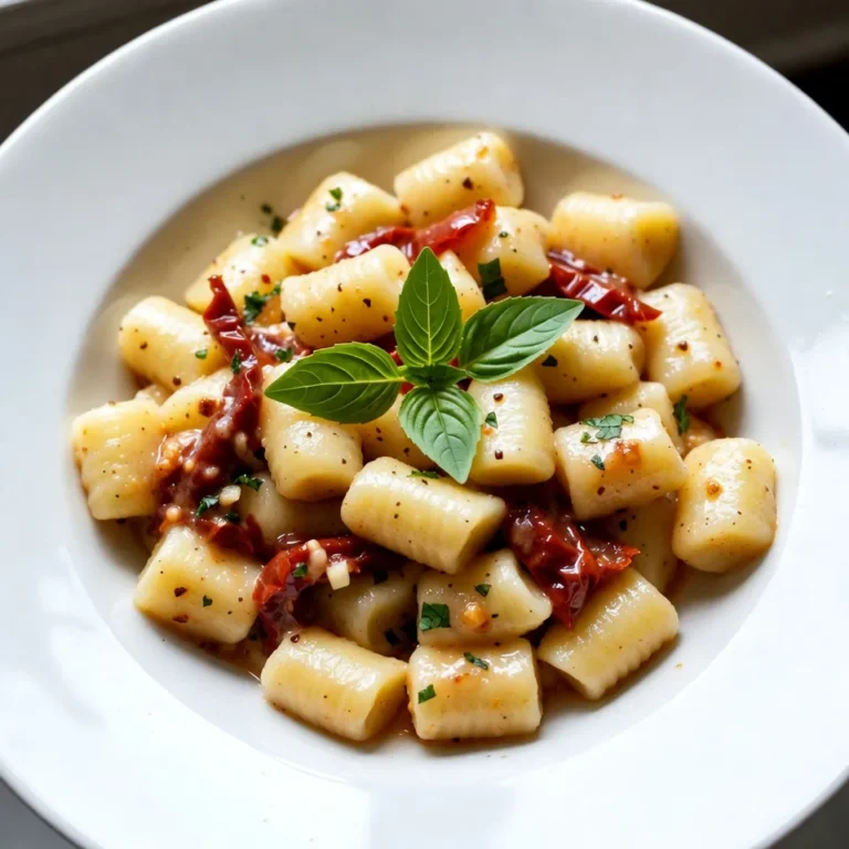 To make creamy sun-dried tomato gnocchi, you need the following: - 1 pound gnocchi (store-bought or homemade) - 1 cup sun-dried tomatoes packed in oil, drained and chopped - 2 cups heavy cream - 1 cup grated Parmesan cheese - 3 cloves garlic, minced - 1 teaspoon dried basil - 1 teaspoon dried oregano - Salt and pepper to taste - Fresh basil leaves for garnish - 2 tablespoons olive oil If you want to switch things up, here are some great swaps: - Use cashew cream instead of heavy cream for a lighter option. - Try feta cheese instead of Parmesan for a tangy kick. - Use fresh tomatoes instead of sun-dried for a fresh burst of flavor. - Swap dried herbs with fresh ones if you have them on hand. Using fresh ingredients makes a big difference in taste. Fresh garlic packs more flavor than the dried stuff. Fresh basil adds a bright note that dried herbs can't match. Plus, fresh gnocchi is often softer and tastier than the packaged kind. Fresh ingredients help you create a dish that is not just good but truly delightful. Enjoying fresh flavors makes every bite special. {{ingredient_image_1}} First, boil water in a large pot. Add salt to the water. This adds flavor. Once it's boiling, add the gnocchi. Cook them until they float to the top. This takes about 2-3 minutes. Floating means they are done. Drain the gnocchi and set them aside for now. Next, heat olive oil in a large skillet over medium heat. Once the oil is hot, add minced garlic. Sauté it for about one minute. You want it fragrant but not burnt. Then, add the chopped sun-dried tomatoes, dried basil, and oregano. Stir and cook this for another 2 minutes. This lets the flavors mix well. Now, pour in the heavy cream and let it simmer. Lower the heat and add grated Parmesan cheese. Stir continuously until the cheese melts. If the sauce is too thick, add a splash of pasta water. This keeps the sauce creamy and smooth. Finally, add the cooked gnocchi to the skillet. Toss them gently in the creamy sauce until they are fully coated. Season with salt and pepper to taste. Once everything looks delicious, divide the gnocchi onto plates. Garnish with fresh basil leaves and a sprinkle of Parmesan. Enjoy your creamy sun-dried tomato gnocchi! When making creamy sun-dried tomato gnocchi, watch out for a few common slip-ups. First, don’t overcook the gnocchi. They should float in boiling water for only 2-3 minutes. If you leave them too long, they’ll turn mushy. Second, be careful with the garlic. Sauté it until fragrant, but don’t let it burn. Burnt garlic can make your dish taste bitter. Lastly, when mixing the gnocchi with the sauce, stir gently. This way, you won’t break the soft gnocchi. To make the flavors pop, add a bit of fresh lemon juice. A squeeze at the end brightens the dish. You can also toss in some red pepper flakes for heat. This adds a nice kick without overwhelming the dish. Don’t forget fresh basil leaves as a garnish. They add color and a burst of freshness. If you want a richer taste, try using aged Parmesan cheese. Its deeper flavor will elevate your creamy sauce. Serve your creamy sun-dried tomato gnocchi hot, right from the pan. It looks stunning on a white plate, garnished with basil. Pair it with a simple green salad for a fresh crunch. A crisp side of garlic bread is great too, perfect for soaking up extra sauce. For a drink, a light white wine like Pinot Grigio complements the dish well. This way, you create a lovely balance of flavors that makes each bite delightful. Pro Tips Use Quality Ingredients: Opt for high-quality sun-dried tomatoes and fresh Parmesan cheese for a richer flavor in your sauce. Don't Overcook the Gnocchi: Gnocchi should be cooked just until they float in the boiling water to maintain a soft texture. Customize the Creaminess: Adjust the amount of heavy cream based on your preference for a lighter or richer sauce. Garnish for Freshness: Always garnish with fresh basil just before serving for a burst of color and flavor. {{image_2}} You can add protein to your creamy sun-dried tomato gnocchi in many ways. Chicken is a great choice. Simply cook diced chicken breast in the skillet before adding garlic. Cook it until it’s golden brown. Shrimp is another tasty option. Sauté shrimp in olive oil until pink and tender. For a heartier meal, consider adding crispy bacon or sausage. Just cook them first, then mix them into the dish. This makes your meal more filling and flavorful. If you want a vegetarian version, skip the meat and add more veggies. Spinach or kale adds great color and nutrition. You can also use mushrooms for a hearty texture. For a vegan option, swap heavy cream with coconut cream or a cashew cream. Use vegan Parmesan cheese to keep the flavor. This way, you still enjoy a rich taste without animal products. Seasonal veggies can make your gnocchi even better. In spring, try adding asparagus or peas for fresh flavor. Summer is perfect for zucchini or bell peppers. In fall, add roasted butternut squash or mushrooms. Winter calls for hearty greens like Swiss chard or Brussels sprouts. Just sauté them with garlic before adding to the sauce. This keeps your dish exciting and full of seasonal goodness. Store your creamy sun-dried tomato gnocchi in an airtight container. Let it cool to room temperature first. Then, place it in the fridge. It stays fresh for about three days. If you want to keep it longer, freezing is a great option. When it's time to enjoy your leftovers, use a skillet. Heat it over medium heat. Add a splash of cream or water to keep it moist. Stir the gnocchi gently to warm it up. You can also use the microwave. Just cover it to avoid drying out. Heat in short bursts, checking often. To freeze, pack the gnocchi tightly in a freezer-safe container. Separate layers with parchment paper. It can last up to three months in the freezer. When ready to eat, thaw it overnight in the fridge. Then reheat it as mentioned. This keeps the flavors intact. Yes, you can! To make creamy sun-dried tomato gnocchi gluten-free, use gluten-free gnocchi. Many brands offer gluten-free options made from potato, rice, or a blend of flours. Check the label to ensure it fits your needs. The rest of the ingredients, like cream and sun-dried tomatoes, are naturally gluten-free. This way, everyone can enjoy this tasty dish. Making gnocchi from scratch is simple and fun. Here’s how: 1. Gather Ingredients: You need 2 pounds of russet potatoes, 1 cup of all-purpose flour, and 1 egg. 2. Cook Potatoes: Boil the potatoes in their skins until tender. This takes about 30 minutes. 3. Mash: Peel the potatoes and mash them until smooth. 4. Mix: In a bowl, combine the mashed potatoes, flour, and egg. Form a dough. 5. Shape: Divide the dough into small pieces. Roll each piece into a rope and cut into small pieces. 6. Indent: Use a fork to create ridges on each piece. This helps sauce stick better. 7. Cook: Cook the gnocchi in boiling water until they float, about 2-3 minutes. Now you have homemade gnocchi ready for your creamy sauce! When serving creamy sun-dried tomato gnocchi, think about light and fresh sides. Here are some great options: - Garlic Bread: Perfect for soaking up the creamy sauce. - Green Salad: A simple salad with mixed greens and vinaigrette adds freshness. - Roasted Vegetables: Colorful veggies like zucchini and bell peppers complement the dish well. - Steamed Broccoli: Adds a healthy crunch and balances the creaminess. These sides enhance your meal and create a lovely dining experience! This blog post covered everything you need for making creamy sun-dried tomato gnocchi. We explored the key ingredients, step-by-step instructions, and helpful tips. You learned to avoid common mistakes and enhance flavors. I shared variations for dietary needs and details on storage. In summary, this dish is fun and easy to make, with fresh ingredients bringing it to life. Enjoy trying new variations and sharing your cooking moments!